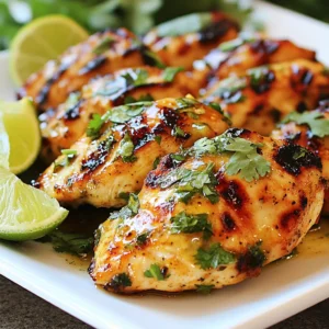 - 4 boneless, skinless chicken breasts - 1/4 cup fresh lime juice (about 2 limes) - 2 tablespoons olive oil - 2 tablespoons honey - 2 cloves garlic, finely minced - 1 tablespoon chili powder - 1 teaspoon ground cumin - 1/2 teaspoon smoked paprika - 1/2 teaspoon sea salt - 1/4 teaspoon freshly ground black pepper - Zest of 1 lime To make this dish amazing, start with good chicken. Boneless, skinless chicken breasts work best. They cook evenly and soak up the flavors well. Fresh lime juice and zest add a bright taste. The olive oil keeps the chicken moist, while honey adds a hint of sweetness. Garlic and spices like chili powder and cumin bring warmth and depth to the dish. - Fresh cilantro, finely chopped - Lime wedges For a pop of color and taste, add fresh cilantro. It brightens the plate and the flavor. Lime wedges give an extra zest when you squeeze them on top. These garnishes not only make the dish look great but also enhance the overall experience. {{ingredient_image_2}} To make the marinade, gather these ingredients: - 1/4 cup fresh lime juice - 2 tablespoons olive oil - 2 tablespoons honey - 2 cloves garlic, finely minced - 1 tablespoon chili powder - 1 teaspoon ground cumin - 1/2 teaspoon smoked paprika - 1/2 teaspoon sea salt - 1/4 teaspoon freshly ground black pepper - Zest of 1 lime In a mixing bowl, combine the lime juice, olive oil, honey, and minced garlic. Next, add the chili powder, ground cumin, smoked paprika, sea salt, black pepper, and lime zest. Whisk all the ingredients together until smooth. For the right consistency, ensure the honey dissolves well. If it feels too thick, add a splash of lime juice. This will help coat the chicken evenly. Place the chicken breasts in a resealable plastic bag or shallow dish. Pour the marinade over the chicken, making sure each piece is coated well. If using a bag, massage the marinade into the chicken for better flavor. Seal the bag or cover the dish with plastic wrap. Marinate in the fridge for at least 30 minutes. For richer flavor, marinate for up to 2 hours. This allows the chicken to absorb all those tasty flavors. Before grilling, preheat your outdoor grill to medium-high heat. This helps ensure even cooking for the chicken. Once the chicken has marinated, take it out of the bag or dish. Let any excess marinade drip off. Discard the leftover marinade to keep it safe. Place the chicken on the grill. Cook for about 6-7 minutes on each side. To check for doneness, the internal temperature should reach 165°F (75°C). You want the surface to be charred and caramelized for great flavor. After grilling, let the chicken rest for 5 minutes. This helps keep the juices inside, making it moist and tender. Before serving, add freshly chopped cilantro on top, along with lime wedges for extra zest. To make a great marinade, you need balance. I suggest using lime juice, honey, olive oil, and spices. Each ingredient adds a unique flavor. For a deeper taste, let the chicken sit in the marinade for longer. A good time is 1 to 2 hours. If you want more zest, add lime zest to the mix. You can also try adding a bit of soy sauce or ginger for an extra kick. When grilling, even cooking is key. Start with a clean grill. Preheat it to medium-high heat. This helps the chicken cook evenly. For nice grill marks, place the chicken on the grill at a 45-degree angle. After a few minutes, rotate it for perfect lines. Keep an eye on the time. Grill each side for about 6-7 minutes, or until it reaches 165°F (75°C). Presentation makes a difference. Serve the chicken on a colorful platter. Add lime wedges and a sprinkle of cilantro on top for color. This looks great and adds zest. Pair it with a fresh salad or grilled vegetables. Together, they make a complete meal that everyone will enjoy! Pro Tips Marination Time: For the best flavor, marinate the chicken for at least 2 hours or overnight if possible. This allows the flavors to penetrate deeply. Grill Temperature: Make sure your grill is preheated to medium-high before placing the chicken on it. This will help achieve a nice sear and prevent sticking. Don’t Overcook: Use a meat thermometer to check for doneness. Chicken is safe to eat at an internal temperature of 165°F (75°C) to avoid dryness. Resting Period: Allow the grilled chicken to rest for about 5 minutes before slicing. This helps the juices redistribute, keeping the meat juicy and tender. {{image_4}} You can switch up the protein in this recipe. Instead of chicken, try shrimp or tofu. Shrimp cooks quickly, so grill it for about 2-3 minutes per side. Tofu needs more time, around 4-5 minutes per side. Make sure to marinate both just like the chicken for great flavor. Want more heat? Add cayenne pepper or diced jalapeños to the marinade. Start with a small amount and taste it. For a milder dish, skip the chili powder or use sweet paprika instead. You can also serve it with a cooling dip, like yogurt or sour cream. If grilling isn’t an option, you can bake the chicken. Preheat your oven to 375°F (190°C). Place the marinated chicken on a baking sheet and cook for about 25-30 minutes. Check the internal temperature to ensure it reaches 165°F (75°C). Another option is using a stovetop skillet. Heat a little oil in the skillet over medium heat and cook the chicken for 6-7 minutes per side. This method gives you a nice sear and keeps the chicken juicy. To keep your chili lime grilled chicken fresh, follow these tips: - Let the chicken cool to room temperature. - Place it in an airtight container to prevent moisture loss. - Store in the fridge for up to 4 days. Using glass or BPA-free plastic containers works best. These materials help keep the chicken safe and tasty. Reheating your chicken correctly keeps it juicy. Here’s how: - Microwave: Place chicken on a plate. Cover with a damp paper towel. Heat in 30-second bursts until warm. - Oven: Preheat the oven to 350°F (175°C). Place chicken in a baking dish with a splash of water or broth. Cover with foil. Heat for about 15-20 minutes. Both methods work, but the oven gives a better texture. Enjoy your flavorful chicken! You can marinate the chicken for at least 30 minutes. This gives the chicken a nice flavor. For a deeper taste, marinate for up to 2 hours. If you let it sit longer, the flavors will be more intense. Just don’t go over 24 hours, or the chicken may become too salty and mushy. Yes, you can freeze chili lime grilled chicken. After grilling, let the chicken cool down. Place it in a freezer-safe bag or container. It stays good for about 2 to 3 months. When ready to eat, defrost it in the fridge overnight. You can reheat it in the oven or on the grill. Make sure it’s hot all the way through. This dish pairs well with many sides. Here are a few ideas: - Grilled vegetables like zucchini, bell peppers, and corn. - Fresh salads with avocado, tomatoes, and lime dressing. - Rice or quinoa with herbs for a filling option. - Cold drinks like iced tea or a light beer add a nice touch. These sides balance the flavors of the chicken and make the meal complete. You've learned how to make a tasty chili lime grilled chicken. We covered the key ingredients, step-by-step instructions, and tips for perfecting your dish. You also explored variations and storage methods for leftovers. Now, it’s time to get grilling! Enjoy crafting your meals and impressing your friends with this flavorful recipe. Happy cooking!