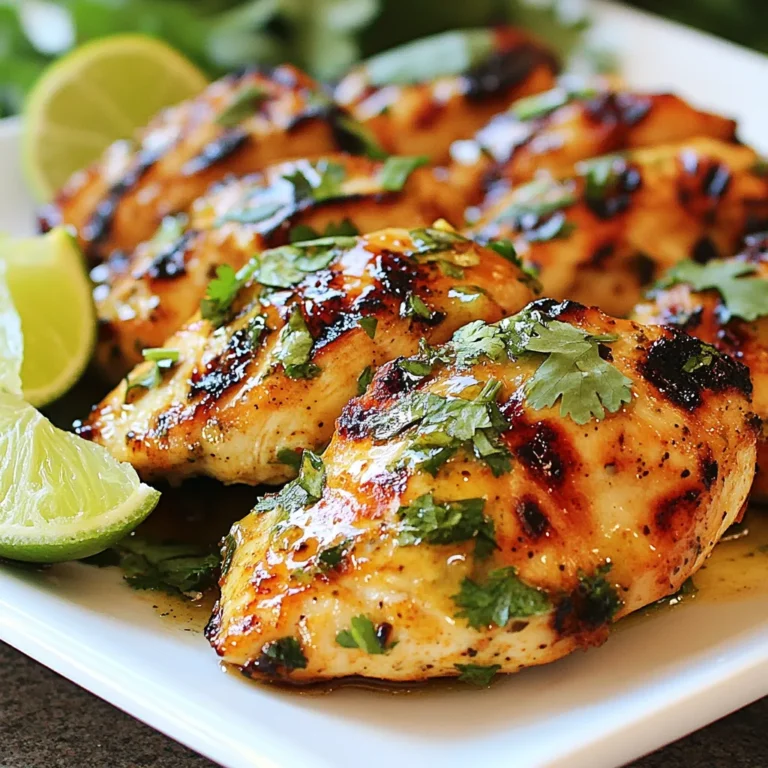 - 4 boneless, skinless chicken breasts - 1/4 cup fresh lime juice (about 2 limes) - 2 tablespoons olive oil - 2 tablespoons honey - 2 cloves garlic, finely minced - 1 tablespoon chili powder - 1 teaspoon ground cumin - 1/2 teaspoon smoked paprika - 1/2 teaspoon sea salt - 1/4 teaspoon freshly ground black pepper - Zest of 1 lime To make this dish amazing, start with good chicken. Boneless, skinless chicken breasts work best. They cook evenly and soak up the flavors well. Fresh lime juice and zest add a bright taste. The olive oil keeps the chicken moist, while honey adds a hint of sweetness. Garlic and spices like chili powder and cumin bring warmth and depth to the dish. - Fresh cilantro, finely chopped - Lime wedges For a pop of color and taste, add fresh cilantro. It brightens the plate and the flavor. Lime wedges give an extra zest when you squeeze them on top. These garnishes not only make the dish look great but also enhance the overall experience. {{ingredient_image_2}} To make the marinade, gather these ingredients: - 1/4 cup fresh lime juice - 2 tablespoons olive oil - 2 tablespoons honey - 2 cloves garlic, finely minced - 1 tablespoon chili powder - 1 teaspoon ground cumin - 1/2 teaspoon smoked paprika - 1/2 teaspoon sea salt - 1/4 teaspoon freshly ground black pepper - Zest of 1 lime In a mixing bowl, combine the lime juice, olive oil, honey, and minced garlic. Next, add the chili powder, ground cumin, smoked paprika, sea salt, black pepper, and lime zest. Whisk all the ingredients together until smooth. For the right consistency, ensure the honey dissolves well. If it feels too thick, add a splash of lime juice. This will help coat the chicken evenly. Place the chicken breasts in a resealable plastic bag or shallow dish. Pour the marinade over the chicken, making sure each piece is coated well. If using a bag, massage the marinade into the chicken for better flavor. Seal the bag or cover the dish with plastic wrap. Marinate in the fridge for at least 30 minutes. For richer flavor, marinate for up to 2 hours. This allows the chicken to absorb all those tasty flavors. Before grilling, preheat your outdoor grill to medium-high heat. This helps ensure even cooking for the chicken. Once the chicken has marinated, take it out of the bag or dish. Let any excess marinade drip off. Discard the leftover marinade to keep it safe. Place the chicken on the grill. Cook for about 6-7 minutes on each side. To check for doneness, the internal temperature should reach 165°F (75°C). You want the surface to be charred and caramelized for great flavor. After grilling, let the chicken rest for 5 minutes. This helps keep the juices inside, making it moist and tender. Before serving, add freshly chopped cilantro on top, along with lime wedges for extra zest. To make a great marinade, you need balance. I suggest using lime juice, honey, olive oil, and spices. Each ingredient adds a unique flavor. For a deeper taste, let the chicken sit in the marinade for longer. A good time is 1 to 2 hours. If you want more zest, add lime zest to the mix. You can also try adding a bit of soy sauce or ginger for an extra kick. When grilling, even cooking is key. Start with a clean grill. Preheat it to medium-high heat. This helps the chicken cook evenly. For nice grill marks, place the chicken on the grill at a 45-degree angle. After a few minutes, rotate it for perfect lines. Keep an eye on the time. Grill each side for about 6-7 minutes, or until it reaches 165°F (75°C). Presentation makes a difference. Serve the chicken on a colorful platter. Add lime wedges and a sprinkle of cilantro on top for color. This looks great and adds zest. Pair it with a fresh salad or grilled vegetables. Together, they make a complete meal that everyone will enjoy! Pro Tips Marination Time: For the best flavor, marinate the chicken for at least 2 hours or overnight if possible. This allows the flavors to penetrate deeply. Grill Temperature: Make sure your grill is preheated to medium-high before placing the chicken on it. This will help achieve a nice sear and prevent sticking. Don’t Overcook: Use a meat thermometer to check for doneness. Chicken is safe to eat at an internal temperature of 165°F (75°C) to avoid dryness. Resting Period: Allow the grilled chicken to rest for about 5 minutes before slicing. This helps the juices redistribute, keeping the meat juicy and tender. {{image_4}} You can switch up the protein in this recipe. Instead of chicken, try shrimp or tofu. Shrimp cooks quickly, so grill it for about 2-3 minutes per side. Tofu needs more time, around 4-5 minutes per side. Make sure to marinate both just like the chicken for great flavor. Want more heat? Add cayenne pepper or diced jalapeños to the marinade. Start with a small amount and taste it. For a milder dish, skip the chili powder or use sweet paprika instead. You can also serve it with a cooling dip, like yogurt or sour cream. If grilling isn’t an option, you can bake the chicken. Preheat your oven to 375°F (190°C). Place the marinated chicken on a baking sheet and cook for about 25-30 minutes. Check the internal temperature to ensure it reaches 165°F (75°C). Another option is using a stovetop skillet. Heat a little oil in the skillet over medium heat and cook the chicken for 6-7 minutes per side. This method gives you a nice sear and keeps the chicken juicy. To keep your chili lime grilled chicken fresh, follow these tips: - Let the chicken cool to room temperature. - Place it in an airtight container to prevent moisture loss. - Store in the fridge for up to 4 days. Using glass or BPA-free plastic containers works best. These materials help keep the chicken safe and tasty. Reheating your chicken correctly keeps it juicy. Here’s how: - Microwave: Place chicken on a plate. Cover with a damp paper towel. Heat in 30-second bursts until warm. - Oven: Preheat the oven to 350°F (175°C). Place chicken in a baking dish with a splash of water or broth. Cover with foil. Heat for about 15-20 minutes. Both methods work, but the oven gives a better texture. Enjoy your flavorful chicken! You can marinate the chicken for at least 30 minutes. This gives the chicken a nice flavor. For a deeper taste, marinate for up to 2 hours. If you let it sit longer, the flavors will be more intense. Just don’t go over 24 hours, or the chicken may become too salty and mushy. Yes, you can freeze chili lime grilled chicken. After grilling, let the chicken cool down. Place it in a freezer-safe bag or container. It stays good for about 2 to 3 months. When ready to eat, defrost it in the fridge overnight. You can reheat it in the oven or on the grill. Make sure it’s hot all the way through. This dish pairs well with many sides. Here are a few ideas: - Grilled vegetables like zucchini, bell peppers, and corn. - Fresh salads with avocado, tomatoes, and lime dressing. - Rice or quinoa with herbs for a filling option. - Cold drinks like iced tea or a light beer add a nice touch. These sides balance the flavors of the chicken and make the meal complete. You've learned how to make a tasty chili lime grilled chicken. We covered the key ingredients, step-by-step instructions, and tips for perfecting your dish. You also explored variations and storage methods for leftovers. Now, it’s time to get grilling! Enjoy crafting your meals and impressing your friends with this flavorful recipe. Happy cooking!