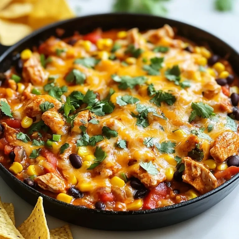- 1 lb boneless, skinless chicken breasts, diced into bite-sized pieces - 1 tablespoon olive oil - 1 medium onion, finely diced - 2 cloves garlic, minced - 1 can (14 oz) diced tomatoes with green chilies, undrained - 1 can (15 oz) black beans, thoroughly rinsed and drained - 1 cup corn kernels (can be fresh, canned, or frozen) - 1 tablespoon chipotle powder - 1 teaspoon ground cumin - 1 teaspoon smoked paprika - Salt and freshly ground black pepper to taste - 1 cup shredded sharp cheddar cheese - 1 cup shredded Monterey Jack cheese - 1/4 cup fresh cilantro, roughly chopped - Tortilla chips, for serving - For chicken, use one pound. This gives a good amount for four servings. - The olive oil should be one tablespoon. This helps cook the chicken perfectly. - Use one medium onion for flavor. Dice it finely for even cooking. - You need two cloves of garlic. This adds a nice aroma and taste. - One can of diced tomatoes adds moisture and spice. The green chilies make it zesty. - Use one can of black beans. Rinse and drain them well. This removes extra salt. - One cup of corn adds sweetness. You can use fresh, canned, or frozen corn. - One tablespoon of chipotle powder gives heat. Adjust based on your spice preference. - Use one teaspoon each of cumin and smoked paprika for depth of flavor. - Season with salt and black pepper to taste. This enhances all the flavors. - For cheese, use one cup each of sharp cheddar and Monterey Jack. This makes it gooey. - Finally, use a quarter cup of chopped cilantro for freshness. - Serve with tortilla chips for scooping. - If you don’t have chicken breasts, use thighs. They stay moist and are tasty. - Olive oil can be replaced with vegetable oil or avocado oil. - Any type of onion works, but red onion adds sweetness. - If you lack fresh garlic, use garlic powder. One teaspoon is enough. - Substitute diced tomatoes with green chilies for regular diced tomatoes. Add some hot sauce for spice. - You can skip black beans for a lighter dish or use pinto beans instead. - Frozen corn can replace fresh corn. Just thaw it before using. - For chipotle powder, use smoked paprika and a pinch of cayenne. - Use any cheese you like. Pepper jack adds heat, while mozzarella offers a milder flavor. - Fresh parsley can replace cilantro if you prefer a different herb. - Serve with corn chips, pita chips, or even sliced veggies for dipping. {{ingredient_image_2}} First, take a large skillet and heat one tablespoon of olive oil over medium-high heat. Once the oil is hot, add one pound of diced chicken breasts. Season the chicken with salt, black pepper, chipotle powder, ground cumin, and smoked paprika. Cook the chicken for about six to seven minutes. Your goal is to have it cooked through and lightly browned. Now, it’s time to bring in some flavor. Add one finely diced medium onion and two minced garlic cloves to the skillet. Stir them in with the chicken. Cook everything together until the onion is soft and clear, about three to four minutes. Next, stir in one can of diced tomatoes with green chilies, one can of rinsed black beans, and one cup of corn. Mix well and let this simmer for five to six minutes. This helps all those yummy flavors blend together. Reduce the heat to low and sprinkle one cup each of shredded sharp cheddar and Monterey Jack cheese over the top. Cover the skillet with a lid. Let the cheese melt for about three to five minutes. This creates a delicious, gooey layer. Once the cheese is melted, remove the skillet from heat. Garnish with freshly chopped cilantro for a fresh touch. Serve warm with tortilla chips for a fun, tasty meal! You can change the spice level to fit your taste. If you like it mild, use less chipotle powder. For a spicier kick, add more. You can also mix in diced jalapeños or hot sauce for extra heat. Always taste as you go. This way, you keep control over the spice. To get juicy chicken, heat the skillet well before adding the meat. Use a bit of olive oil to help with browning. Don’t overcrowd the pan; cook in batches if needed. This helps the chicken brown nicely. Season it well with salt and spices. Cook until it’s no longer pink, about 6-7 minutes. For a great look, serve the skillet right from the pan. Garnish with fresh cilantro on top. You can add a drizzle of sour cream for creaminess. Slices of avocado also make a tasty addition. Don't forget the tortilla chips for scooping! These little touches make your dish pop. Pro Tips Adjust the Spice Level: If you prefer a milder dish, reduce the amount of chipotle powder or substitute it with smoked paprika for a smoky flavor without the heat. Cheese Variations: Experiment with different types of cheese such as pepper jack for a spicy kick or a combination of mozzarella and gouda for a creamy texture. Make it a Meal Prep: This skillet dish stores well in the refrigerator for up to 3 days. Reheat and serve with fresh tortilla chips for a quick meal. Fresh Garnishes: Enhance the flavor by adding sliced avocado, jalapeños, or a dollop of sour cream on top before serving for an extra layer of richness. {{image_4}} You can easily make this dish meat-free. Just swap the chicken for hearty veggies. Use diced zucchini, bell peppers, or mushrooms. You can also add more beans for protein. Black beans work well, or try pinto beans. For extra flavor, add more spices or even some extra chipotle powder. This gives a nice kick without the meat. If you want to switch up the protein, there are many options. You can use ground turkey or beef instead of chicken. Cook them in the same way as the chicken. Shredded rotisserie chicken is also a great choice. It's quick and still tasty. You might even try tofu for a plant-based protein. Just ensure it’s firm and well-seasoned. Toppings can make your enchilada skillet even better. Fresh cilantro adds a bright flavor. Slices of avocado bring creaminess. You can sprinkle some crumbled queso fresco or feta cheese on top for extra taste. A dollop of sour cream or Greek yogurt gives a cool contrast to the spice. Tortilla chips are a must for scooping up that delicious mix! To keep your Chipotle Chicken Enchilada Skillet fresh, let it cool first. Transfer it to an airtight container. This way, it stays tasty for up to three days in the fridge. Make sure to store any tortilla chips separately to keep them crunchy. If you want to freeze your enchilada skillet, it’s easy! First, let the dish cool completely. Then, place it in a freezer-safe container. This meal can stay good for up to three months. When you're ready to eat, just thaw it in the fridge overnight. When it's time to enjoy your leftovers, reheat them gently. You can use the microwave for quick warming. For best results, heat it on the stove over low heat. Stir occasionally until it’s hot. If the cheese is too thick, add a splash of water for moisture. Enjoy your flavorful meal! Yes, you can make this dish gluten-free! Use corn tortillas instead of regular ones. Check all canned ingredients for gluten. Many canned beans and tomatoes are gluten-free, but always read the labels. This way, you can enjoy the flavors without any gluten issues. You can serve this dish with tortilla chips, rice, or a fresh salad. A side of sour cream enhances the flavors. Guacamole or salsa also pairs well with it. You can even add some sliced avocado for a creamy touch. Each side makes the meal more fun! This dish lasts about 3 to 4 days in the fridge. Store it in an airtight container to keep it fresh. Before eating, reheat it in the microwave or on the stove. Just make sure it’s heated well before you dig in again! This blog post covered all you need to make a great Chipotle Chicken Enchilada Skillet. We detailed ingredients, including measurements and substitutions. I provided step-by-step instructions for cooking the dish perfectly. We explored tips for adjusting spice levels and techniques for juicy chicken. Variations and storage tips ensure you can enjoy this meal again. In conclusion, this dish is easy to modify and serve. I hope you feel inspired to make it your own!