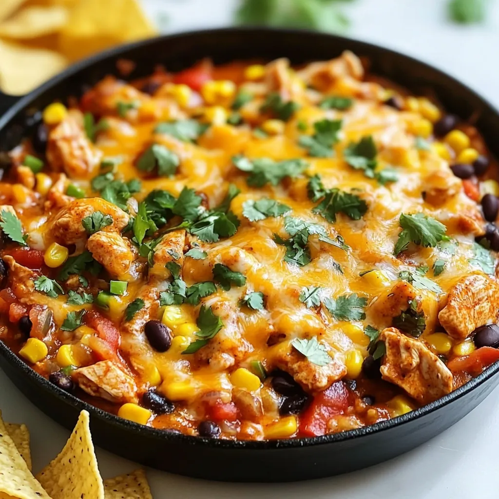 - 1 lb boneless, skinless chicken breasts, diced into bite-sized pieces - 1 tablespoon olive oil - 1 medium onion, finely diced - 2 cloves garlic, minced - 1 can (14 oz) diced tomatoes with green chilies, undrained - 1 can (15 oz) black beans, thoroughly rinsed and drained - 1 cup corn kernels (can be fresh, canned, or frozen) - 1 tablespoon chipotle powder - 1 teaspoon ground cumin - 1 teaspoon smoked paprika - Salt and freshly ground black pepper to taste - 1 cup shredded sharp cheddar cheese - 1 cup shredded Monterey Jack cheese - 1/4 cup fresh cilantro, roughly chopped - Tortilla chips, for serving - For chicken, use one pound. This gives a good amount for four servings. - The olive oil should be one tablespoon. This helps cook the chicken perfectly. - Use one medium onion for flavor. Dice it finely for even cooking. - You need two cloves of garlic. This adds a nice aroma and taste. - One can of diced tomatoes adds moisture and spice. The green chilies make it zesty. - Use one can of black beans. Rinse and drain them well. This removes extra salt. - One cup of corn adds sweetness. You can use fresh, canned, or frozen corn. - One tablespoon of chipotle powder gives heat. Adjust based on your spice preference. - Use one teaspoon each of cumin and smoked paprika for depth of flavor. - Season with salt and black pepper to taste. This enhances all the flavors. - For cheese, use one cup each of sharp cheddar and Monterey Jack. This makes it gooey. - Finally, use a quarter cup of chopped cilantro for freshness. - Serve with tortilla chips for scooping. - If you don’t have chicken breasts, use thighs. They stay moist and are tasty. - Olive oil can be replaced with vegetable oil or avocado oil. - Any type of onion works, but red onion adds sweetness. - If you lack fresh garlic, use garlic powder. One teaspoon is enough. - Substitute diced tomatoes with green chilies for regular diced tomatoes. Add some hot sauce for spice. - You can skip black beans for a lighter dish or use pinto beans instead. - Frozen corn can replace fresh corn. Just thaw it before using. - For chipotle powder, use smoked paprika and a pinch of cayenne. - Use any cheese you like. Pepper jack adds heat, while mozzarella offers a milder flavor. - Fresh parsley can replace cilantro if you prefer a different herb. - Serve with corn chips, pita chips, or even sliced veggies for dipping. {{ingredient_image_2}} First, take a large skillet and heat one tablespoon of olive oil over medium-high heat. Once the oil is hot, add one pound of diced chicken breasts. Season the chicken with salt, black pepper, chipotle powder, ground cumin, and smoked paprika. Cook the chicken for about six to seven minutes. Your goal is to have it cooked through and lightly browned. Now, it’s time to bring in some flavor. Add one finely diced medium onion and two minced garlic cloves to the skillet. Stir them in with the chicken. Cook everything together until the onion is soft and clear, about three to four minutes. Next, stir in one can of diced tomatoes with green chilies, one can of rinsed black beans, and one cup of corn. Mix well and let this simmer for five to six minutes. This helps all those yummy flavors blend together. Reduce the heat to low and sprinkle one cup each of shredded sharp cheddar and Monterey Jack cheese over the top. Cover the skillet with a lid. Let the cheese melt for about three to five minutes. This creates a delicious, gooey layer. Once the cheese is melted, remove the skillet from heat. Garnish with freshly chopped cilantro for a fresh touch. Serve warm with tortilla chips for a fun, tasty meal! You can change the spice level to fit your taste. If you like it mild, use less chipotle powder. For a spicier kick, add more. You can also mix in diced jalapeños or hot sauce for extra heat. Always taste as you go. This way, you keep control over the spice. To get juicy chicken, heat the skillet well before adding the meat. Use a bit of olive oil to help with browning. Don’t overcrowd the pan; cook in batches if needed. This helps the chicken brown nicely. Season it well with salt and spices. Cook until it’s no longer pink, about 6-7 minutes. For a great look, serve the skillet right from the pan. Garnish with fresh cilantro on top. You can add a drizzle of sour cream for creaminess. Slices of avocado also make a tasty addition. Don't forget the tortilla chips for scooping! These little touches make your dish pop. Pro Tips Adjust the Spice Level: If you prefer a milder dish, reduce the amount of chipotle powder or substitute it with smoked paprika for a smoky flavor without the heat. Cheese Variations: Experiment with different types of cheese such as pepper jack for a spicy kick or a combination of mozzarella and gouda for a creamy texture. Make it a Meal Prep: This skillet dish stores well in the refrigerator for up to 3 days. Reheat and serve with fresh tortilla chips for a quick meal. Fresh Garnishes: Enhance the flavor by adding sliced avocado, jalapeños, or a dollop of sour cream on top before serving for an extra layer of richness. {{image_4}} You can easily make this dish meat-free. Just swap the chicken for hearty veggies. Use diced zucchini, bell peppers, or mushrooms. You can also add more beans for protein. Black beans work well, or try pinto beans. For extra flavor, add more spices or even some extra chipotle powder. This gives a nice kick without the meat. If you want to switch up the protein, there are many options. You can use ground turkey or beef instead of chicken. Cook them in the same way as the chicken. Shredded rotisserie chicken is also a great choice. It's quick and still tasty. You might even try tofu for a plant-based protein. Just ensure it’s firm and well-seasoned. Toppings can make your enchilada skillet even better. Fresh cilantro adds a bright flavor. Slices of avocado bring creaminess. You can sprinkle some crumbled queso fresco or feta cheese on top for extra taste. A dollop of sour cream or Greek yogurt gives a cool contrast to the spice. Tortilla chips are a must for scooping up that delicious mix! To keep your Chipotle Chicken Enchilada Skillet fresh, let it cool first. Transfer it to an airtight container. This way, it stays tasty for up to three days in the fridge. Make sure to store any tortilla chips separately to keep them crunchy. If you want to freeze your enchilada skillet, it’s easy! First, let the dish cool completely. Then, place it in a freezer-safe container. This meal can stay good for up to three months. When you're ready to eat, just thaw it in the fridge overnight. When it's time to enjoy your leftovers, reheat them gently. You can use the microwave for quick warming. For best results, heat it on the stove over low heat. Stir occasionally until it’s hot. If the cheese is too thick, add a splash of water for moisture. Enjoy your flavorful meal! Yes, you can make this dish gluten-free! Use corn tortillas instead of regular ones. Check all canned ingredients for gluten. Many canned beans and tomatoes are gluten-free, but always read the labels. This way, you can enjoy the flavors without any gluten issues. You can serve this dish with tortilla chips, rice, or a fresh salad. A side of sour cream enhances the flavors. Guacamole or salsa also pairs well with it. You can even add some sliced avocado for a creamy touch. Each side makes the meal more fun! This dish lasts about 3 to 4 days in the fridge. Store it in an airtight container to keep it fresh. Before eating, reheat it in the microwave or on the stove. Just make sure it’s heated well before you dig in again! This blog post covered all you need to make a great Chipotle Chicken Enchilada Skillet. We detailed ingredients, including measurements and substitutions. I provided step-by-step instructions for cooking the dish perfectly. We explored tips for adjusting spice levels and techniques for juicy chicken. Variations and storage tips ensure you can enjoy this meal again. In conclusion, this dish is easy to modify and serve. I hope you feel inspired to make it your own!