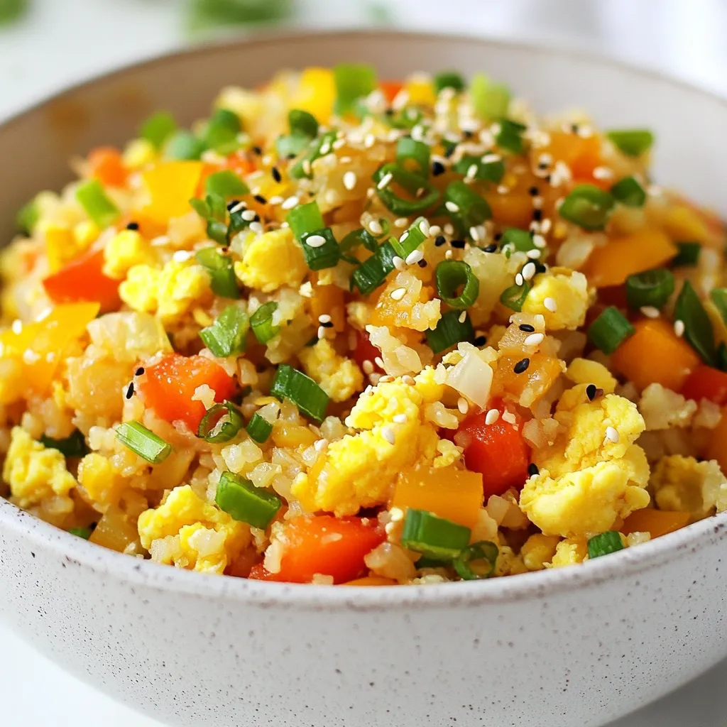 - Cauliflower: Head to Rice Transformation Cauliflower is the star of this dish. It transforms into a rice-like texture with a food processor. This veggie is low in carbs and high in fiber. It makes fried rice lighter and healthier. - Fresh Vegetables: Carrots, Bell Peppers, and Green Onions I love adding fresh veggies. Diced carrots add sweetness and crunch. Bell peppers bring color and flavor. Green onions offer a mild, fresh taste that brightens the dish. - Essential Aromatics: Garlic and Ginger Garlic and ginger create a wonderful aroma. They add depth and warmth to the dish. Minced garlic brings a sharp flavor, while grated ginger adds a slight zing. - Soy Sauce or Tamari: Flavor Base Soy sauce is a key ingredient. It gives the dish a savory, umami flavor. Tamari is a great gluten-free option. Use it to keep the taste strong and satisfying. - Rice Vinegar: Extra Flavor Boost A splash of rice vinegar adds brightness. It balances the savory notes and enhances the overall flavor. This touch makes each bite pop with freshness. - Optional Add-ins: Peas, Corn, or Other Vegetables You can mix in peas or corn for extra sweetness. Feel free to add any favorite veggies. This flexibility makes the dish fun and customizable. - Eggs: Traditional or Substitutes Beaten eggs are classic in fried rice. They add protein and richness. You can swap them with a plant-based egg substitute for a vegan version. - Adding Chicken, Tofu, or Shrimp for Extra Protein Boost the protein by adding cooked chicken, tofu, or shrimp. These options make the dish hearty and filling. Choose what you like best for a personal touch. {{ingredient_image_2}} To start, trim the outer leaves and thick stem of the cauliflower. Cut the head into smaller florets. Use a food processor to pulse these florets. You want them to look like rice grains. This texture makes the dish light and fluffy. Set the cauliflower rice aside for later use. Next, heat a large skillet or wok over medium-high heat. Pour in the sesame oil. Allow it to warm until it shimmers gently. Add the finely chopped green onions, diced carrot, and bell pepper. Stir-fry these veggies for about 3-4 minutes. You want them to soften and show bright colors. Now, it's time to add aromatics. Introduce the minced garlic and grated ginger into the mix. Sauté them for another minute. This step fills your kitchen with a delicious aroma. Push the vegetable mixture to one side of the skillet. Create a clear area for the eggs. Pour the beaten eggs into this space and scramble them gently. Cook until they are firm and no longer runny. Then, combine them with the veggies. Next, incorporate the cauliflower rice into the skillet. Mix all the ingredients gently. Make sure every grain of cauliflower gets coated with flavor. Now, drizzle soy sauce and rice vinegar over the mixture. Stir everything well to combine. Season with salt and pepper to your taste. Let it cook for about 5-6 minutes. Stir occasionally, ensuring the cauliflower rice gets tender but still has a slight bite. If you want more veggies, fold in peas or corn. Cook for an additional 2 minutes to heat them through. Enjoy your delicious cauliflower fried rice! How to Prevent Soggy Fried Rice To keep your cauliflower fried rice from getting soggy, use dry cauliflower. After processing, let it sit for a few minutes. This helps remove excess moisture. Also, cook over high heat. This method ensures that everything cooks quickly, so the rice stays firm. Choosing the Right Cauliflower Freshness Fresh cauliflower makes a big difference. Look for heads that are firm and have bright green leaves. Avoid any that show signs of browning or wilting. A fresh head of cauliflower will give you the best texture. Experimenting with Seasonings Don’t be afraid to play with spices! Adding a pinch of chili flakes can give your dish some heat. You can also try adding cumin or smoked paprika for a different twist. These flavors make each bite exciting. Adding Fresh Herbs for Extra Flavor Fresh herbs like cilantro or basil can brighten the dish. Chop them finely and sprinkle them on top just before serving. This small step adds a burst of freshness that elevates the meal. Best Skillet or Wok to Use A large skillet or wok works best for frying the rice. It should have a flat bottom to ensure even heat. Non-stick surfaces help prevent sticking, making it easier to stir and toss the ingredients. Recommended Food Processor for Ricing Cauliflower When ricing cauliflower, a good food processor makes it fast. Look for a model with a strong motor. It should easily chop the florets into small bits. This ensures uniform size for even cooking. Pro Tips Use Fresh Cauliflower: Always choose a firm and fresh head of cauliflower for the best texture and flavor in your fried rice. Don't Overcook the Cauliflower: Keep a close eye on the cauliflower rice while cooking; it should be tender yet retain a slight crunch for the best eating experience. Experiment with Vegetables: Feel free to add your favorite vegetables, such as snap peas or broccoli, to customize the dish and add more nutrition. Perfect the Seasoning: Taste as you go! Adjust the soy sauce and seasoning to your preference to balance the flavors perfectly. {{image_4}} Substituting Eggs with Plant-Based Alternatives If you want a vegan dish, you can skip the eggs. Use a mix of chickpea flour and water instead. This mix will help bind your fried rice and add protein. It also gives a nice texture. Adding Tofu for a Protein Boost Tofu is a great choice for extra protein. Cube firm tofu and sauté it in the skillet before adding the cauliflower rice. This adds a lovely texture and flavor to your dish. Seasonal Veggies for Flavor Variation Add seasonal vegetables for new tastes. Think about using zucchini in summer or root veggies in winter. Each season brings fresh flavors that can elevate your dish. Creative Add-ins: Mushrooms, Broccoli, and More Mushrooms and broccoli are fantastic choices. They add earthiness and crunch. You can also try bell peppers, peas, or spinach for added nutrients and color. Making Spicy Cauliflower Fried Rice Want a kick? Add red pepper flakes or sriracha for heat. You can mix these into the soy sauce for an even spread of spice. It adds a fun twist to your dish. Sweet and Savory Combinations Mix sweet and savory flavors for something unique. A dash of pineapple juice or a sprinkle of coconut sugar can elevate the taste. This combo brings a delightful balance to your meal. - Refrigeration Guidelines: Cool the fried rice to room temperature. Store in an airtight container. It stays fresh for up to 4 days in the fridge. - Best Storage Containers to Use: Use glass or BPA-free plastic containers. These help keep your food safe and reduce odors. - Microwave vs. Stovetop: Pros and Cons: The microwave heats quickly but may make the rice soggy. The stovetop takes longer but keeps the texture nice. - Tips for Preserving Texture During Reheating: Add a splash of water or oil when using the microwave. Stir often on the stovetop to avoid sticking. - Instructions for Freezing and Thawing Effectively: Cool the fried rice first, then portion it into freezer bags. Lay them flat for easy stacking. Thaw in the fridge overnight before reheating. - Best Practices for Long-Term Storage: Label the bags with the date. Use within 2-3 months for the best taste. Yes, you can use frozen cauliflower rice. It saves time and is convenient. Frozen cauliflower rice is often pre-processed, making it easy to cook. However, fresh cauliflower rice has a better texture. Frozen rice can become mushy if overcooked. When using frozen rice, cook it straight from the freezer. No need to thaw first. Cauliflower fried rice is low in carbs. One serving contains about 10 grams of carbs. This is much lower than traditional fried rice. The cauliflower replaces rice, cutting down on carbs. It also gives you fiber and vitamins. This dish is great for low-carb diets. You can substitute soy sauce with tamari for a gluten-free option. Tamari is similar in taste and works well in this recipe. If you want a low-sodium option, try coconut aminos. This adds a sweet, savory flavor without extra salt. You can also use homemade sauces made from broth and spices. Cauliflower fried rice is a simple, tasty dish. You can transform cauliflower into a rice alternative with fresh veggies, aromatics, and great seasonings. There are many protein choices, like eggs or tofu, to make it filling. As you cook, keep those tips in mind for the best texture and flavor. Explore various vegetables and seasonings to create your own version. Store leftovers properly, and enjoy this healthy dish multiple times. With these steps, you'll master cauliflower fried rice and impress anyone who tries it.