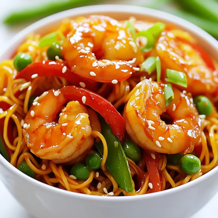 - 8 oz lo mein noodles - 1 lb large shrimp, peeled and deveined - 2 tablespoons vegetable oil - 1 tablespoon sesame oil - 1 red bell pepper, thinly sliced - 1 cup snap peas, trimmed - 3 cloves garlic, minced - 2 inches fresh ginger, grated - 2 tablespoons soy sauce - 1 tablespoon chili garlic sauce - 1 tablespoon oyster sauce - 2 green onions, sliced (for garnish) - Sesame seeds (for garnish) - Salt and pepper to taste I love the balance of flavors in this dish. The key ingredients are simple but powerful. First, you need lo mein noodles. They give the dish its base and texture. Use fresh or dried noodles based on your preference. Next, you have shrimp. Large, peeled, and deveined shrimp are the best choice. They cook fast and soak up flavors well. For the oils, I use vegetable oil for cooking and sesame oil for flavor. They work together to enhance the dish. The veggies are just as important. I like red bell pepper for sweetness and snap peas for crunch. They add color and nutrients to your meal. Garlic and ginger bring warmth and depth. Their strong scents will fill your kitchen and make your mouth water. Soy sauce, chili garlic sauce, and oyster sauce add umami. Adjust the chili garlic sauce to match your spice level. Finally, green onions and sesame seeds are for garnish. They make the dish look great and add a nice crunch. With these ingredients, you will create a vibrant and tasty meal in no time. {{ingredient_image_2}} Start by boiling a large pot of water. Add salt to the water to enhance the flavor of the noodles. Once the water boils, add 8 oz of lo mein noodles. Cook them according to the package instructions until they are al dente. This usually takes about 3 to 5 minutes. After cooking, drain the noodles in a colander. To prevent sticking, drizzle the noodles with 1 tablespoon of sesame oil and toss them gently. Set them aside for later. In a large skillet or wok, heat 2 tablespoons of vegetable oil over medium-high heat. Once the oil is hot, add 1 lb of peeled and deveined shrimp. Lightly season the shrimp with salt and pepper. Sauté the shrimp for 2 to 3 minutes. You know they are done when they turn pink and opaque. Remove the shrimp from the skillet and keep them warm on a plate. In the same skillet, add 3 cloves of minced garlic and 2 inches of grated ginger. Cook for about 30 seconds until fragrant. Next, add 1 thinly sliced red bell pepper and 1 cup of trimmed snap peas. Stir-fry the vegetables for 3 to 4 minutes. They should be bright and slightly tender but still crisp. Return the cooked shrimp to the skillet with the vegetables. Now, add the lo mein noodles to the mix. Pour in 2 tablespoons of soy sauce, 1 tablespoon of chili garlic sauce, and 1 tablespoon of oyster sauce. Gently toss everything together for 2 to 3 minutes. Make sure the noodles and shrimp are well coated in the sauce and heated through. After combining, remove the skillet from the heat. For a beautiful presentation, serve the lo mein hot. Garnish with sliced green onions and a sprinkle of sesame seeds. This adds both flavor and visual appeal to your dish. Enjoy your meal! - Choose large shrimp that are fresh and firm. - Look for shrimp with a slight sheen and no strong odor. - To cook shrimp, heat oil in a skillet over medium-high heat. - Cook shrimp for 2-3 minutes until they turn pink. - To avoid rubbery shrimp, do not overcook them. Overcooking makes shrimp tough and chewy. The right timing is key. - Add spices like red pepper flakes or black pepper for extra heat. - Use garlic powder or onion powder to boost the taste. - Adjust chili garlic sauce based on your spice preference. - Consider adding a splash of lime juice for brightness. Experiment with flavors to find your perfect balance. - You can steam lo mein instead of boiling for a different texture. - Try stir-frying in a wok for a smoky flavor. - For meal prep, cook a big batch of shrimp and noodles ahead. - Store cooked noodles in oil to prevent sticking. Meal prep saves time on busy weeknights and makes cooking easier. Pro Tips Use Fresh Ingredients: Whenever possible, use fresh vegetables and shrimp for the best flavor and texture. Fresh ingredients make a noticeable difference in taste. Control the Heat: Adjust the amount of chili garlic sauce based on your heat preference. Start with less and add more if you prefer a spicier dish. Don’t Overcook the Noodles: Make sure to cook the lo mein noodles just until al dente. They will continue to cook when you stir-fry them with the other ingredients. Garnish for Flavor: Don’t skip the green onions and sesame seeds! They add a fresh crunch and enhance the overall presentation of the dish. {{image_4}} You can swap shrimp for many other proteins. Chicken works well and has a mild flavor. Tofu is a great choice for a plant-based option. When using chicken, cook it for about 5-7 minutes until it is no longer pink. If you use tofu, sauté it until golden brown to add texture. Adjust cooking times based on what protein you choose. To make Spicy Shrimp Lo Mein plant-based, just remove the shrimp. Use more veggies like broccoli, carrots, and mushrooms. Try adding some edamame for protein. Toss in some bok choy for crunch. This way, you keep the dish colorful and tasty while enjoying a veggie feast. If you cannot find lo mein noodles, use spaghetti or rice noodles. Both can give you a nice texture. For gluten-free options, try rice noodles or zucchini noodles. They cook quickly and soak up the flavors well. Just remember to adjust the cooking time to ensure they don’t get mushy. To keep your spicy shrimp lo mein fresh, store leftovers right away. Use airtight containers to prevent moisture loss. This keeps your dish tasty and safe to eat. I recommend glass or BPA-free plastic containers. They seal well and are easy to clean. When reheating lo mein, use a skillet or a microwave. In a skillet, heat on low and add a splash of water. This keeps the noodles from drying out. Stir often to warm evenly. In the microwave, cover the bowl with a lid or wrap. Heat in short bursts, stirring in between. This helps maintain the texture and flavor. You can freeze lo mein, but it's best to do this before adding shrimp. Cook the noodles and veggies, then cool them. Place them in airtight containers. For shrimp, cook fresh when you’re ready to eat. To thaw, place in the fridge overnight, then reheat as described above. This way, your meal tastes fresh and delicious! Lo mein is a Chinese dish made from soft wheat noodles. It differs from chow mein, which uses crispy fried noodles. Lo mein noodles are soft, chewy, and perfect for soaking up sauce. Chow mein noodles are often crisp and crunchy. Both dishes use similar ingredients like vegetables and proteins, making them delicious comfort food. Yes, you can prep this dish in advance. Cook the shrimp and vegetables, then store them in the fridge. Keep the noodles separate to avoid sogginess. You can store everything in airtight containers. When ready to eat, simply reheat everything in a pan. This saves time on busy nights. To make it milder, reduce the chili garlic sauce. You can also use less hot sauce or replace it with a sweeter sauce. For extra heat, add more chili garlic sauce or some red pepper flakes. Taste as you go to find your perfect spice level. Some great sides include spring rolls, dumplings, or a fresh salad. You might also enjoy a hot bowl of miso soup. For drinks, try iced tea or a light beer. These pairings balance the flavors and make your meal complete. Lo mein has roots in Chinese cuisine, tracing back to Cantonese cooking. It reflects the blend of cultures in China. The dish became popular in Western countries too, adapting to local tastes. Today, it is a staple in Chinese restaurants worldwide, loved for its flavor and versatility. You now know how to make a delicious Spicy Shrimp Lo Mein. We covered the needed ingredients, step-by-step cooking instructions, and helpful tips to enhance the recipe. Remember, you can easily switch proteins or adjust spice levels based on your taste. Storing leftovers properly can keep them fresh for later. Whether you choose to serve this dish alone or with sides, it's a tasty meal sure to impress. Enjoy your cooking, and have fun making this dish your own!