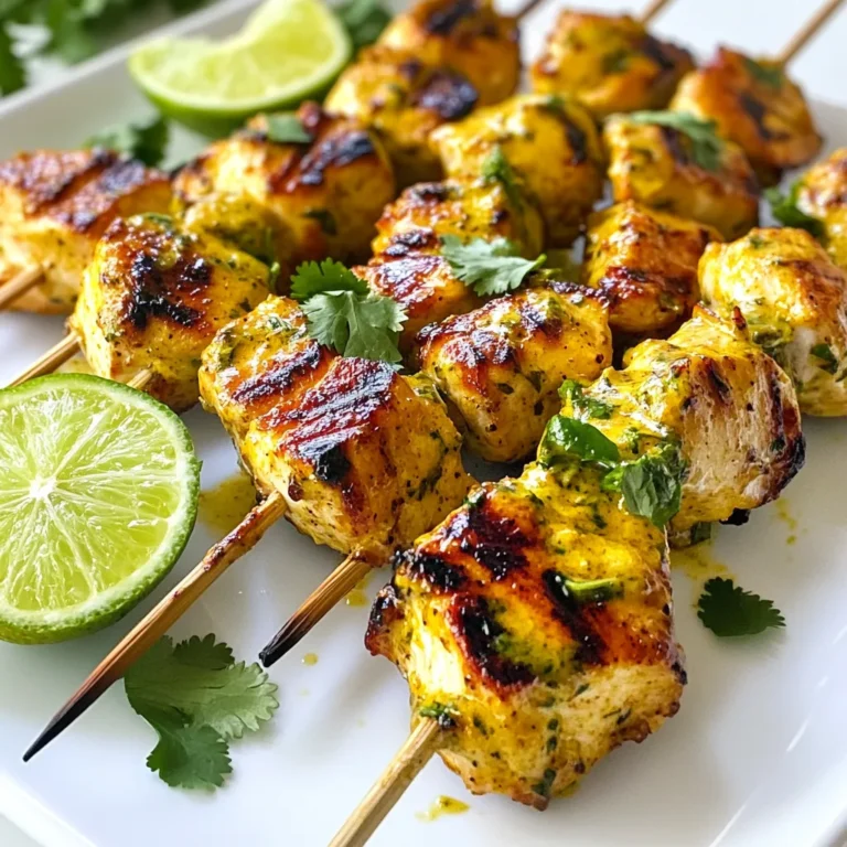 - 1 lb chicken breast - 1 cup coconut milk - Zest and juice of 2 limes - 2 tablespoons honey - 1 tablespoon soy sauce - 2 cloves garlic, minced - 1 teaspoon fresh ginger, grated - Salt and pepper - 1/4 cup fresh cilantro, chopped - Wooden or metal skewers For this dish, you need chicken breast as the main protein. It cooks quickly and stays juicy. The coconut milk gives a rich, creamy flavor. Limes add brightness with their zest and juice. Honey balances the flavors with sweetness. Soy sauce adds saltiness and depth. Garlic and ginger bring warmth and aroma to the dish. Don't forget about the seasoning! Salt and pepper enhance all the flavors. Fresh cilantro adds a burst of color and freshness on top. Finally, you will need skewers to hold everything together. If you use wooden skewers, soak them in water to stop them from burning on the grill. This mix of ingredients makes a great meal that everyone will enjoy! {{ingredient_image_2}} To make the marinade, start by mixing these ingredients in a bowl: - 1 cup coconut milk - Zest and juice of 2 limes - 2 tablespoons honey - 1 tablespoon soy sauce - 2 cloves garlic, minced - 1 teaspoon fresh ginger, grated - Salt and pepper to taste Whisk everything together until blended well. This mix is key. It flavors the chicken deeply. For the best taste, marinate the chicken for four hours. If you are short on time, one hour works too. The longer you let it sit, the better the flavor. Next, soak wooden skewers in water for 30 minutes. This step stops them from burning on the grill. If you skip this, your skewers might catch fire. While soaking, preheat your grill to medium heat. A hot grill helps the chicken cook evenly and get those nice grill marks. Once your grill is ready, it’s time to grill the skewers. Place them on the grill for 10 to 12 minutes. Turn them often to cook evenly. You want to see nice grill marks and for the chicken to be fully cooked. Use a meat thermometer to check the chicken. It needs to reach 165°F (75°C) inside. This step is crucial for food safety. For the best flavor, marinate the chicken for at least 1 hour. However, I recommend marinating for up to 4 hours. This longer time allows the flavors to soak in deeply. You can also add spices like cayenne pepper or smoked paprika. These spices give a nice kick and depth to the skewers. To make your dish look stunning, serve the skewers on a rustic wooden platter. This adds a natural touch that complements the dish. You can also drizzle a reduction of coconut milk around the skewers. It adds a creamy look and boosts the flavor. For extra flair, garnish with fresh cilantro and lime wedges. This brings vibrant color and a fresh aroma to your meal. Pro Tips Marination Magic: The longer you marinate the chicken, the more flavor it absorbs. Aim for at least 4 hours for the best results. Grill Preheating: Always preheat your grill to medium heat before adding the skewers. This ensures even cooking and perfect grill marks. Use a Meat Thermometer: To avoid undercooking or overcooking, check the internal temperature of the chicken. It should reach 165°F (75°C). Presentation Perfection: For an eye-catching presentation, serve the skewers on a wooden platter and drizzle some coconut milk reduction around them. {{image_4}} You can switch out chicken for shrimp or tofu. Shrimp cooks fast and absorbs flavors well. Tofu is great for a plant-based option. Both are tasty! For cooking, you can oven-bake or broil your skewers. Baking takes about 15-20 minutes at 400°F (200°C). Broiling will take less time, around 8-10 minutes, so watch them closely. To spice things up, consider adding cayenne pepper or paprika to your marinade. Both will give a nice kick! If you prefer a fresh twist, try adding herbs like parsley or mint. They bring brightness to your dish. Experiment with these variations to find your favorite combo. Enjoy the process of creating something special! To keep your coconut lime chicken skewers fresh, follow these steps: - Refrigeration: Place leftover skewers in an airtight container. Store them in the fridge for up to 3 days. This keeps the chicken moist and flavorful. - Freezing: If you want to save them longer, freeze the skewers. Wrap each one in plastic wrap and place them in a freezer bag. They can last up to 3 months in the freezer. When you're ready to eat, just thaw them in the fridge overnight before reheating. When it’s time to enjoy your leftovers, reheating is key. Here’s how to do it safely: - Microwave Method: Place the skewers on a microwave-safe plate. Heat in 30-second intervals until warm. This keeps them juicy. - Oven Method: Preheat your oven to 350°F (175°C). Place the skewers on a baking sheet and cover with foil. Heat for about 10 minutes. This method helps to maintain their texture. - Grill Method: For the best flavor, reheat on the grill. Just a few minutes on each side will bring back that great grilled taste. You should marinate the chicken for at least 1 hour. This allows the flavors to soak in. For the best taste, aim for 4 hours. Longer marinating adds more depth to the flavor, making each bite delicious. Yes, you can use coconut cream if you want a richer taste. Coconut cream will give your skewers a thicker texture. Just keep in mind that this will make the marinade sweeter and creamier. You can serve various side dishes with your skewers. Here are some great options: - Rice: Coconut rice pairs well for a tropical touch. - Salad: A fresh green salad with lime vinaigrette works nicely. - Vegetables: Grilled veggies like bell peppers and zucchini add color and flavor. - Dipping Sauces: Try a spicy mango salsa or a tangy yogurt dip. These sides will enhance the meal and impress your guests! You've learned how to make tasty coconut lime chicken skewers. We covered the key ingredients, like chicken breast and coconut milk. You saw the importance of marinating and grilling tips to ensure juicy chicken. Variations let you use shrimp or tofu for your skewers, engaging your creativity. Storage and reheating advice helps keep your leftovers fresh. Now, you can enjoy delicious meals with ease. Have fun experimenting with flavors and presentations! Your next gathering will be a hit with these skewers on the grill.