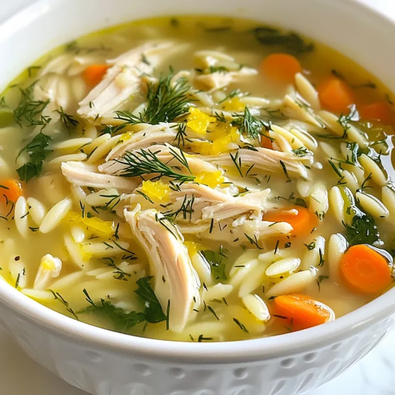 - 1 lb boneless, skinless chicken breasts - 1 cup orzo pasta - 4 cups chicken broth (preferably low-sodium) - 1 medium onion, finely diced - 2 cloves garlic, minced - 2 medium carrots, sliced into thin rounds - 2 celery stalks, diced into small pieces - 1 cup fresh spinach, roughly chopped - 3 tablespoons fresh dill, finely chopped (or 1 tablespoon dried dill) - Zest of 1 lemon and juice from the same lemon - Salt and pepper, to taste - 2 tablespoons olive oil For a lighter option, use chicken thighs instead of breasts. If you want a gluten-free meal, substitute orzo with gluten-free pasta. You can also use vegetable broth for a vegetarian version. Fresh dill gives the best flavor, but dried dill works in a pinch. This soup serves about six people. Each serving is rich in protein from the chicken and provides vitamins from the spinach, carrots, and celery. The orzo adds carbs for energy. The lemon juice boosts vitamin C, while the olive oil offers healthy fats. Each bowl is a comforting choice for a balanced meal. {{ingredient_image_2}} 1. Start by heating 2 tablespoons of olive oil in a large pot over medium heat. 2. Add 1 diced onion, 2 sliced carrots, and 2 diced celery stalks. Cook for about 5-7 minutes. 3. Stir until the onion looks soft and clear. This gives a good base flavor. 4. Add 2 minced garlic cloves and cook for 1 more minute. You want to smell that garlic! 5. Next, place 1 lb of chicken breasts into the pot. Pour in 4 cups of chicken broth. 6. Bring this mix to a boil, then lower the heat. Let it simmer for 15-20 minutes. 7. When the chicken is cooked, take it out and set it on a cutting board. 8. Use two forks to shred the chicken into small pieces. Set it aside. 9. While the chicken cools, add 1 cup of orzo pasta to the pot. Cook it for about 8-10 minutes. 10. In the last 2 minutes, stir in 1 cup of chopped spinach, the shredded chicken, and 3 tablespoons of fresh dill. 11. Don’t forget to add the zest and juice from 1 lemon for brightness. 12. Taste your soup and season with salt and pepper as you like. 13. Let it rest for a few minutes off the heat. This lets the flavors blend well. - The onion should look soft and clear, not brown. This means it’s ready. - When the chicken is done, it should be white all the way through. No pink at all. - The orzo will be tender but still firm when it is al dente. Taste a piece to check. - The spinach should wilt down nicely, adding color to your soup. - Do not rush the sautéing step. It builds flavor, so take your time. - Don’t skip shredding the chicken well. It helps mix flavors throughout the soup. - Be careful not to overcook the orzo. It can turn mushy if left too long. - Adjust salt and pepper after cooking. This makes sure you don’t add too much early on. To make this soup even better, focus on the herbs. Fresh dill is key here. Add more if you love its taste. You can also try adding thyme or parsley for a twist. A splash of white wine adds depth too. If you want a kick, try a pinch of red pepper flakes. This will bring warmth without overpowering the dish. When storing leftovers, let the soup cool first. Then, place it in an airtight container. It keeps well in the fridge for up to three days. If you have extra orzo, consider keeping it separate. This helps prevent it from getting mushy. You can also freeze the soup for up to three months. Just remember to thaw it overnight in the fridge before reheating. Serve this soup warm in large bowls. A sprinkle of fresh dill on top adds a nice touch. A slice of lemon on the side brightens the flavors too. Pair it with crusty bread for dipping. If you want a fuller meal, add a simple salad on the side. Enjoy the comforting flavors with friends and family! Pro Tips Use Fresh Ingredients: For the best flavor, use fresh dill and spinach. Fresh herbs can significantly enhance the taste of your soup. Perfectly Cooked Orzo: Be careful not to overcook the orzo. It should be al dente, as it will continue to cook slightly after being added to the soup. Adjust for Acidity: If you prefer a more pronounced lemon flavor, feel free to add more lemon juice or zest according to your taste. Make it a Meal: Serve the soup with a side of crusty bread or a fresh salad to make it a complete and satisfying meal. {{image_4}} You can make this soup gluten-free by swapping the orzo with gluten-free pasta. Look for rice or quinoa pasta for great texture. Another option is to use rice. Just add it early to cook in the broth. This keeps the soup tasty and safe for those avoiding gluten. To create a vegetarian version, skip the chicken and use vegetable broth. You can add chickpeas or white beans for protein. Toss in more veggies like zucchini or bell peppers for extra flavor. The fresh dill and lemon will still shine through, making it light and fresh. You can play with herbs to change the taste. Try parsley or basil for a different twist. Thyme or oregano gives a warm flavor that pairs well with chicken and veggies. Adjust the herbs to your liking. This soup is a great base to explore your favorite tastes. To store your Lemon Dill Chicken Orzo Soup, let it cool first. Use an airtight container. This keeps the soup fresh for up to three days in the fridge. Label the container with the date. This helps you know when to use it. You can freeze the soup if you want to save it longer. Pour the cooled soup into freezer-safe bags or containers. Leave some space at the top for expansion. This soup freezes well for up to three months. When you’re ready to eat it, thaw it in the fridge overnight. Reheat the soup on the stove over medium heat. Stir it often to prevent sticking. You can also use the microwave. Place the soup in a microwave-safe bowl and cover it. Heat for two to three minutes, stirring halfway through. Make sure it’s hot all the way through before serving. Enjoy your warm bowl of comfort! Yes, you can use frozen chicken. Just add it directly to the pot. Cook it longer until it is fully cooked. Check that it reaches 165°F inside. This method works well and saves time. To make your orzo soup creamy, add a splash of heavy cream. You can also stir in some cream cheese. Another great option is to blend a portion of the soup. This adds a nice texture. To make the soup heartier, add more vegetables like peas or potatoes. You could also toss in some beans for extra protein. If you want more grains, try adding rice or quinoa. Each option makes the soup more filling. This blog post covers key ingredients, clear cooking steps, and helpful tips for your dish. We explored ways to enhance flavor, different variations to suit dietary needs, and smart storage methods. By avoiding common mistakes and following our guidelines, you can create a tasty meal every time. Remember, cooking is a skill that improves with practice. Enjoy experimenting and making this dish your own!