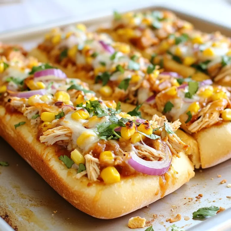 To make BBQ chicken French bread pizza, you will need the following items: - 1 large French bread loaf - 1 cup cooked chicken, shredded - 1/2 cup BBQ sauce (your favorite variety) - 1 cup shredded mozzarella cheese - 1/2 cup red onion, thinly sliced - 1/2 cup corn (canned or frozen, drained if canned) - 1/4 cup fresh cilantro, chopped - 1 teaspoon garlic powder - Salt and freshly ground black pepper to taste You can swap some ingredients for your needs: - French bread: Use whole grain or gluten-free bread. - Shredded chicken: Try rotisserie chicken or canned chicken for quick meals. - BBQ sauce: Use a spicy or sweet sauce based on your taste. - Mozzarella cheese: Cheddar or pepper jack cheese can add a new flavor. - Corn: You can replace it with bell peppers or jalapeños for some heat. - Cilantro: Swap with fresh parsley or skip it if you dislike cilantro. For the best flavor, try these brands: - BBQ Sauce: Sweet Baby Ray's or Stubb's Original. - Mozzarella Cheese: Sargento or Galbani for rich taste. - French Bread: La Brea Bakery for fresh, quality bread. - Canned Corn: Del Monte or Green Giant for reliable quality. These choices will help your BBQ chicken French bread pizza shine! {{ingredient_image_2}} First, heat your oven to 375°F (190°C). This helps the pizza bake perfectly. Next, take your large French bread loaf. Carefully slice it in half lengthwise. Place both halves on a baking sheet, cut sides facing up. This makes it easy to add toppings later. In a mixing bowl, add 1 cup of shredded chicken. Pour in 1/2 cup of your favorite BBQ sauce. Sprinkle 1 teaspoon of garlic powder, plus a pinch of salt and pepper. Mix it all well. You want the chicken to be fully coated in the sauce. This adds great flavor to your pizza. Spread the BBQ chicken mixture generously on each bread half. Use a spatula to make it even. Then, sprinkle 1 cup of shredded mozzarella cheese on top. Next, add 1/2 cup of thinly sliced red onion and 1/2 cup of corn. This adds texture and taste. Now, place the baking sheet in the oven. Bake for 15-20 minutes. Keep an eye on it! You want the cheese to melt and turn golden brown. Once you take it out, let it cool for a few minutes. Finally, garnish with 1/4 cup of chopped cilantro. Slice into pieces and enjoy your BBQ chicken French bread pizza! To get your pizza nice and crispy, start by using a fresh French bread loaf. Slice it in half lengthwise. This gives more surface area for crisping. Place the bread cut side up on a baking sheet. Bake it for a few minutes before adding toppings. This step helps to dry the bread slightly. A little toast before you add the toppings makes a big difference. You can make this dish even tastier with some simple add-ins. Try adding sliced jalapeños for a spicy kick. Fresh bell peppers add color and crunch. You can also mix in some black beans for extra protein. For a unique twist, swap the mozzarella with pepper jack cheese. Just be sure to keep the BBQ sauce balanced with these flavors. One common mistake is using too much sauce. You want flavor, not soggy bread. Stick to about half a cup of BBQ sauce for the chicken. Another mistake is overbaking. Keep an eye on the cheese. Once it's melted and bubbly, it’s time to take it out. Letting it bake too long can dry out the bread. Lastly, don’t skip the fresh cilantro. It adds a bright flavor that really enhances the dish! Pro Tips Use Fresh Ingredients: When possible, opt for fresh cilantro and high-quality BBQ sauce to elevate the flavors of your pizza. Customize Your Toppings: Feel free to add other toppings like bell peppers or jalapeños to give your pizza a unique twist. Monitor Cheese Melting: Keep an eye on the pizza in the oven; the cheese should be bubbly and golden but not burnt. Let It Rest: Allow the pizza to cool for a few minutes after baking to make slicing easier and avoid burns. {{image_4}} You can easily make a vegetarian version. Start by swapping the chicken for veggies. Use bell peppers, mushrooms, and zucchini. Chop them small and sauté them in olive oil. Mix these veggies with BBQ sauce, garlic powder, salt, and pepper. Spread this mix on your bread. Top with cheese and bake as usual. This gives you a tasty, meat-free meal. Want a kick? Add heat to your BBQ chicken pizza. Use spicy BBQ sauce or mix in some crushed red pepper flakes. You can also add fresh jalapeños or diced chipotle peppers. These will spice things up and give a nice smokiness. Spread the spicy chicken mix on your loaf, add cheese, and bake. The result will be a fiery treat. Get creative with toppings! You can replace mozzarella cheese with cheddar or pepper jack. These add unique flavors. Try adding fresh spinach or arugula on top for a fresh taste. Pineapple gives a sweet twist, while black olives add some saltiness. Mix and match based on what you love. The options are endless, making each pizza unique and fun! To store your BBQ chicken French bread pizza, first let it cool. Then, wrap each piece tightly in plastic wrap. You can also use aluminum foil. Place the wrapped pizza in a container. This keeps it fresh for up to three days in the fridge. When you're ready to enjoy leftovers, preheat your oven to 350°F (175°C). Place the pizza on a baking sheet. Heat for about 10-15 minutes. This keeps the bread crispy and the cheese melty. Avoid using the microwave, as it makes the pizza soggy. To freeze your BBQ chicken pizza, wrap each slice tightly in plastic wrap. Then, place the slices in a freezer bag. Make sure to remove as much air as possible. You can freeze the pizza for up to two months. When you're ready to eat, thaw it in the fridge overnight. Then, reheat as described above for the best taste. Yes, you can use gluten-free French bread. Many brands offer gluten-free options. Choose a loaf that has a good texture. Your BBQ chicken pizza will still taste great! I love to serve this pizza with a fresh salad. A simple green salad works well. You can also add some crunchy veggies like carrots or cucumbers. Chips or fries make a fun side too. A cold drink, like lemonade, pairs perfectly. Baking time varies by bread type. French bread usually takes about 15-20 minutes. A thicker bread may need longer, around 25-30 minutes. Always check for a golden crust and melted cheese for the best results. We covered all you need to create BBQ chicken French bread pizza. We talked about key ingredients, step-by-step instructions, and tips for a perfect dish. You can try tasty variations and learn how to store leftovers. Remember, making this pizza at home is fun and easy. Don't hesitate to experiment with flavors. Enjoy your cooking journey and share this recipe with friends. Good food brings people together!