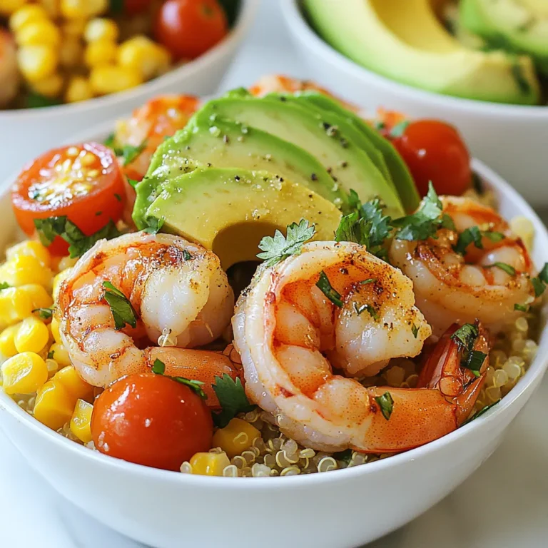 To create these Cilantro Lime Shrimp Bowls, gather the following ingredients: - 1 lb large shrimp, peeled and deveined - 2 tablespoons olive oil - 3 cloves garlic, minced - Juice and zest of 2 limes - 1 teaspoon ground cumin - 1 teaspoon chili powder - Salt and pepper to taste - 1 cup quinoa, rinsed - 2 cups vegetable broth or water - 1 cup corn (canned or frozen, thawed) - 1 cup cherry tomatoes, halved - 1 avocado, sliced - 1/2 cup fresh cilantro, chopped - Optional toppings: sliced jalapeños, lime wedges, radish for garnish You can easily swap some ingredients based on what you have. If you don’t have quinoa, use brown rice or couscous. For shrimp, you can use scallops or cooked chicken. If you prefer a milder taste, skip the chili powder or use a sweet paprika instead. Fresh cilantro can be replaced with parsley for a different flavor profile. Choosing fresh ingredients makes a big difference. For shrimp, look for a firm texture and a mild ocean smell. Avoid shrimp that smell overly fishy. When picking limes, choose ones that feel heavy for their size. They should be firm but not hard. For the avocado, select ones that yield slightly to gentle pressure. This indicates ripeness. Fresh garlic should be firm and dry, not sprouted. {{ingredient_image_2}} First, gather your large shrimp. You need one pound that is peeled and deveined. In a large bowl, mix two tablespoons of olive oil with three cloves of minced garlic. Add in the juice and zest of two limes, one teaspoon of ground cumin, and one teaspoon of chili powder. Season with salt and pepper to your taste. Toss the shrimp in this mixture, coating them evenly. Let them sit for 10 to 15 minutes. This helps the shrimp soak up all the tasty flavors. While the shrimp is marinating, it’s time to cook the quinoa. In a medium saucepan, bring two cups of vegetable broth or water to a boil. Once it’s boiling, add one cup of rinsed quinoa. Cover the saucepan and lower the heat to let it simmer. Cook it for about 15 minutes or until all the liquid is absorbed. When done, fluff the quinoa with a fork. This will give it a nice texture. Now, let’s cook the shrimp. Heat a large skillet over medium-high heat. When it’s hot, add the marinated shrimp in a single layer. Cook for 2 to 3 minutes on each side. The shrimp should turn pink and opaque when done. Be careful not to overcook them, or they will get tough. Once cooked, take them off the heat. Time to build your bowls! Start with a layer of cooked quinoa at the bottom of each bowl. Place the cooked shrimp on top. Next, add one cup of corn, one cup of halved cherry tomatoes, and sliced avocado. Finish with a sprinkle of chopped cilantro for that fresh touch. For extra brightness, drizzle some lime juice on top. Adjust the seasoning with more salt and pepper if you like. You can also add sliced jalapeños, lime wedges, and thinly sliced radish as optional toppings for some extra flair. Enjoy your flavorful meal! To cook shrimp perfectly, start with fresh shrimp. Look for shrimp that smell like the ocean, not fishy. When cooking, heat the skillet to medium-high. Add the marinated shrimp in a single layer. Cook each side for 2-3 minutes. The shrimp will turn pink and opaque when done. Remove them from heat right away. Overcooking can make shrimp tough, so watch them closely. The marinade is key to great flavor. Use fresh lime juice and zest for the best taste. The garlic adds a nice kick, so don’t skip it. Ground cumin and chili powder give depth. For a little heat, add a pinch of cayenne pepper. Let the shrimp marinate for 10-15 minutes. This allows the flavors to soak in well, making every bite delicious. To make your bowls pop, add fresh toppings. Sliced jalapeños add spice and crunch. Lime wedges boost the tangy taste of the dish. Thinly sliced radish gives a nice crunch too. Don't forget the chopped cilantro for freshness. These extras make the meal not just tasty but colorful too. Enjoy the mix of flavors in every bite! Pro Tips Marinate for Maximum Flavor: Allow the shrimp to marinate for at least 15 minutes; this enhances the flavor by allowing the spices and lime to penetrate the shrimp. Perfectly Cooked Shrimp: Keep an eye on the shrimp while cooking; they only need 2-3 minutes per side. Overcooking can make them rubbery. Quinoa Cooking Tips: Rinse the quinoa before cooking to remove its natural coating, which can make it taste bitter. This step is crucial for a delicious side. Presentation Matters: For a stunning presentation, layer your ingredients neatly and sprinkle with fresh cilantro and lime wedges to give a vibrant color contrast. {{image_4}} For a vegetarian or vegan option, swap shrimp for tofu or chickpeas. Tofu has a great texture. Use firm tofu for the best results. Press it to remove excess water, then cut it into cubes. Marinate it just like the shrimp. Chickpeas are a fantastic choice too. They soak up flavors well. Toss them in the marinade and cook them until warm. You can change flavors easily in this dish. Instead of quinoa, try brown rice or farro as your base. Each grain brings its own taste and texture. For a spicy kick, add smoked paprika or cayenne pepper to the marinade. You can also switch lime juice for lemon juice. This gives a different zest that still works well. Toppings play a big role in flavor and fun. Try adding sliced jalapeños for heat. A sprinkle of feta cheese gives a creamy texture. You can also include black beans for extra protein and fiber. For crunch, thinly sliced radish or cucumbers work great. Don't forget lime wedges on the side. They enhance every bite with fresh juice! You can store leftover Cilantro Lime Shrimp Bowls in an airtight container. Keep them in the fridge for up to three days. Make sure to separate the shrimp from the quinoa and veggies. This helps keep everything fresh and tasty. If you mix them, the quinoa can absorb too much moisture. When you want to reheat, do it gently. Use a skillet over low heat to warm the shrimp. This keeps them tender. You can add a splash of lime juice to freshen up the flavor. If you prefer the microwave, heat in short bursts. Stir in between to avoid overcooking. You can freeze the shrimp bowls, but it's best to freeze shrimp and quinoa separately. Place them in freezer-safe bags. Remove as much air as possible to prevent freezer burn. They can stay in the freezer for up to three months. To defrost, move them to the fridge overnight before reheating. Shrimp is done when it turns pink and opaque. It should curl into a C shape. If it forms an O shape, it is overcooked. The cooking time is about 2-3 minutes on each side. Use a timer to avoid overcooking. Perfectly cooked shrimp feels firm to the touch. Yes, you can use frozen shrimp! Just thaw them first. You can do this by placing them in cold water for about 15 minutes. Drain well before marinating. This helps the shrimp absorb the tasty flavors. Frozen shrimp is often just as good as fresh. You can serve Cilantro Lime Shrimp Bowls with many sides. Here are some great options: - Black beans for added protein - A fresh green salad for crunch - Tortilla chips for a fun crunch - Grilled vegetables for extra flavor - A dollop of sour cream for creaminess These sides enhance your meal and add more nutrition. Cilantro Lime Shrimp Bowls offer simple steps and fresh ingredients for a great meal. You learned about ingredient choices, cooking techniques, and creative variations. Remember to select fresh items for the best taste. Enjoy experimenting with toppings and finding new flavor combinations. This dish is easy to store and reheat, making it perfect for busy days. Embrace these tips and enjoy a delicious and satisfying meal any time. Happy cooking!