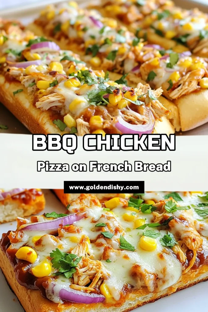 Satisfy your cravings with this easy BBQ chicken pizza made on a French bread base! This quick BBQ chicken recipe features tender shredded chicken, zesty BBQ sauce, and gooey mozzarella cheese, creating a cheesy chicken pizza that’s perfect for busy weeknights. Try this delicious French bread pizza recipe for an effortless dinner idea that the whole family will love. Save this post for your next meal! #BBQChickenPizza #EasyDinnerIdeas #FrenchBreadPizza #CheesyChickenPizza