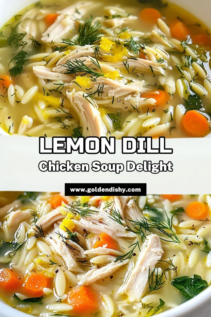 Warm up with this delightful Lemon Dill Chicken Soup that's perfect for any season! This Easy Chicken Orzo Soup features tender shredded chicken, nutrient-rich spinach, and zesty lemon for a refreshing twist. Our Healthy Lemon Chicken Soup is not just delicious but also quick to make at home. Discover this simple Orzo Chicken Soup Recipe today and bring comfort food to your table. Save for later and share the joy! #ChickenSoupWithDill #EasyChickenOrzoSoup #HealthyRecipes #ComfortFood