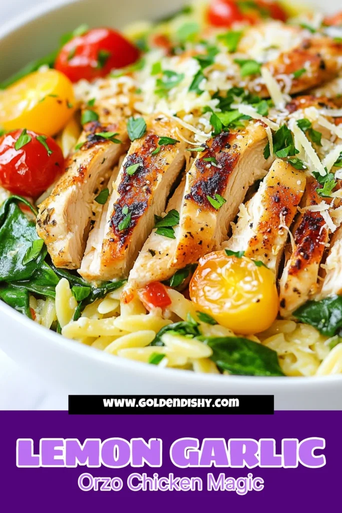 Discover this delicious Lemon Garlic Orzo recipe that combines tender chicken and vibrant spinach for a perfect weeknight meal. This easy lemon orzo dinner is a flavorful chicken orzo pasta dish that your family will love. With its zesty garlic and lemon notes, this lemon garlic chicken recipe is quick to prepare and full of taste. Don’t miss out on this orzo with chicken and spinach! Save this recipe for a tasty dinner. #OrzoRecipes #ChickenDinner #EasyRecipes #LemonGarlic