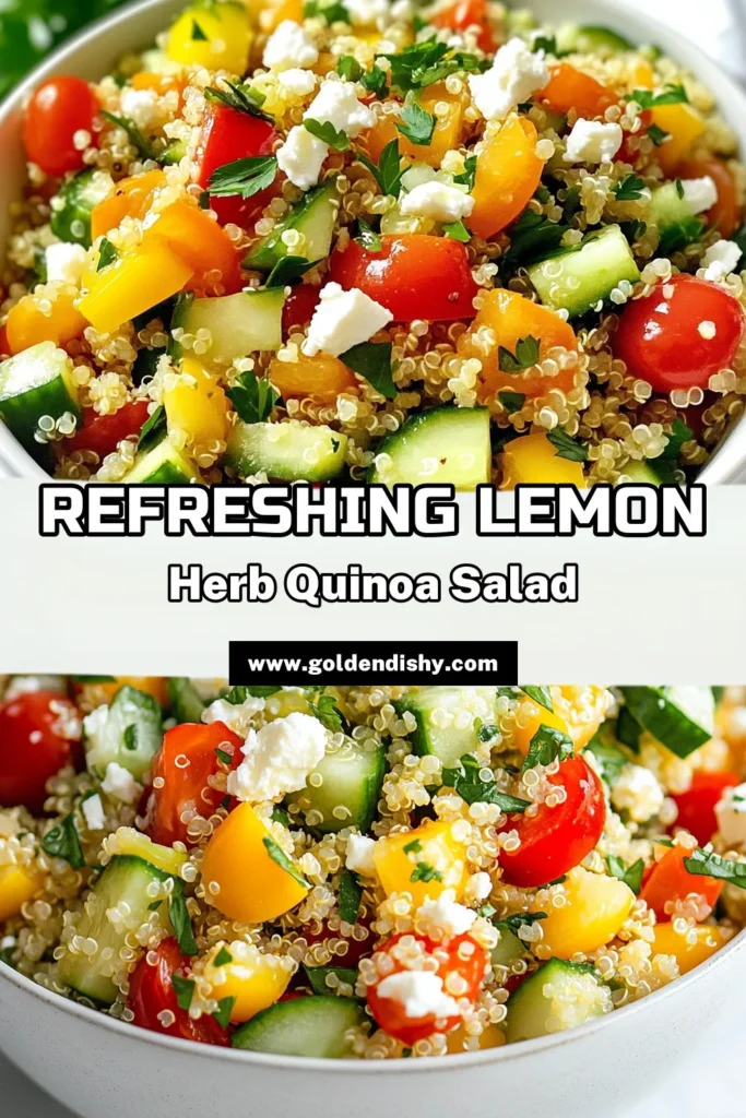 Discover this zesty Lemon Herb Quinoa Salad, a delightful and healthy quinoa recipe perfect for any occasion. Packed with fresh vegetables like cucumber, bell pepper, and cherry tomatoes, this quinoa salad recipe is both nutritious and delicious. Enjoy a Mediterranean twist with lemon zest and herbs that bring flavor to your plate. Ready in just 30 minutes, it’s the ideal fresh vegetable salad. Save and share this must-try lemon herb salad today! #QuinoaSaladRecipe #HealthyQuinoaRecipe #MediterraneanQuinoaSalad #FreshVegetableSalad