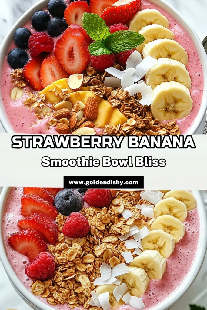 Start your day with a delicious Strawberry Banana Smoothie Bowl that's both refreshing and nutritious! This Greek Yogurt Smoothie Bowl is perfect for a healthy breakfast, packed with strawberries, bananas, and chia seeds. Top it off with granola and fresh berries for an extra crunch. Whip up this easy Healthy Breakfast Smoothie Bowl in just 10 minutes! Perfect for summer mornings. Try it today! #SmoothieBowl #HealthyBreakfast #StrawberryBanana #ChiaSeeds