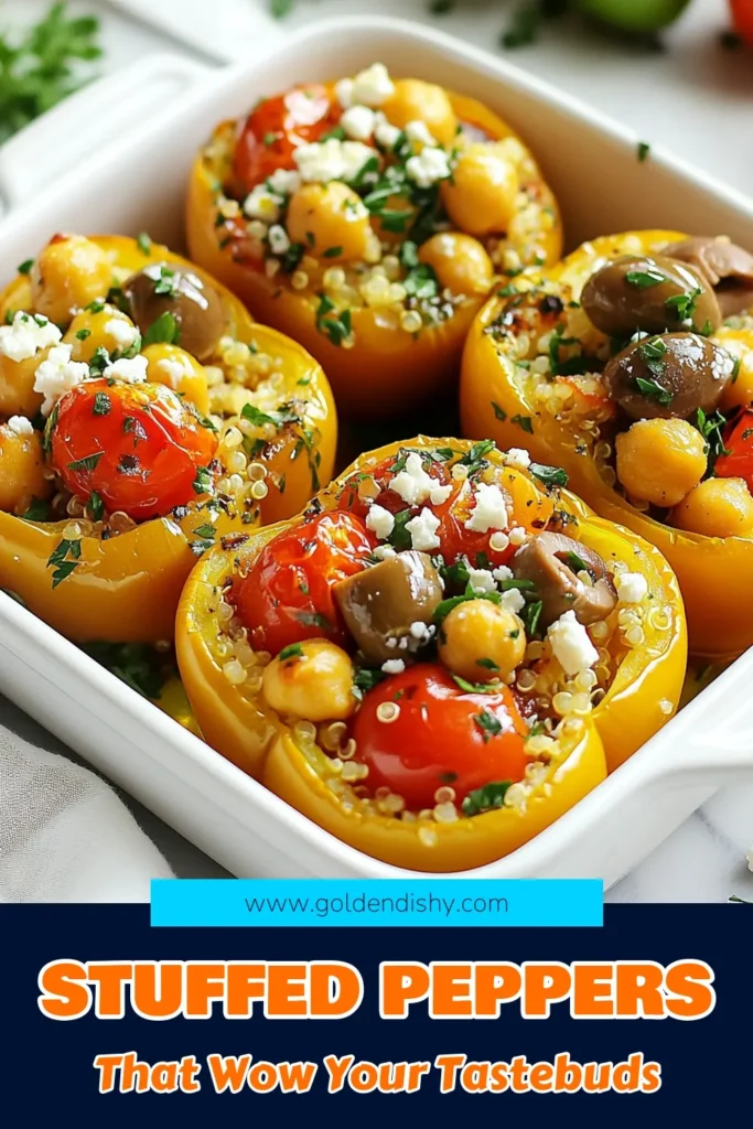 Looking for a delicious and healthy meal? Try this Mediterranean stuffed peppers recipe that features quinoa stuffed bell peppers packed with flavor! These healthy stuffed bell peppers are not only a feast for the eyes but also a nutritious treat thanks to chickpeas, fresh veggies, and savory feta cheese. Perfect for a vegetarian feast, these feta cheese stuffed peppers are sure to impress! Save this recipe for a wholesome meal idea! #MediterraneanDiet #HealthyEating #VegetarianRecipes #StuffedPeppers