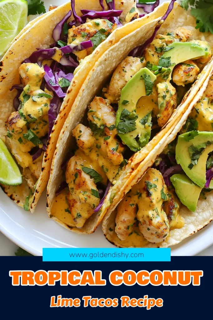 Elevate your taco night with these Coconut Lime Chicken Tacos! This tropical chicken taco recipe is bursting with flavor, thanks to easy chicken tacos with coconut milk. Fresh cilantro and creamy avocado taco toppings make it a healthy taco option everyone will love. Perfect for a quick dinner, they're easy to make and deliciously satisfying. Try this recipe today and savor the tropical goodness! #CoconutLimeChickenTacos #EasyTacoRecipe #HealthyTacos #ChickenTacos