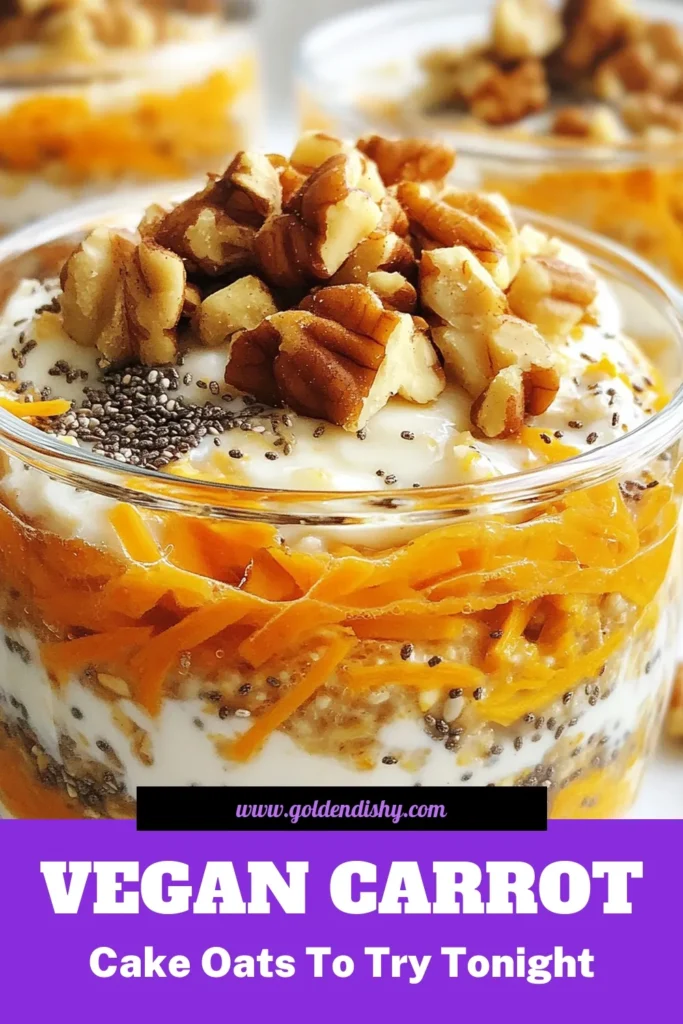 Start your day with these delicious Vegan Carrot Cake Overnight Oats! This healthy breakfast recipe combines rolled oats, unsweetened almond milk, grated carrots, and chia seeds for a nutritious and satisfying meal. Perfect for busy mornings, our easy vegan oatmeal is plant-based and simply delightful. Try this chia seed oatmeal recipe now and enjoy a tasty breakfast that’s ready when you are. Save it for your morning inspiration! #VeganCarrotCake #HealthyBreakfast #PlantBasedOats #EasyVeganOatmeal