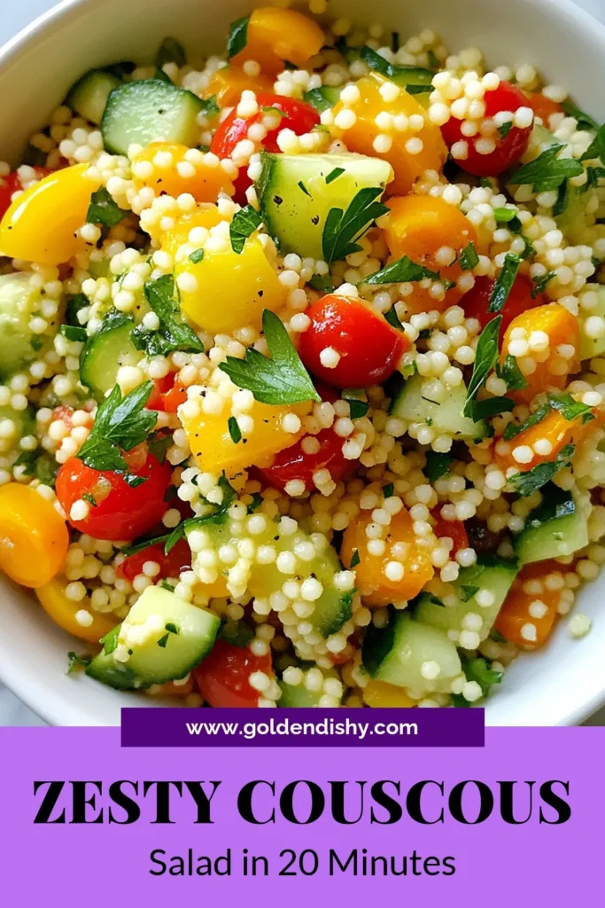 Discover the vibrant flavors of this Lemon Herb Couscous Salad, the perfect Zesty Couscous Recipe for any occasion. Packed with fresh veggies and herbs, this Fresh Herb Couscous Salad is both light and filling. Enjoy an Easy Mediterranean Couscous Salad that's perfect for meal prep or potlucks. Treat yourself to this refreshing Couscous Salad with Vegetables and elevate your dining experience. Save the recipe now! #CouscousSalad #MediterraneanFood #HealthyRecipes #YummyEats