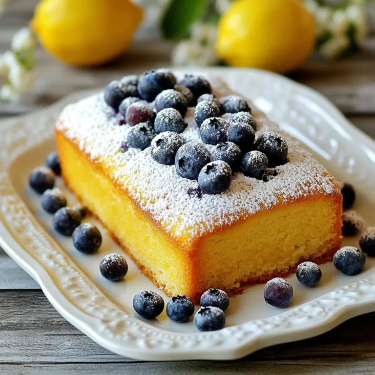 - 1 ½ cups all-purpose flour - 1 teaspoon baking powder - ½ teaspoon baking soda - ½ teaspoon salt - ½ cup unsalted butter, softened - 1 cup granulated sugar - 2 large eggs, at room temperature - 2 tablespoons fresh lemon zest - 1 teaspoon pure vanilla extract - ½ cup buttermilk, at room temperature - 1 cup fresh blueberries - 2 tablespoons powdered sugar (for dusting) The all-purpose flour gives the cake its structure. It holds everything together. Baking powder and baking soda help the cake rise. They create a light, fluffy texture. Salt enhances all the flavors. Unsalted butter is vital for rich flavor. Softened butter mixes easily with sugar, creating a creamy base. Granulated sugar adds sweetness and helps with browning. Eggs add moisture and act as a binder. They help the cake rise, too. Fresh lemon zest brings a punch of bright flavor. It makes the cake refreshing. Pure vanilla extract adds warmth and depth. Buttermilk gives the cake a tender crumb. It also adds a slight tang, balancing the sweetness. Fresh blueberries burst with flavor. They add beautiful color and moisture. Finally, powdered sugar gives a lovely finish when dusted on top. Always measure ingredients carefully. Use a kitchen scale for precision if you can. This helps you get the best results. For butter, make sure it’s at room temperature. This ensures it blends well with sugar. If it’s too cold, it won’t mix properly. When zesting the lemon, use a fine grater. This prevents large pieces from ruining the texture. Be careful not to get the bitter white pith. Room temperature eggs and buttermilk mix in smoothly. This helps create a uniform batter. Wash the blueberries gently to avoid crushing them. Pat them dry with a paper towel before adding to the batter. This keeps the color from bleeding into the cake. By preparing your ingredients this way, you set yourself up for success. Enjoy the process, and watch as your cake turns out beautifully! {{ingredient_image_2}} Start by preheating your oven to 350°F (175°C). This heat is perfect for baking cake. Grab a 9x5-inch loaf pan. Grease it well with butter or cooking spray. Lightly dust it with flour. This step helps the cake not stick. Next, take a medium bowl. Combine 1 ½ cups of all-purpose flour, 1 teaspoon of baking powder, ½ teaspoon of baking soda, and ½ teaspoon of salt. Whisk these together until mixed well. Set this bowl aside for later. Now, in a large bowl, add ½ cup of softened butter and 1 cup of granulated sugar. Use an electric mixer on medium speed. Beat this mixture for about 3 to 4 minutes. It should look light and fluffy when done. Crack 2 large eggs into the bowl one at a time. Make sure to mix well after each addition. Then, add 2 tablespoons of fresh lemon zest and 1 teaspoon of pure vanilla extract. Mix until everything is combined nicely. Take the dry ingredient bowl. Gradually add it to the butter and sugar mix. Start and end with the dry mix. Alternate with ½ cup of buttermilk. Mix until just combined. Do not overmix; this keeps the cake soft. Carefully fold in 1 cup of fresh blueberries. Use a spatula to avoid crushing them. Pour the batter into your prepared loaf pan. Spread it evenly with the spatula. Bake in the oven for 50 to 60 minutes. A toothpick inserted in the center should come out clean or with a few moist crumbs. Let the cake cool in the pan for about 10 minutes. Then move it to a wire rack to cool completely. Dust the top with powdered sugar and add more blueberries for a lovely look. Overmixing can make your pound cake tough. To avoid this, mix the batter until just combined. When you add the flour, do it gradually. Start with a third of the dry mix. Then, add half of the buttermilk. Repeat until all is mixed. Use a spatula to fold in the blueberries carefully. This keeps them whole and juicy. A great texture makes the cake enjoyable. To get it right, measure your flour carefully. Too much flour can make the cake dry. Use the spoon and level method. Spoon the flour into the measuring cup, then level it off. Also, use room temperature eggs and buttermilk. They mix better and help the cake rise. Even baking is key for a perfect pound cake. Make sure your oven is preheated to 350°F (175°C). Place your loaf pan in the center of the oven. This allows hot air to flow around the cake. Rotate the pan halfway through baking if your oven has hot spots. This helps the cake cook evenly. Check for doneness by inserting a toothpick in the center. If it comes out clean, your cake is ready! Pro Tips Use Room Temperature Ingredients: Ensure that your butter, eggs, and buttermilk are at room temperature. This helps create a smoother batter and contributes to a lighter, fluffier cake. Gently Fold in Blueberries: When adding blueberries to the batter, use a spatula to gently fold them in. This prevents them from breaking and ensures even distribution without staining the batter. Check for Doneness: Since oven temperatures can vary, start checking your cake for doneness a few minutes before the recommended baking time. A toothpick should come out clean or with a few moist crumbs. Storage Tips: Store any leftover pound cake in an airtight container at room temperature for up to three days. For longer storage, wrap it tightly in plastic wrap and freeze for up to three months. {{image_4}} You can swap blueberries for other fruits. Try raspberries for a tart twist. Strawberries add sweetness and color. You could even use peaches for a summer vibe. Just make sure to chop larger fruits into smaller pieces. This keeps the cake light and fluffy. Boost the lemon flavor with more zest or juice. A splash of orange juice gives a nice twist, too. You can add a hint of almond extract for warmth. If you love spice, consider adding cinnamon or nutmeg. These flavors work well with the citrus notes. For a simple glaze, mix powdered sugar with lemon juice. Drizzle this over the cooled cake for a sweet, tangy burst. Cream cheese frosting offers a richer option. You can blend it with lemon zest for extra flavor. For a lighter touch, dust with powdered sugar. Add fresh mint leaves for a pop of color. To keep your lemon blueberry pound cake fresh, store it in an airtight container. This helps maintain moisture and flavor. You can leave it at room temperature for up to three days. If it's warm in your kitchen, consider refrigerating it. Just remember to wrap the cake tightly to avoid drying it out. Freezing your pound cake is a great way to extend its life. Start by letting the cake cool completely. Then, wrap it tightly with plastic wrap. After that, place it in a freezer bag or an airtight container. This way, it can last for up to three months in the freezer. Label the bag with the date so you know when to use it. When you're ready to enjoy your frozen cake, take it out of the freezer. Let it thaw in the fridge overnight. If you're in a hurry, you can let it sit at room temperature for a few hours. To reheat, slice a piece and warm it in the microwave for about 15-20 seconds. This will make it taste fresh and delicious again! Yes, you can use frozen blueberries. They work well in this cake. Just add them straight from the freezer. Do not thaw them first, as this can make the batter watery. Frozen blueberries also keep their shape during baking, giving you those delightful bursts of flavor. You can check if your cake is done by using a toothpick. Insert it into the center of the cake. If it comes out clean or with a few moist crumbs, the cake is ready. Baking typically takes about 50 to 60 minutes, but your oven may vary. Keep a close eye as it nears the end of baking. If you don’t have buttermilk, you can make a quick substitute. Mix ½ cup of milk with 1 tablespoon of vinegar or lemon juice. Let it sit for about 5 minutes. This will create a similar tangy taste and acidity that buttermilk provides. The cake will stay fresh for about 3 to 4 days at room temperature. Store it in an airtight container to keep it moist. You can also refrigerate it for up to a week, but it may dry out a little. If you want it to last longer, consider freezing the cake. It can last for up to 3 months in the freezer. This blog post guides you through making the perfect pound cake. We covered key ingredients and their roles, and I shared best practices for preparing them. You learned step-by-step instructions from prepping the oven to baking. We also discussed tips to avoid common mistakes and ways to add your own twist to the cake. In the end, making a great pound cake is simple. With a little care, you can enjoy a delicious treat that impresses everyone.