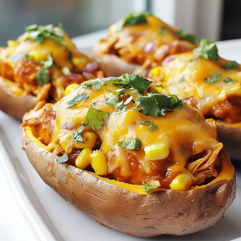 - Sweet potatoes - Shredded chicken - BBQ sauce - Corn kernels - Red onion - Cheddar cheese - Cilantro - Seasoning (salt & pepper) - Olive oil To create BBQ Chicken Stuffed Sweet Potatoes, gather these simple ingredients. Sweet potatoes are the base of this dish. They add sweetness and nutrition. You will need four medium sweet potatoes. For the filling, use shredded chicken. You can cook the chicken yourself or buy pre-cooked. Add one cup of your favorite BBQ sauce for flavor. It brings a nice tang and sweetness. Next, add one cup of corn kernels. You can use fresh, frozen, or canned corn. If using canned, drain it first. Chopped red onion adds a nice crunch and flavor. You will need half a cup of finely chopped red onion. To make it cheesy, use one cup of shredded cheddar cheese. It melts beautifully on top. For a fresh touch, add cilantro. You can use about a quarter cup, but it’s optional. Don't forget seasoning! Just a bit of salt and black pepper will enhance the taste. Lastly, drizzle some olive oil on the sweet potatoes before baking. This helps them cook well and adds flavor. {{ingredient_image_2}} Start by turning your oven to 400°F (200°C). This heat helps cook the sweet potatoes evenly. Rinse the sweet potatoes under cold water. Use a fork to poke holes in each potato. This prevents them from bursting while baking. Drizzle a little olive oil on top and sprinkle with salt for flavor. In a bowl, mix the shredded chicken with your favorite BBQ sauce. Stir well to coat all the chicken pieces. The BBQ sauce adds a rich, tangy flavor that pairs perfectly with the sweet potatoes. Heat a skillet over medium heat. Add the chopped red onion and cook until it becomes soft, about 4-5 minutes. Then, toss in the corn and stir for another 2 minutes. This step brings out the sweetness of the corn and onion. After the sweet potatoes are done baking, take them out and let them cool. Cut each potato in half lengthwise. Scoop out a little flesh from the center to make room for the filling. In a bowl, mix the BBQ chicken, sautéed corn, and onion, along with half of the cheese. Fill the potato halves with this mixture. Sprinkle the remaining cheese on top of each stuffed potato. Place them back in the oven for 10-15 minutes until the cheese melts and bubbles. Once ready, garnish with fresh cilantro and add more salt and pepper if you like. Enjoy this tasty meal! To cook sweet potatoes just right, choose medium-sized ones. They cook evenly and are easier to handle. Preheat your oven to 400°F (200°C) before baking. Make sure to rinse them well. Pricking holes with a fork helps steam escape. Lightly drizzle with olive oil and sprinkle a bit of salt. This adds flavor and keeps the skin nice and crispy. Bake for 45-60 minutes. Check them with a fork. If they feel soft, they are done! To make your BBQ chicken filling pop, consider adding spices. A pinch of smoked paprika gives a nice depth. You can also add garlic powder for extra zest. If you like heat, try some cayenne pepper. Fresh herbs like cilantro add brightness. Mix them in right before serving. They bring freshness to every bite. Don’t forget to season well with salt and black pepper. A little goes a long way in enhancing your dish. For perfectly melted cheese, use shredded cheddar cheese. Shredding allows it to melt evenly. When you add cheese, cover the stuffed sweet potatoes well. This helps the cheese melt and bubble nicely. Bake them for an extra 10-15 minutes until golden brown. You can also broil them for a couple of minutes at the end. Just watch closely so they don’t burn. The result will be a delicious, gooey topping that everyone will love! Pro Tips Choosing the Right Sweet Potatoes: Look for sweet potatoes that are firm and free of blemishes. The skin should be smooth and have a rich color for the best flavor. Enhancing BBQ Flavor: For an extra kick, consider using a spicy BBQ sauce or adding a dash of cayenne pepper to the chicken mixture. Perfectly Melted Cheese: Broil the stuffed sweet potatoes for the last 2-3 minutes of baking to achieve a beautifully melted and slightly crispy cheese topping. Meal Prep Idea: These stuffed sweet potatoes can be made ahead of time and stored in the refrigerator. Simply reheat in the oven for a quick and delicious meal. {{image_4}} You can switch the chicken for other proteins. Try using shredded pork or turkey. Both pair well with BBQ sauce. For a quick meal, use rotisserie chicken. It saves time and still tastes great. You can also use shredded beef for a hearty twist. Each protein will give you a new flavor experience. If you want a meat-free option, go for black beans or lentils. They add great texture and protein. Mix them with BBQ sauce for a tasty filling. Adding sautéed mushrooms gives a rich, umami flavor. You can also throw in chopped bell peppers for extra crunch. This way, you keep the dish filling and satisfying. To spice things up, add jalapeños or hot sauce to the BBQ chicken. This adds heat and a nice kick. You can also mix in some spicy BBQ sauce for an extra layer of flavor. Topping with pepper jack cheese gives it a creamy, spicy finish. This version is perfect for those who love bold tastes. To store leftover BBQ chicken stuffed sweet potatoes, let them cool first. Place each potato in an airtight container. You can keep them in the fridge for up to three days. If you are sure you won't eat them soon, consider freezing. This way, you can enjoy them later. When you want to eat your leftovers, the best way is to heat them in the oven. Preheat your oven to 350°F (175°C). Place the stuffed sweet potatoes on a baking tray. Heat for about 20 minutes, or until they are warm all the way through. You can also use a microwave, but the oven keeps the skin crisp. To freeze, wrap each stuffed sweet potato in plastic wrap, then place it in a freezer-safe bag. Make sure to remove as much air as possible. They can stay in the freezer for up to three months. When you are ready to eat, thaw them in the fridge overnight before reheating. Yes, you can use other potatoes. Regular russet potatoes work well. They are starchy and fluffy. You can also try Yukon golds for a buttery taste. Just keep in mind that cooking times may change. You may need to check for doneness with a fork. You can prepare this dish in steps. First, bake the sweet potatoes and cool them. Then, mix the BBQ chicken filling. You can store both in the fridge. Assemble the stuffed potatoes right before you plan to bake them. This way, they stay fresh and tasty. The best BBQ sauce is the one you like most. Choose a sauce that matches your taste. Sweet sauces pair well with sweet potatoes. Spicy sauces add a nice kick. You can even mix different sauces for a fun flavor twist. Yes, you can use an air fryer! Cook the sweet potatoes at 400°F (200°C) for about 35-45 minutes. Check them often for doneness. The air fryer makes them crispy on the outside and soft inside. Just follow the same filling steps after cooking. Stuffed sweet potatoes are easy to make and taste great. We covered the main ingredients: sweet potatoes, chicken, BBQ sauce, and more. The step-by-step guide shows how to prepare and bake them for a tasty meal. I shared tips for perfect cooking and variations for different diets. Remember, you can store leftovers or reheat them anytime. Whether you want a quick weeknight dinner or a fun dish for guests, this recipe works. Enjoy trying it out and customizing it to your taste!