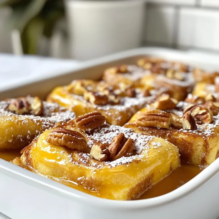 To make this fluffy delight, you will need the following ingredients: - 2 cans of cinnamon roll dough (includes icing) - 6 large eggs - 1 cup whole milk - 1 teaspoon pure vanilla extract - 1 teaspoon ground cinnamon - 1/4 teaspoon freshly grated nutmeg For extra crunch and flavor, consider these optional ingredients: - 1/2 cup chopped pecans or walnuts To elevate your casserole, try these serving additions: - 1/4 cup pure maple syrup (for drizzling) - Powdered sugar (for dusting, optional) - Fresh berries or a dollop of whipped cream (for garnish) {{ingredient_image_2}} Start by preheating your oven to 350°F (175°C). This temperature is key for a fluffy casserole. While the oven heats, grab a 9 x 13-inch baking dish. Spray it well with non-stick spray. This step helps the casserole not stick when baking. Open the cans of cinnamon roll dough. Cut each roll into quarters. Place the pieces evenly in the baking dish. Now, in a large bowl, whisk together 6 eggs and 1 cup of whole milk. Mix until smooth. Add 1 teaspoon of vanilla extract, 1 teaspoon of ground cinnamon, and 1/4 teaspoon of nutmeg. Stir until everything is blended. Pour this mixture over the cinnamon roll pieces. Make sure all pieces are coated. If you like nuts, sprinkle 1/2 cup of chopped pecans or walnuts over the top. Cover the dish tightly with aluminum foil. Place it in the oven and bake for 25 minutes. After this time, carefully remove the foil. Return the dish to the oven for 15 to 20 more minutes. Look for a golden brown top. Insert a toothpick in the center. If it comes out clean, your casserole is done. Once baked, take it out and let it cool for 5 to 10 minutes. Drizzle with maple syrup and spread the included icing over the warm top. For an extra touch, dust with powdered sugar before serving. Enjoy this delightful breakfast treat! To get the best results, follow these tips: - Preheat your oven to 350°F (175°C) before baking. - Use a non-stick baking spray on your dish. This helps prevent sticking. - Cut the cinnamon rolls into quarters. This helps them soak up the egg mixture. - Whisk the eggs and milk well. A smooth mix ensures even baking. - Cover the dish with foil for the first 25 minutes. This helps the casserole cook evenly. - Uncover it for the last 15-20 minutes to get that nice golden color. Avoid these common missteps: - Don’t skip the soaking time. Let the roll pieces sit in the egg mix. This helps them become fluffy. - Be careful not to overbake. Check it with a toothpick. It should come out clean. - Don’t forget the nuts! They add great crunch and flavor. - Skip the icing at the right time. Drizzle it on while warm for the best melt. Make your casserole even better with these ideas: - Serve warm with fresh berries on top. They add color and taste. - A dollop of whipped cream is great for extra richness. - Drizzle with more maple syrup for a sweet touch. - Dust with powdered sugar for a beautiful finish. This makes it look special. - For a fun twist, try adding chocolate chips or fruit to the mix. Enjoy your cinnamon roll French toast casserole! Pro Tips Use Fresh Ingredients: Opt for fresh eggs and high-quality cinnamon for the best flavor. Fresh ingredients enhance the overall taste of your casserole. Customize Your Casserole: Feel free to add your favorite mix-ins like chocolate chips or dried fruit for a personalized twist on the classic recipe. Make It Ahead: Prepare the casserole the night before and refrigerate it. In the morning, just pop it in the oven for a quick and easy breakfast. Serve with Toppings: Enhance the dish by offering a variety of toppings such as whipped cream, fresh berries, or a sprinkle of cinnamon for added flair. {{image_4}} You can change the taste of your cinnamon roll French toast casserole in fun ways. Try adding fresh fruits like sliced bananas or berries for a burst of flavor. You can also mix in chocolate chips for a sweet twist. If you want a nutty flavor, use almonds instead of pecans or walnuts. Want a more spice? Try adding a touch of cardamom or ginger. These small changes can make your dish unique and special. If you need a gluten-free option, use gluten-free cinnamon roll dough. Many brands offer this. For dairy-free, swap whole milk for almond or oat milk. You can also use flax eggs instead of regular eggs. This keeps the recipe tasty while meeting your dietary needs. These swaps let everyone enjoy the dish without worry. You can create seasonal versions of this casserole. For fall, add pumpkin puree and some pumpkin spice. In winter, try peppermint extract and crushed candy canes for a holiday treat. For a summer version, think about adding fresh peaches or strawberries. You can even make a themed casserole for birthdays or special events. Just swap out the flavors or toppings to match the occasion. Let your creativity shine! To keep your Cinnamon Roll French Toast Casserole fresh, let it cool first. Use an airtight container for storage. If you have a large portion, cut it into smaller pieces. This way, it fits better in the container. Store it in the fridge for up to three days. When you want to enjoy the casserole again, preheat your oven to 350°F (175°C). Place the casserole in an oven-safe dish. Cover it with aluminum foil to keep it moist. Heat for about 15-20 minutes. Check if it's warm throughout before serving. You can also reheat individual pieces in the microwave. Just heat for 30 seconds and check if it’s hot enough. If you have leftovers or want to make it ahead, freezing is a great option. Cut the casserole into pieces and wrap each piece tightly in plastic wrap. Then, place the wrapped pieces in a freezer bag. Label the bag with the date. You can freeze it for up to three months. When ready to eat, thaw it overnight in the fridge. Reheat as described above for the best results. Yes, you can prepare the casserole ahead. Simply follow the steps until you pour the egg mixture over the cinnamon rolls. Cover the dish and store it in the fridge overnight. In the morning, just bake it as directed. This saves time and ensures a fresh breakfast. To check if the casserole is done, look for a golden brown top. Insert a toothpick into the center. If it comes out clean, your casserole is ready. This usually takes about 40-45 minutes total baking time, with the first part covered and the second part uncovered. Toppings can elevate your casserole. Try drizzling pure maple syrup for sweetness. Fresh berries add a nice tartness. You can also use whipped cream for extra creaminess. A dusting of powdered sugar gives it a lovely finish. Choose what you love for the best experience! This post covered everything you need to make a great cinnamon roll casserole. We looked at the key ingredients and optional additions for flavor and texture. You learned step-by-step baking instructions and tips to avoid common mistakes. We explored variations for dietary needs and seasonal flavors. Finally, you now know how to store leftovers for later enjoyment. Enjoy trying this fun dish that warms everyone’s hearts!