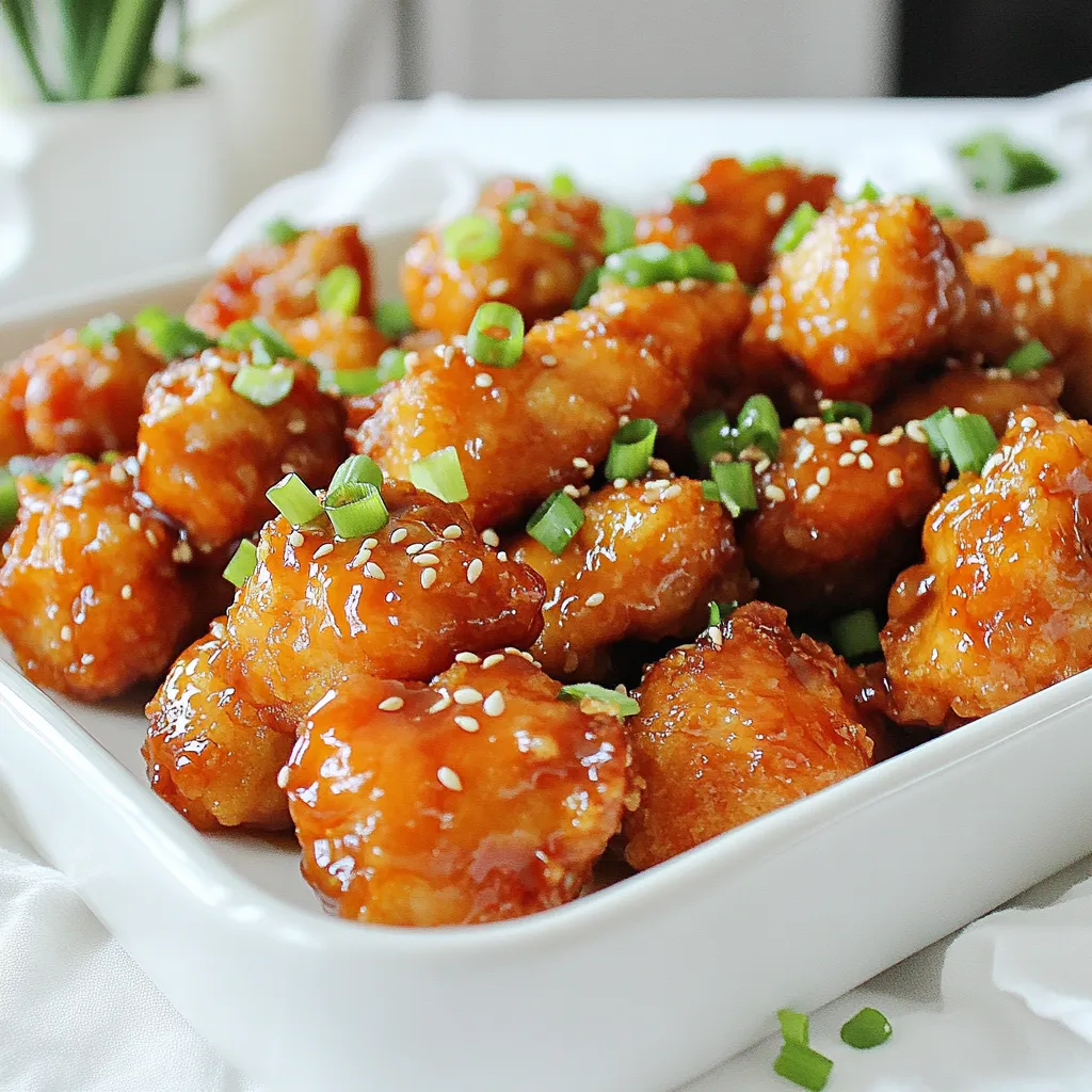 To make Honey Garlic Chicken Bites in the air fryer, you need simple ingredients. Here is what you will need: - 1 pound boneless, skinless chicken breasts, cut into bite-sized pieces - 1/4 cup honey - 3 tablespoons low-sodium soy sauce - 3 cloves garlic, finely minced - 1 tablespoon fresh ginger, grated - 1 teaspoon sesame oil - 1/2 teaspoon red pepper flakes (optional for a kick) - Salt and freshly ground black pepper to taste - 1 tablespoon cornstarch (for coating) - Chopped green onions and sesame seeds for garnish These ingredients come together to create a dish bursting with flavor. The chicken provides protein, while the honey and soy sauce give it a sweet and salty taste. Garlic and ginger add depth and warmth. Using cornstarch helps get that crispy texture you want. The optional red pepper flakes can add some heat if you like spicy food. Don't forget to garnish with green onions and sesame seeds. They add a nice crunch and look great on the plate. Gather all these items before you start cooking. It makes the process smoother and more fun. Enjoy cooking! First, mix your marinade. In a medium bowl, combine: - 1/4 cup honey - 3 tablespoons low-sodium soy sauce - 3 cloves garlic, finely minced - 1 tablespoon fresh ginger, grated - 1 teaspoon sesame oil - 1/2 teaspoon red pepper flakes (optional) - A pinch of salt and black pepper Whisk until smooth. This mixture is key. The longer you marinate, the more flavor your chicken will have. I suggest at least 30 minutes, but 2 hours is best. Now, let's cook! Preheat your air fryer to 400°F (200°C) for about 5 minutes. This helps the chicken cook evenly. Once preheated, drain excess marinade from the chicken. Coat the chicken pieces in 1 tablespoon of cornstarch. This will give your bites a nice crisp. Place the chicken in a single layer in the air fryer basket. Do not overcrowd; cook in batches if needed. Air fry for 10-12 minutes. Shake the basket halfway through for even cooking. The chicken should be golden brown and reach 165°F (75°C). After cooking, remove the chicken from the air fryer. If you want more flavor, toss the cooked bites in any thickened marinade leftover. For a nice finish, garnish with chopped green onions and a sprinkle of sesame seeds. This adds color and texture. Enjoy your honey garlic chicken bites! Duration recommendations: Marinating chicken bites for at least 30 minutes makes a big difference. For the best flavor, aim for 2 hours. This allows the chicken to soak up all the tasty marinade. Enhancing flavors: Try adding fresh herbs or spices to the marinade. Ingredients like cilantro or lime can boost the flavor. Trust me; a little extra zing goes a long way! Importance of cornstarch: Cornstarch is your secret weapon. It helps create that golden, crispy texture. Dust your marinated chicken pieces lightly with cornstarch before cooking. You’ll love the crunch it adds! Avoiding overcrowding the basket: Give each chicken piece space in the air fryer. Overcrowding leads to uneven cooking. If needed, cook in batches. This way, you’ll get that perfect crispiness every time. Complementary sides: These chicken bites pair well with steamed rice or fresh veggies. You can even serve them on top of a salad for a healthier twist. Pairing sauces: For extra flavor, serve with soy sauce or sweet chili sauce. These dips enhance the taste and make the meal more fun. You can also try a spicy mayo for a creamy kick! {{image_4}} Want a kick in your chicken bites? Add more red pepper flakes. Start with 1 teaspoon and adjust to taste. This change brings heat and flavor. You can also try other spices. Think of cayenne pepper or smoked paprika. These spices add depth and a different twist. Looking for healthier options? Try using air-fried veggies as a side. Broccoli or bell peppers work well. They cook fast and add crunch. You can also swap out some ingredients for low-calorie substitutes. Use a low-calorie honey or sugar substitute. This keeps the taste but cuts calories. Want to explore more flavors? Experiment with different marinades. Try adding orange juice or lime juice for a zesty twist. You can also use alternative proteins. Instead of chicken, try shrimp or tofu. Both cook well in the air fryer and soak up flavors nicely. To keep your honey garlic chicken bites fresh, use airtight containers. Glass containers work well, but plastic ones are fine too. Store the chicken in the fridge for up to three days. It’s best to refrigerate within two hours of cooking to ensure safety. When reheating, I suggest using the air fryer again. This keeps the chicken crispy and tasty. Set the air fryer to 350°F (175°C) and cook for about 5-7 minutes. Avoid the microwave, as it can make the chicken soggy. If you must use it, heat in short bursts and check often. If you want to freeze the chicken bites, allow them to cool first. Place them in a single layer on a baking sheet to freeze for about an hour. Then, transfer them to a freezer bag. They can last up to three months in the freezer. For thawing, put them in the fridge overnight. When ready to eat, use the air fryer to reheat. This will help restore their crispiness. Yes, you can use frozen chicken. However, you must thaw it first. Place the frozen chicken in the fridge overnight. If you're short on time, you can use the microwave to defrost it. After thawing, cut the chicken into bite-sized pieces. You may also need to adjust the cooking time. Frozen chicken takes longer to cook. Check the internal temperature with a meat thermometer. The chicken should reach 165°F (75°C). This ensures it is safe to eat. You can also cut a piece in half. The meat should be white and juices should run clear. If the meat is pink, continue cooking. Yes, you can use a regular oven or a skillet. For the oven, preheat it to 400°F (200°C). Spread the coated chicken on a baking sheet. Bake for about 15-20 minutes, flipping halfway through. If using a skillet, heat oil over medium-high. Cook the chicken for 6-8 minutes, turning until golden brown. This blog post guided you through making delicious air-fried chicken bites. We covered essential ingredients, preparation steps, and cooking methods. Remember to marinate for the best flavor and use cornstarch for a crisp finish. Explore variations like spicy honey garlic for extra zest. Don’t forget to store leftovers properly and reheating tips to keep them crispy. Whether you’re a beginner or an expert, these tips will help you create a yummy dish. Enjoy your cooking journey and feel free to experiment!