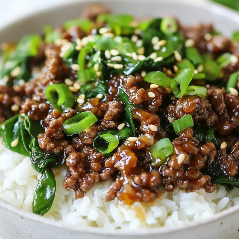 - 1 lb ground beef or lean ground sirloin - 3 tablespoons soy sauce - 1 tablespoon sesame oil - 2 tablespoons brown sugar - 1 tablespoon gochujang - 2 cloves garlic, minced - 1-inch piece of fresh ginger, grated - 2 green onions, finely chopped (reserve some for garnish) - 1 cup jasmine rice or cauliflower rice - 1 cup fresh spinach or bok choy - 2 teaspoons sesame seeds - Salt and pepper When I create Korean beef bowls, I focus on fresh ingredients. They make a big difference in flavor. The base starts with ground beef, or you can use lean ground sirloin for a healthier choice. Each bite needs the right balance of savory and sweet. The soy sauce, sesame oil, and brown sugar combine to make a delicious sauce. Gochujang adds a spicy kick that really brings the dish to life. Minced garlic and grated ginger round out the taste. I love using fresh green onions to add a nice crunch. For the rice, I often pick jasmine rice, but cauliflower rice works well for a low-carb option. Spinach or bok choy adds a great color and nutrients. Don't forget the sesame seeds! They add a lovely crunch and look great on top. Finally, season with salt and pepper to your taste. These ingredients come together to make a tasty and satisfying meal. {{ingredient_image_2}} - Heat a large skillet on medium heat. - Add 1 pound of ground beef to the skillet. Cook for 5-7 minutes. - Stir frequently, breaking apart clumps with a spatula. Brown the beef well. - If there is excess fat, carefully drain it out. - In a small bowl, mix 3 tablespoons soy sauce, 1 tablespoon sesame oil, 2 tablespoons brown sugar, and 1 tablespoon gochujang. - Add 2 cloves minced garlic and 1 inch grated ginger to the bowl. - Whisk all the ingredients until they blend well. - Pour this tasty sauce over the browned beef in the skillet. Stir to coat the beef evenly. - Add 2 finely chopped green onions to the skillet. - Season with salt and pepper to taste. Mix well. - To prepare the greens, steam 1 cup of spinach for 2 minutes until just wilted. - Choose a bowl and scoop in 1 cup of jasmine rice or cauliflower rice as the base. - Top the rice with the savory beef mixture and the spinach. - Garnish your dish with a sprinkle of sesame seeds and some extra chopped green onions. For the best taste, adjust the sauce to fit your liking. You can add more gochujang if you want extra heat. Using fresh ingredients boosts flavor. Fresh green onions and ginger make a big difference. Don’t skip on these elements. They enhance the dish. To cook spinach, steaming works well. Steam it for just 2 minutes until it's wilted. If you prefer sautéing, a quick stir in oil works too. Keep an eye on the beef. Overcooking can make it tough. Cook until it's browned, about 5-7 minutes. Garnishing adds fun to your meal. Sprinkle sesame seeds and extra green onions on top. Use a deep bowl to hold all the layers. A wide bowl lets you see the colorful layers. This makes your Korean beef bowl inviting and tasty. Pro Tips Choose the Right Beef: For a leaner option, opt for ground sirloin instead of regular ground beef. It will reduce the fat content while still delivering great flavor. Balance the Heat: Adjust the amount of gochujang based on your spice preference. Start with less and add more if you prefer a spicier dish. Quick Cooking Greens: For the freshest taste, steam the spinach just until wilted. Overcooking can lead to a loss of nutrients and flavor. Perfect Rice Texture: Rinse jasmine rice before cooking to remove excess starch. This will help achieve a fluffier and less sticky texture. {{image_4}} You can easily make Korean beef bowls vegetarian or vegan. Try substituting ground beef with plant-based alternatives like lentils or veggie crumbles. These options keep the flavor but add more nutrients. Tofu is another great choice. You can cube firm tofu and sauté it until golden. Mushrooms work well too. They add a nice umami taste and texture. For a low-carb meal, swap out rice for cauliflower rice. You can pulse cauliflower florets in a food processor until they resemble rice. Sauté it with a bit of oil for flavor. Another option is to use greens instead of rice. Spinach or bok choy adds freshness without the carbs. Feel free to add other vegetables to your beef bowls. Bell peppers, carrots, or snap peas add color and crunch. Adjust the spice levels to your liking. If you want more heat, add extra gochujang or sliced chilies. You can also add a splash of lime juice for brightness. To keep your Korean beef bowls fresh, store leftovers in the fridge. Place them in an airtight container. Make sure to let the dish cool down before sealing it. This helps prevent moisture buildup. You can store the bowls for up to three days. When you want to enjoy your leftovers, the best way is to use the microwave. Place the food in a microwave-safe dish and cover it loosely. Heat it for one to two minutes, stirring halfway. This helps heat evenly. If you want to keep the beef juicy, try reheating on the stove. Heat it gently over low heat, stirring often. This keeps the texture nice. If you want to save Korean beef bowls for later, freezing is a good option. Pack the beef and rice in separate freezer-safe containers. This helps keep the rice from getting mushy. Make sure to label the containers with the date. You can freeze them for up to three months. When you're ready to eat, take the bowl out of the freezer. Place it in the fridge overnight to thaw. For a quicker method, use the microwave on the defrost setting. Once thawed, reheat as mentioned earlier. Enjoy your meal anytime! If you can't find gochujang, don't worry! You can use sriracha or red chili paste. Mix these with a bit of sugar to get a similar taste. Another option is to blend miso paste with chili powder. This can give you that nice umami flavor. Each substitute will change the taste a bit, but they can still make your dish tasty. Yes, you can prep these bowls ahead of time! Cook the beef and sauce, then store them in a sealed container. Keep the rice and greens separate to avoid sogginess. When ready to eat, just heat everything up and assemble. This way, you save time and enjoy a warm meal fast. To add heat, use more gochujang in your sauce. You can also add sliced fresh chili peppers or red pepper flakes. If you want a smoky flavor, try adding chipotle powder. Adjust this to your taste, and remember to start small. You can always add more spice later. This blog post covered the key ingredients and steps to make delicious Korean beef bowls. You learned how to cook the beef, prepare the sauce, and combine all the flavors. I shared tips for the best taste and fun variations to suit your diet. Remember, fresh ingredients make a big difference. Whether you want a quick meal or a tasty change, this dish fits the bill. Try it out and enjoy your delicious creation!