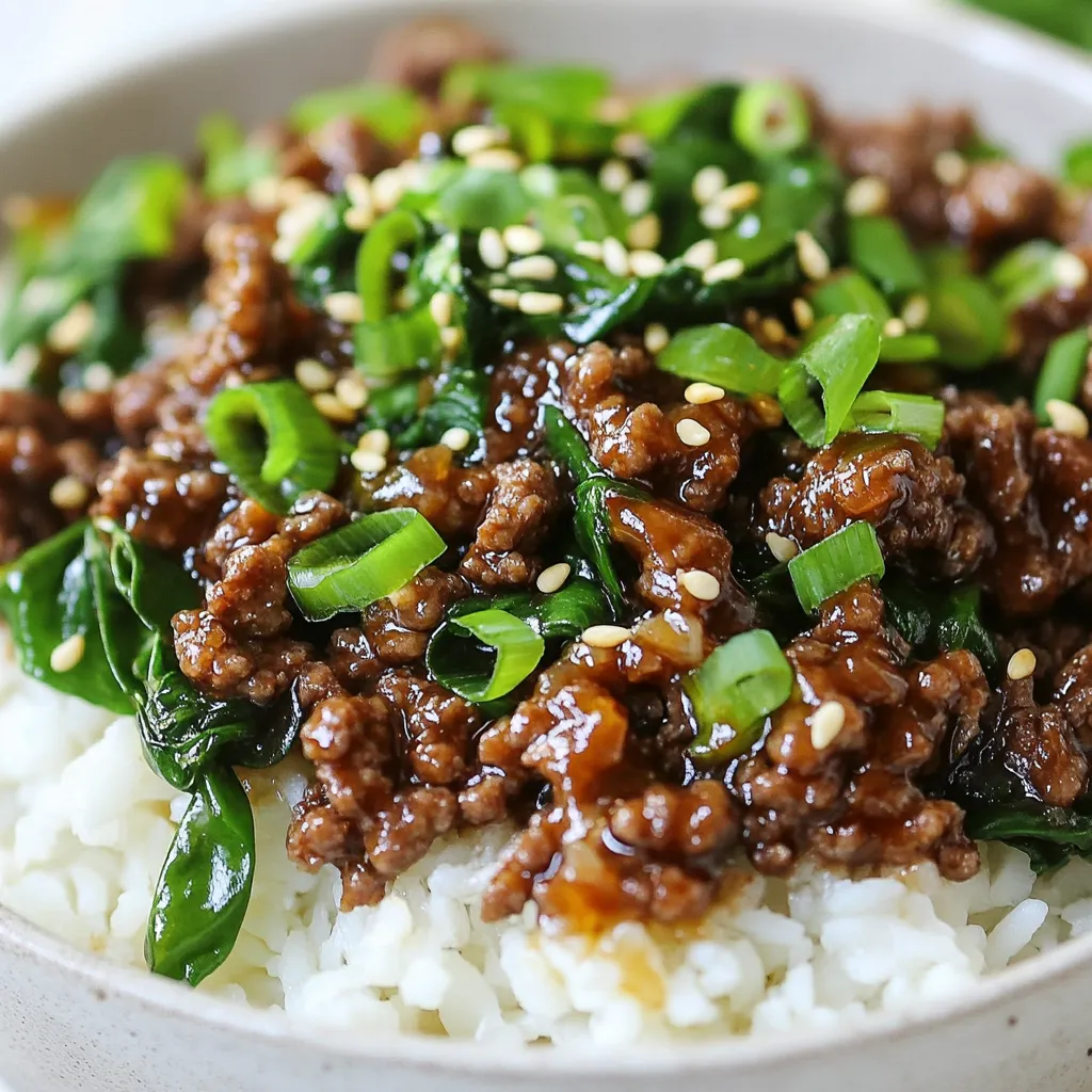 - 1 lb ground beef or lean ground sirloin - 3 tablespoons soy sauce - 1 tablespoon sesame oil - 2 tablespoons brown sugar - 1 tablespoon gochujang - 2 cloves garlic, minced - 1-inch piece of fresh ginger, grated - 2 green onions, finely chopped (reserve some for garnish) - 1 cup jasmine rice or cauliflower rice - 1 cup fresh spinach or bok choy - 2 teaspoons sesame seeds - Salt and pepper When I create Korean beef bowls, I focus on fresh ingredients. They make a big difference in flavor. The base starts with ground beef, or you can use lean ground sirloin for a healthier choice. Each bite needs the right balance of savory and sweet. The soy sauce, sesame oil, and brown sugar combine to make a delicious sauce. Gochujang adds a spicy kick that really brings the dish to life. Minced garlic and grated ginger round out the taste. I love using fresh green onions to add a nice crunch. For the rice, I often pick jasmine rice, but cauliflower rice works well for a low-carb option. Spinach or bok choy adds a great color and nutrients. Don't forget the sesame seeds! They add a lovely crunch and look great on top. Finally, season with salt and pepper to your taste. These ingredients come together to make a tasty and satisfying meal. {{ingredient_image_2}} - Heat a large skillet on medium heat. - Add 1 pound of ground beef to the skillet. Cook for 5-7 minutes. - Stir frequently, breaking apart clumps with a spatula. Brown the beef well. - If there is excess fat, carefully drain it out. - In a small bowl, mix 3 tablespoons soy sauce, 1 tablespoon sesame oil, 2 tablespoons brown sugar, and 1 tablespoon gochujang. - Add 2 cloves minced garlic and 1 inch grated ginger to the bowl. - Whisk all the ingredients until they blend well. - Pour this tasty sauce over the browned beef in the skillet. Stir to coat the beef evenly. - Add 2 finely chopped green onions to the skillet. - Season with salt and pepper to taste. Mix well. - To prepare the greens, steam 1 cup of spinach for 2 minutes until just wilted. - Choose a bowl and scoop in 1 cup of jasmine rice or cauliflower rice as the base. - Top the rice with the savory beef mixture and the spinach. - Garnish your dish with a sprinkle of sesame seeds and some extra chopped green onions. For the best taste, adjust the sauce to fit your liking. You can add more gochujang if you want extra heat. Using fresh ingredients boosts flavor. Fresh green onions and ginger make a big difference. Don’t skip on these elements. They enhance the dish. To cook spinach, steaming works well. Steam it for just 2 minutes until it's wilted. If you prefer sautéing, a quick stir in oil works too. Keep an eye on the beef. Overcooking can make it tough. Cook until it's browned, about 5-7 minutes. Garnishing adds fun to your meal. Sprinkle sesame seeds and extra green onions on top. Use a deep bowl to hold all the layers. A wide bowl lets you see the colorful layers. This makes your Korean beef bowl inviting and tasty. Pro Tips Choose the Right Beef: For a leaner option, opt for ground sirloin instead of regular ground beef. It will reduce the fat content while still delivering great flavor. Balance the Heat: Adjust the amount of gochujang based on your spice preference. Start with less and add more if you prefer a spicier dish. Quick Cooking Greens: For the freshest taste, steam the spinach just until wilted. Overcooking can lead to a loss of nutrients and flavor. Perfect Rice Texture: Rinse jasmine rice before cooking to remove excess starch. This will help achieve a fluffier and less sticky texture. {{image_4}} You can easily make Korean beef bowls vegetarian or vegan. Try substituting ground beef with plant-based alternatives like lentils or veggie crumbles. These options keep the flavor but add more nutrients. Tofu is another great choice. You can cube firm tofu and sauté it until golden. Mushrooms work well too. They add a nice umami taste and texture. For a low-carb meal, swap out rice for cauliflower rice. You can pulse cauliflower florets in a food processor until they resemble rice. Sauté it with a bit of oil for flavor. Another option is to use greens instead of rice. Spinach or bok choy adds freshness without the carbs. Feel free to add other vegetables to your beef bowls. Bell peppers, carrots, or snap peas add color and crunch. Adjust the spice levels to your liking. If you want more heat, add extra gochujang or sliced chilies. You can also add a splash of lime juice for brightness. To keep your Korean beef bowls fresh, store leftovers in the fridge. Place them in an airtight container. Make sure to let the dish cool down before sealing it. This helps prevent moisture buildup. You can store the bowls for up to three days. When you want to enjoy your leftovers, the best way is to use the microwave. Place the food in a microwave-safe dish and cover it loosely. Heat it for one to two minutes, stirring halfway. This helps heat evenly. If you want to keep the beef juicy, try reheating on the stove. Heat it gently over low heat, stirring often. This keeps the texture nice. If you want to save Korean beef bowls for later, freezing is a good option. Pack the beef and rice in separate freezer-safe containers. This helps keep the rice from getting mushy. Make sure to label the containers with the date. You can freeze them for up to three months. When you're ready to eat, take the bowl out of the freezer. Place it in the fridge overnight to thaw. For a quicker method, use the microwave on the defrost setting. Once thawed, reheat as mentioned earlier. Enjoy your meal anytime! If you can't find gochujang, don't worry! You can use sriracha or red chili paste. Mix these with a bit of sugar to get a similar taste. Another option is to blend miso paste with chili powder. This can give you that nice umami flavor. Each substitute will change the taste a bit, but they can still make your dish tasty. Yes, you can prep these bowls ahead of time! Cook the beef and sauce, then store them in a sealed container. Keep the rice and greens separate to avoid sogginess. When ready to eat, just heat everything up and assemble. This way, you save time and enjoy a warm meal fast. To add heat, use more gochujang in your sauce. You can also add sliced fresh chili peppers or red pepper flakes. If you want a smoky flavor, try adding chipotle powder. Adjust this to your taste, and remember to start small. You can always add more spice later. This blog post covered the key ingredients and steps to make delicious Korean beef bowls. You learned how to cook the beef, prepare the sauce, and combine all the flavors. I shared tips for the best taste and fun variations to suit your diet. Remember, fresh ingredients make a big difference. Whether you want a quick meal or a tasty change, this dish fits the bill. Try it out and enjoy your delicious creation!