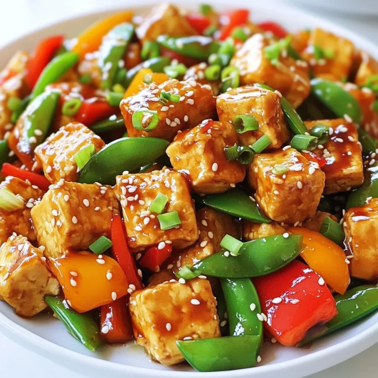 - 14 oz (400g) firm tofu, drained and pressed - 1 red bell pepper, sliced into thin strips - 1 green bell pepper, sliced into thin strips - 1 cup snap peas, trimmed for freshness - 1 medium carrot, julienned into matchstick pieces - 3 green onions, chopped (keep whites and greens separated) - 2 cloves garlic, minced finely - 1 tablespoon fresh ginger, minced - 1/4 cup low-sodium soy sauce - 2 tablespoons mirin (or vinegar) - 1 tablespoon brown sugar, packed - 1 tablespoon sesame oil - Sesame seeds - Lime wedges Gather these fresh and tasty ingredients. Firm tofu serves as the main protein source. The bell peppers add color and crunch. Snap peas bring a sweet taste, while the carrot adds a nice texture. Garlic and ginger give a fragrant kick. The sauce combines soy sauce, mirin, brown sugar, and sesame oil for a sweet and savory flavor. For a finishing touch, sprinkle sesame seeds and serve with lime wedges for extra zest. This blend of ingredients creates a well-rounded, delicious dish. {{ingredient_image_2}} - Cut the pressed tofu into bite-sized cubes. - Toss the tofu cubes in cornstarch until each piece is coated. This step gives the tofu a crispy texture. - Heat 1 tablespoon of vegetable oil in a non-stick skillet over medium-high heat. - Add the tofu cubes. Fry them for about 8-10 minutes. Turn them often until they are golden brown on all sides. Once done, take the tofu out and set it aside on a plate. - In the same skillet, add another tablespoon of oil. - Add the sliced red and green bell peppers, snap peas, and julienned carrot. Stir-fry for about 5 minutes until the veggies are tender but still crisp. - Add the minced garlic, minced ginger, and the chopped white parts of the green onions. Stir-fry these for 1-2 minutes, letting the flavors mix. - In a small bowl, mix the low-sodium soy sauce, mirin (or vinegar), brown sugar, and sesame oil. Whisk until the sugar dissolves. - Pour the sauce over the sizzling veggies in the skillet. Stir well to coat everything. - Gently add the crispy tofu back into the skillet. Toss everything together to coat the tofu in the sauce. Cook for another 2-3 minutes until heated through. Serve your Teriyaki Tofu Stir-Fry right away. Enjoy with a sprinkle of sesame seeds and green parts of the chopped green onions for a fresh touch. To get that perfect tofu texture, cornstarch is key. It creates a crispy crust when you fry the tofu. - Coat the Tofu: After pressing the tofu, cut it into cubes. Toss those cubes in cornstarch until each piece is covered. This helps achieve crunchiness. - Frying Techniques: Heat oil in a non-stick skillet until hot. Add the cornstarch-coated tofu. Fry it for 8-10 minutes, turning until golden brown. This method gives you the best crisp. Fresh herbs can really boost the taste of your dish. Consider adding basil or cilantro for a fresh twist. - Sauce Substitutions: If you run out of mirin, apple cider vinegar works great. It adds a nice tang. Serve your Teriyaki Tofu Stir-Fry over fluffy jasmine rice or quinoa. This pairing makes for a filling meal. - Garnishing Tips: A sprinkle of sesame seeds adds a nice crunch. Green onion tops also bring a pop of color. Consider adding a lime wedge for extra zest! Pro Tips Press Tofu Thoroughly: Make sure to press the tofu for at least 30 minutes to remove excess moisture. This step is crucial for achieving that perfect crispy texture when frying. Use High Heat: When stir-frying, always use high heat. This helps to quickly cook the vegetables while preserving their crispness and vibrant colors. Customize Your Sauce: Feel free to tweak the sauce by adding chili flakes for heat or a splash of lime juice for acidity. This can elevate the overall flavor profile of the dish. Garnish for Appeal: Don’t skip the sesame seeds and green onion garnish! They not only add visual appeal but also enhance the dish's flavor with their nutty and fresh notes. {{image_4}} You can switch out tofu for tempeh. Tempeh has a nuttier taste and a firmer bite. It works well with teriyaki sauce and takes on flavors nicely. If you prefer meat, try adding chicken or shrimp. Both cook quickly and soak up the sauce flavor. Feel free to mix in other vegetables. Broccoli, zucchini, or mushrooms can add new flavors. You can also use seasonal veggies. In summer, add fresh corn or bell peppers. In winter, try carrots or bok choy for a cozy dish. Adjust the sweetness by adding more brown sugar or using honey. If you like heat, add chili flakes or sriracha. This can make your stir-fry spicier and more exciting. Experiment with flavors to find your perfect balance! To keep your Teriyaki Tofu Stir-Fry fresh, store it in the fridge. Use airtight containers to prevent moisture loss. Glass or plastic containers work well. Make sure to let it cool down before sealing. For reheating, use a skillet over medium heat. This keeps the tofu crispy. Add a splash of water to the pan to create steam. Cover it briefly to heat through. You can also use a microwave, but it may soften the tofu. Yes, you can freeze Teriyaki Tofu Stir-Fry. Place it in freezer bags or containers. Remove as much air as possible. For thawing, leave it in the fridge overnight. Reheat in a skillet to restore texture. To make tofu crispy, start with firm tofu. Press it well to remove excess water. Cut it into small cubes. Coat the cubes in cornstarch. This creates a nice crunch when fried. Heat oil in a pan until hot. Fry the tofu until golden brown on all sides. This method gives you that perfect crispy texture. Yes, you can use any vegetables you like! Broccoli, zucchini, or mushrooms work well. Just cut them into similar sizes for even cooking. You can mix and match based on what you have at home. Each vegetable adds its own flavor and texture to the stir-fry. If you don’t have mirin, apple cider vinegar is a great substitute. It gives a zesty kick. You can also mix water and sugar as another option. Just keep the ratio balanced for the right taste. Both options will still enhance the flavor of your stir-fry. Yes, Teriyaki Tofu Stir-Fry can be gluten-free. Use gluten-free soy sauce instead of regular soy sauce. Always check labels to ensure all ingredients meet gluten-free standards. This way, you can enjoy the dish without any worries. You can store the stir-fry in the fridge for up to three days. Keep it in an airtight container to keep it fresh. Reheat it on the stove or microwave before serving. This will help maintain the flavor and texture. This blog post covered making Teriyaki Tofu Stir-Fry from start to finish. We explored main ingredients, sauce options, and cooking methods. You can enhance flavor with fresh herbs or swap proteins for variety. Don’t forget storage tips to keep leftovers fresh. Teriyaki Tofu Stir-Fry is tasty, flexible, and easy to prepare. Enjoy making this dish your own!