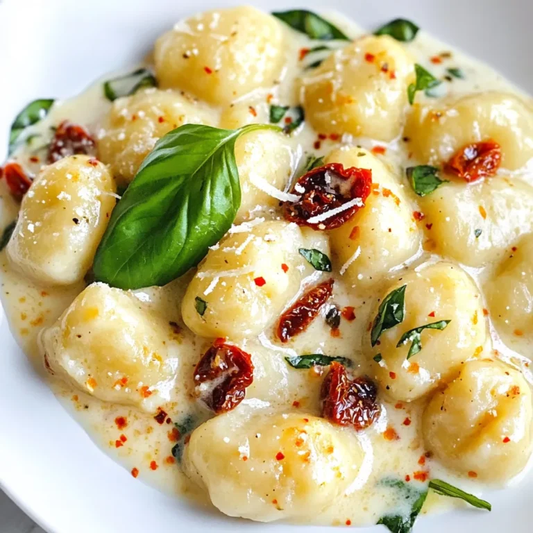 To make creamy sun-dried tomato gnocchi, gather these fresh and flavorful ingredients: - Potato gnocchi: 1 package (16 oz) - Sun-dried tomatoes: 1 cup, packed in oil, drained and chopped - Heavy cream: 1 cup - Extra virgin olive oil: 2 tablespoons - Garlic: 2 cloves, finely minced - Dried herbs: 1 teaspoon basil, 1 teaspoon oregano - Seasoning: Salt and freshly cracked black pepper to taste - Parmesan cheese: ½ cup freshly grated - Garnish: Fresh basil leaves These ingredients come together to create a rich, creamy dish. The potato gnocchi serves as a soft and pillowy base. Sun-dried tomatoes add a burst of umami flavor. Heavy cream brings creaminess, while garlic adds depth. The herbs add a nice touch of earthiness, and Parmesan cheese gives a savory finish. Fresh basil leaves make the dish pop with color and flavor. When you pick your ingredients, choose high-quality sun-dried tomatoes. This choice boosts flavor and keeps the dish rich. Fresh basil will also brighten your plate and enhance the taste. Using fresh ingredients makes this dish not just tasty but also visually appealing. {{ingredient_image_2}} 1. Boil salted water in a large pot. Wait until it reaches a rolling boil. 2. Add the potato gnocchi to the boiling water. Cook them until they float, about 2-3 minutes. 3. Use a slotted spoon to remove the gnocchi. Let any extra water drain off. 4. Set the cooked gnocchi aside in a bowl while you make the sauce. 1. Heat extra virgin olive oil in a large skillet over medium heat. 2. Add finely minced garlic and sauté for about 1 minute. Stir often to avoid browning. 3. Add the chopped sun-dried tomatoes to the pan. Cook for 2-3 minutes to infuse the flavor. 4. Pour in the heavy cream. Stir gently to combine with the garlic and tomatoes. 5. Bring the mixture to a gentle simmer. Increase the heat slightly to warm the cream. 1. Add dried basil, oregano, salt, and pepper. Stir well and let the sauce simmer for about 5 minutes. This helps thicken it. 2. Stir in freshly grated Parmesan cheese. Mix until it melts smoothly into the sauce. 3. Gently fold in the cooked gnocchi. Make sure the dumplings are fully coated in the creamy sauce. 4. Serve hot on plates. Garnish with fresh basil leaves and more Parmesan cheese. Enjoy! To boost flavor in your creamy sun-dried tomato gnocchi, use fresh herbs. Fresh basil works wonders. You can also try thyme or rosemary for a twist. For cheese, swap Parmesan with goat cheese or feta. Each option adds a unique taste. When plating, use shallow bowls to showcase your dish. This gives a restaurant feel. Sprinkle extra Parmesan on top for a touch of elegance. Add fresh basil leaves for color. A drizzle of high-quality olive oil enhances the look and flavor. Sauté garlic on medium heat to avoid burning. Stir it well until fragrant. This step adds depth to your sauce. For cream thickness, simmer longer for a thicker sauce. If you prefer a lighter sauce, add a splash of milk or broth to thin it out. Pro Tips Use Quality Gnocchi: Opt for fresh or high-quality store-bought gnocchi for the best texture and flavor. This will elevate your dish significantly. Customize Your Cream: For a lighter version, substitute half of the heavy cream with vegetable or chicken broth. This will still give you a creamy consistency while reducing calories. Herb Freshness: If you have access to fresh herbs, use them instead of dried. Fresh basil and oregano will impart a brighter flavor to your sauce. Perfect Cheese Melting: Grate your Parmesan cheese fresh for the best melting results. Pre-grated cheese can contain anti-caking agents that prevent smooth melting. {{image_4}} You can easily make this dish suit your diet. For those who need a gluten-free option, try using cauliflower gnocchi. They have a nice texture and taste great with the creamy sauce. If you prefer a vegan version, substitute the heavy cream with coconut cream or cashew cream. Use a dairy-free cheese to maintain that rich flavor without animal products. Feel free to get creative with the ingredients. You can add other vegetables like spinach or mushrooms to boost nutrition and flavor. Spinach adds a lovely green color, while mushrooms provide an earthy taste. For cheese, try using goat cheese or feta instead of Parmesan. Each cheese brings a unique flavor that changes the dish's character. Pair your creamy sun-dried tomato gnocchi with side dishes for a complete meal. A fresh green salad or garlic bread works well. If you want to add protein, toss in cooked chicken or shrimp. Both options elevate the dish and make it heartier. You can also serve it with a side of roasted vegetables for a colorful plate. To keep your creamy sun-dried tomato gnocchi fresh, store it in an airtight container. Place it in the fridge. It will last about 3 days. If you want to save it longer, consider freezing. To freeze, let the dish cool completely. Then, transfer it to a freezer-safe container. It can last for up to 3 months. Just leave some space at the top for expansion. When reheating, keep the texture nice and creamy. The best way is to use a skillet. Heat it over low to medium heat. Add a splash of cream or water to help loosen the sauce. Stir gently until warmed through. You can also use the microwave. Place a portion in a microwave-safe bowl. Cover it loosely to avoid splatters. Heat in short bursts, stirring in between. This way, you keep all the yummy flavors intact. Making creamy sun-dried tomato gnocchi takes about 25 minutes. You spend around 10 minutes prepping the ingredients, like chopping sun-dried tomatoes and mincing garlic. Cooking the gnocchi takes only 2-3 minutes in boiling water. The sauce takes about 10 minutes to make. This quick dish is great for busy nights! You can prepare this dish in advance. Cook the gnocchi and sauce separately. Store the cooked gnocchi in the fridge for one to two days. Keep the sauce in a sealed container. When ready to eat, just reheat both parts. This way, you save time during busy days. Creamy sun-dried tomato gnocchi pairs well with many sides. A fresh salad with mixed greens adds a nice crunch. Garlic bread is another great choice, perfect for soaking up the sauce. You can also serve roasted vegetables for a colorful plate. Grilled chicken or shrimp adds protein and makes it even heartier. This dish can fit various diets with a few tweaks. For gluten-free options, use cauliflower gnocchi instead of potato gnocchi. To make it vegan, swap the heavy cream for coconut cream and use nutritional yeast in place of Parmesan cheese. These changes keep the dish tasty while meeting dietary needs. This blog post outlined a tasty creamy sun-dried tomato gnocchi dish. You learned about the key ingredients, simple steps for preparation, and helpful tips for flavor. I also shared variations for special diets and ingredient swaps. Remember, you can easily adjust this dish to fit your needs. Cooking should be fun and flexible. Try it out, and enjoy experimenting in your kitchen!