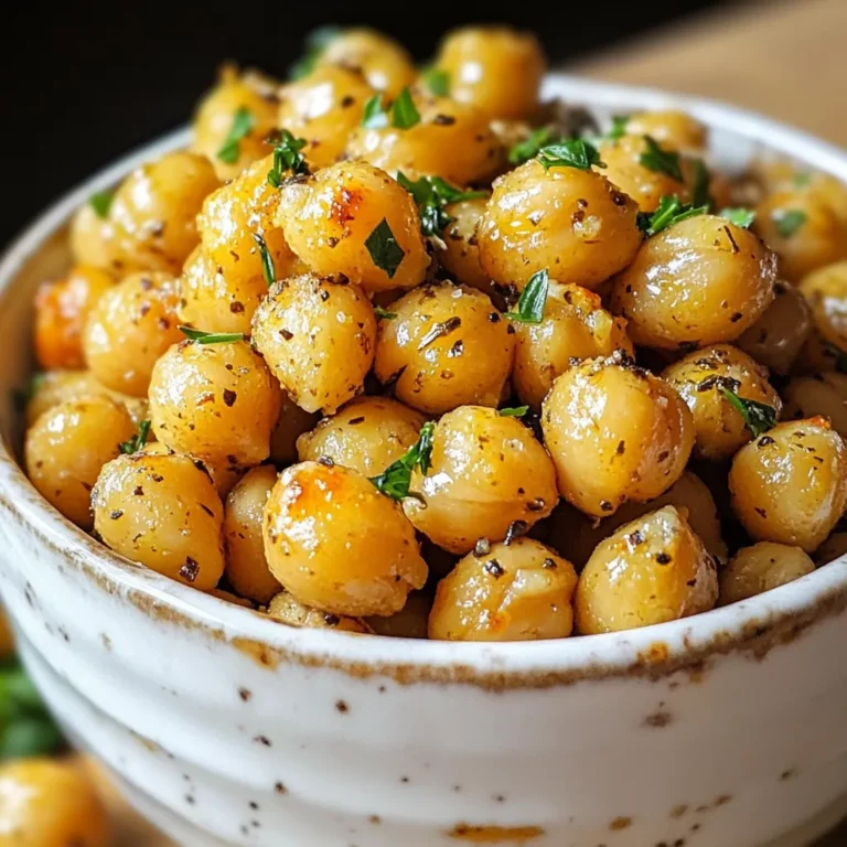 - 1 can (15 oz) chickpeas, rinsed and drained - 2 tablespoons extra virgin olive oil - 4 cloves of garlic, finely minced - 1 teaspoon dried oregano - 1 teaspoon dried thyme - 1 teaspoon smoked paprika - Sea salt and freshly cracked black pepper to taste - Fresh parsley, finely chopped (for garnish) Chickpeas are the star of this snack. They bring a nice crunch and protein. I use a can for ease, but you can cook your own if you prefer. Olive oil adds flavor and helps the spices stick. I love using minced garlic for a bold taste. The oregano and thyme bring out the herb notes, while smoked paprika gives a warm, smoky flavor. Don’t forget the salt and pepper; they really enhance everything. Fresh parsley on top makes it look great and adds freshness. - Lemon wedges - Additional herbs For extra zing, serve with lemon wedges. A squeeze of lemon brightens the dish. You can also add other herbs like basil or cilantro for new flavors. These garnishes make the chickpeas even more fun to eat. {{ingredient_image_2}} First, you need to preheat the oven to 400°F (200°C). This step is key for roasting. While the oven heats, grab a can of chickpeas. Open it, and rinse the chickpeas well under cool water. Drain them well. This helps remove extra sodium and prepares them for seasoning. In a medium mixing bowl, pour in 2 tablespoons of extra virgin olive oil. Add 4 finely minced cloves of garlic. Then, mix in 1 teaspoon of dried oregano and 1 teaspoon of dried thyme. For a bit of smokiness, include 1 teaspoon of smoked paprika. Add sea salt and freshly cracked black pepper to taste. Stir the mixture well to combine all the flavors. Next, toss the rinsed chickpeas into the bowl. Make sure to coat them evenly with the oil and spice mixture. This step ensures each chickpea gets the right amount of flavor. Line a baking sheet with parchment paper for easy cleanup later. Spread the seasoned chickpeas in a single layer on the sheet. This helps them roast evenly. Now, place the baking sheet in the preheated oven. Roast the chickpeas for 25 to 30 minutes. Remember to stir them halfway through. This promotes even crispiness. They should turn a lovely golden brown color. After roasting, take out the baking sheet and let the chickpeas cool for a few minutes. This cooling time helps them become extra crispy. Once cool, transfer the chickpeas to a serving bowl. For a fresh touch, sprinkle some finely chopped parsley on top before serving. To make your chickpeas crispy, soak them first. Soaking helps remove excess starch. This leads to a crunchier texture. Next, use the right roasting temperature. Preheat your oven to 400°F (200°C). This high heat helps achieve that perfect crunch. Using fresh herbs can boost the flavor. Fresh parsley adds brightness and freshness. Chop it finely for a nice touch. Don't be afraid to experiment with spices. Smoked paprika gives a smoky flavor. Try adding a pinch of cayenne for heat, or use cumin for a warm depth. Each spice can change the taste. Enjoy mixing and matching to find your favorite! Pro Tips Use Dried Chickpeas: For an even crunchier texture, consider using dried chickpeas. Soak them overnight and cook them until tender before seasoning and roasting. Spice Variations: Feel free to experiment with different spices! Adding cumin, chili powder, or even curry powder can give your roasted chickpeas a unique flavor profile. Check for Doneness: Keep an eye on the chickpeas towards the end of the roasting time. Depending on your oven, they may need a little less or more time to reach that perfect crunch. Storage Tips: Store any leftover chickpeas in an airtight container at room temperature. They’re best enjoyed within a few days for optimal crispiness. {{image_4}} You can change the flavors of your garlic herb roasted chickpeas to make them more fun. - Spicy variation: Add cayenne pepper or chili powder for heat. Start with a small amount. Taste and add more if you like. This will give your chickpeas a nice kick. - Sweet and savory twist: Mix in a little brown sugar or maple syrup. This will add a sweet layer to your roasted chickpeas. The sweetness balances out the garlic and spices. Chickpeas are great for many diets. You can easily adjust the recipe to fit your needs. - Gluten-free options: This recipe is naturally gluten-free. You don't need to change anything. Just make sure your spices are also gluten-free. - Vegetarian and vegan-friendly: This dish is perfect for vegetarians and vegans. Chickpeas are packed with protein and fiber. They make a healthy snack without any animal products. These variations and adjustments keep your snack exciting and fit for everyone! After making garlic herb roasted chickpeas, let them cool down. Place the cooled chickpeas in an airtight container. This keeps them fresh for about three days. You can store them in the pantry or on the counter. Just make sure they are away from sunlight. If they lose some crunch, you can re-crisp them in the oven. If you want to keep chickpeas longer, you can freeze them. First, allow the roasted chickpeas to cool completely. Then, spread them in a single layer on a baking sheet. Freeze them for about an hour. After that, transfer the chickpeas to a freezer-safe bag. Remove as much air as possible and seal it tightly. They can stay in the freezer for up to three months. When you are ready to eat, bake them again at 400°F for a quick crunch. To make chickpeas crispy, start by rinsing and draining them well. This helps remove excess moisture. Next, toss them in olive oil and spices. Spread them out in a single layer on a baking sheet. Roasting them at 400°F (200°C) for about 25-30 minutes is key. Stir halfway through cooking to ensure even crispiness. Let them cool slightly after roasting. This cooling step helps them become even crunchier. Yes, you can use dried chickpeas! However, you will need to soak and cook them first. Soak the dried chickpeas in water overnight. Then, boil them for about an hour until they are tender. After cooking, drain and dry them well. Follow the same steps to season and roast them for a tasty snack. Roasted chickpeas are great on their own, but you can get creative! Serve them as a snack or toss them in salads for added crunch. You can also use them as a topping for soups or grain bowls. Pair them with dips like hummus or yogurt for a fun appetizer. They also make a great party snack! Roasted chickpeas can last up to a week when stored properly. Keep them in an airtight container at room temperature. For longer storage, you can freeze them. Just remember to let them cool completely before freezing. When ready to eat, re-roast them in the oven for a few minutes to regain their crunch. Roasting chickpeas is easy and fun. You learned about key ingredients like chickpeas and spices. Mixing them well is crucial for flavor. Roasting tips help ensure crispiness, while variations let you explore new tastes. Storing properly extends their shelf life. Remember, these snacks suit many diets. Enjoy experimenting with flavors! Roasted chickpeas are crunchy, tasty, and healthy. Use this guide to create your own delicious snacks.