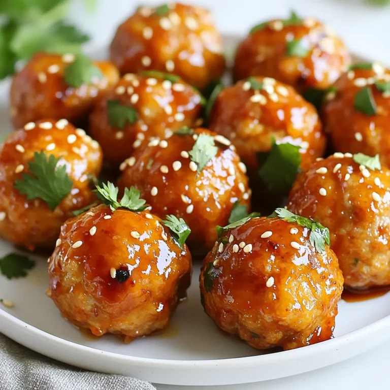 - 1 pound ground chicken (or substitute ground turkey) - 1/2 cup plain breadcrumbs - 1/4 cup finely chopped green onions - 2 cloves garlic, minced - 1 large egg, beaten - 1 tablespoon soy sauce (low-sodium recommended) - 1 teaspoon freshly grated ginger - Salt and freshly ground black pepper to taste - 1/3 cup honey (preferably raw) - 1/4 cup Sriracha sauce (adjust to taste) - 1 tablespoon rice vinegar - Sesame seeds (for garnish) - Fresh cilantro leaves (for garnish) The main ingredients for Honey Sriracha Meatballs create a perfect blend. Ground chicken gives the meatballs a tender bite. Breadcrumbs add texture, while green onions and garlic bring a fresh taste. The egg helps bind everything together. Low-sodium soy sauce adds a savory note. Honey and Sriracha create a sweet and spicy kick. Ginger adds warmth, and rice vinegar brightens the dish. You can swap ground chicken for ground turkey for a different flavor. If you want a vegetarian version, try using lentils or chickpeas. You can also use panko instead of plain breadcrumbs for a crunchier texture. For a gluten-free option, use gluten-free breadcrumbs and tamari instead of soy sauce. Adjust the Sriracha based on your heat preference. You can even add chopped bell peppers or carrots for extra veggies. Garnishes make your dish pop. Sprinkle sesame seeds over the meatballs for crunch. Fresh cilantro leaves add color and flavor. Serve these meatballs on a platter, drizzled with leftover glaze. For parties, add toothpicks for easy eating. Pair them with rice or noodles for a complete meal. You can also serve them as appetizers with dipping sauces. {{ingredient_image_2}} First, preheat your oven to 400°F (200°C). Line a baking sheet with parchment paper. This will help with cleanup later. In a large bowl, mix the ground chicken, breadcrumbs, chopped green onions, minced garlic, beaten egg, soy sauce, grated ginger, salt, and pepper. Use your hands for the best mix. Blend the ingredients well until they form a uniform mixture. This should take about 2 minutes. Next, take small portions of the mixture and shape them into 1-inch meatballs. Place each meatball on the baking sheet. Make sure to leave space between them. This helps them cook evenly. After that, it’s time to prepare the glaze. In a small bowl, whisk together the honey, Sriracha sauce, and rice vinegar. Set aside a couple of tablespoons for later. Brush or drizzle the glaze over the meatballs before baking them. Now, place the baking sheet in the oven. Bake the meatballs for 18 to 20 minutes. They should turn golden brown and reach an internal temperature of 165°F (75°C). When the meatballs are done, take them out of the oven. Brush them with the reserved Sriracha honey sauce for an extra kick. For a lovely finish, sprinkle sesame seeds and fresh cilantro on top. Serve them warm, and enjoy this tasty dish! To get the best flavor from your Honey Sriracha Meatballs, use fresh ingredients. Fresh garlic and ginger make a big difference. The honey adds sweetness, and the Sriracha brings heat. Adjust the amount of Sriracha to suit your taste. If you like it spicier, add more Sriracha. For a milder flavor, reduce it. Mix your meatball ingredients well. This helps blend all flavors. You can cook your meatballs in the oven or an air fryer. Both methods work well. The oven gives a nice, even cook. Set it to 400°F (200°C) and bake for 18-20 minutes. Ensure they reach an internal temperature of 165°F (75°C). An air fryer cooks faster. It can give you a crispier outside. If you choose the air fryer, cook at 375°F (190°C) for about 12-15 minutes. Check for doneness as you would in the oven. Store any leftover meatballs in an airtight container. Keep them in the fridge for up to three days. You can also freeze them for longer storage. Place them in a freezer bag, and they can last for about three months. When you’re ready to eat, thaw them in the fridge overnight. Reheat them in the oven or microwave. Drizzle some extra honey Sriracha sauce on top for added flavor. This keeps your meatballs tasty and fresh! Pro Tips Use Lean Meat: Opt for lean ground chicken or turkey to keep the meatballs moist without excess fat. Adjust Spice Level: Feel free to adjust the amount of Sriracha based on your heat preference; start with less and add more if desired. Prep Ahead: You can prepare the meatballs in advance and refrigerate them. Bake them fresh right before serving for best results. Experiment with Glazes: Try adding different flavors to your glaze, such as lime juice or garlic, for a unique twist each time. {{image_4}} You can swap the ground chicken for ground turkey or beef. Turkey gives a lighter taste. Beef adds a richer flavor. If you want a vegetarian option, use lentils or chickpeas. Just mash them well and follow the same steps. This keeps the dish tasty for everyone. To change the heat, adjust the Sriracha. For a milder taste, use less. For more heat, add a bit more Sriracha. You can also mix in red pepper flakes or chili paste. If you like sweet and spicy, add more honey. A touch of lime juice can brighten the flavors, too. These meatballs are great on their own or with sides. You can serve them over rice or noodles for a full meal. For a fun snack, put them on toothpicks. They are perfect for parties! You can also add them to a wrap with fresh veggies. Drizzle more glaze on top for extra flavor. To keep your Honey Sriracha meatballs fresh, let them cool first. Once they cool, place them in an airtight container. This helps the meatballs stay moist and flavorful. Store them in the fridge for up to three days. If you want to keep them longer, freezing is a great option. Freezing meatballs is easy. First, let them cool completely. Then, arrange the meatballs in a single layer on a baking sheet. Freeze them for about two hours. After they are firm, transfer them to a freezer-safe bag. Label the bag with the date. You can freeze them for up to three months. This way, you have a quick meal ready whenever you need it! Reheating Honey Sriracha meatballs is simple. For the best taste, use the oven. Preheat the oven to 350°F (175°C). Place the meatballs on a baking sheet and cover them with foil. Bake for about 10-15 minutes. If you prefer the microwave, heat them in 30-second bursts until warm. Just be careful not to overcook them! Enjoy your tasty meatballs again! You can use ground turkey or ground beef as a substitute. Each option offers a different flavor. Ground turkey is leaner than beef, while beef adds a richer taste. If you prefer, you can even use plant-based meat for a vegetarian option. This keeps the dish light while still being tasty. To add more heat, increase the Sriracha sauce in the glaze. You can also mix in red pepper flakes or cayenne pepper into the meatball mixture. For a smoky flavor, try adding chipotle powder. Always taste as you go to find your perfect spice level. Honey Sriracha Meatballs can be a healthy choice. They use lean meat and fresh ingredients. The honey adds sweetness but also some natural sugars. If you watch portion sizes, they fit well in a balanced diet. You can lower calories by using less honey or opting for whole-grain breadcrumbs. You now know how to make Honey Sriracha Meatballs from start to finish. We covered key ingredients, useful tips, and various ways to enjoy this dish. Remember, adjust the spice level to your liking and explore different meats. Whether you bake or air fry, these meatballs promise great flavor. Use the storage tips to keep your leftovers fresh. Enjoy this tasty dish with family or friends and make it your own.