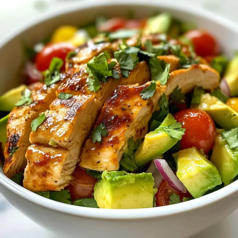 - 2 boneless, skinless chicken breasts - 2 ripe avocados, diced - 1 cup cherry tomatoes, halved - 1/2 red onion, finely chopped - 1/4 cup fresh cilantro, chopped - 3 tablespoons freshly squeezed lime juice (about 2 limes) - 2 tablespoons extra virgin olive oil - 1 teaspoon garlic powder - 1 teaspoon ground cumin - Salt and black pepper to taste - Skillet - Mixing bowls - Whisk The main ingredients for Zesty Lime Chicken Avocado Salad are fresh and bright. The chicken offers protein, while the avocados add creaminess. Cherry tomatoes burst with flavor, and red onion gives a nice bite. Fresh cilantro brings a unique taste. You will need a skillet for cooking the chicken. A mixing bowl is great for the salad mix and dressing. A whisk helps blend the dressing well. Using fresh ingredients makes this salad shine. Choose ripe avocados and sweet tomatoes. Trust me; the taste will be worth it! {{ingredient_image_2}} Start with the chicken breasts. First, season them on both sides with garlic powder, ground cumin, salt, and black pepper. This adds great flavor. In a skillet, heat olive oil over medium heat. When the oil is hot, add the chicken. Cook each side for about 6-7 minutes. The chicken should be browned and the juices should run clear. Once done, take it out and let it rest for 5 minutes. After resting, slice the chicken into thin strips. Grab a small mixing bowl. Whisk together the lime juice and olive oil. Add a pinch of salt and black pepper. Taste the dressing, and adjust the seasoning if needed. You want it zesty but balanced. In a large bowl, mix the diced avocados, halved cherry tomatoes, chopped red onion, and fresh cilantro. Gently fold the ingredients together. Be careful not to mash the avocados. This creates a nice, colorful base for your salad. Now, layer the sliced chicken on top of the salad mixture. Drizzle the lime dressing over everything. Toss the salad gently to combine. This keeps the avocados intact and creamy. Portion the salad into bowls or plates. For a nice touch, garnish each serving with extra cilantro leaves and lime wedges. This adds color and a burst of flavor. To keep your avocados intact, handle them gently. After cutting, use a spoon to scoop them into the bowl. Choose ripe avocados for the best flavor and texture. The perfect cooking time for chicken is about 6-7 minutes per side. Cook until juices run clear. This ensures juicy chicken for your salad. You can swap chicken for grilled shrimp or tofu. If you want a different taste, try using mango instead of avocado. For dressings, a yogurt-based dressing works well. You can also add nuts or seeds for extra crunch. For a gluten-free salad, just check all ingredients. Most are naturally gluten-free. If you want a vegan version, use chickpeas or tofu. They add protein and keep the salad filling. Enjoy making the salad work for your diet! Pro Tips Perfectly Cooked Chicken: Use a meat thermometer to check the internal temperature of the chicken; it should reach 165°F (75°C) for safety and optimal juiciness. Fresh Ingredients: Select ripe avocados and fresh herbs for the best flavor. Firm avocados will not mash easily and will add creaminess to the salad. Make Ahead: Prepare the dressing and chop the vegetables in advance to save time. Combine just before serving to maintain freshness. Flavor Variations: Add diced jalapeños for a spicy kick or sprinkle some feta cheese for a creamy, tangy addition that complements the lime. {{image_4}} You can give this salad a fun twist with a Mexican flair. Start by adding corn and black beans. These ingredients bring a sweet and hearty flavor. You can also use taco seasoning for the chicken. This seasoning adds spice and depth to your dish, making it extra tasty. For a Mediterranean twist, incorporate feta cheese and olives into your salad. Feta adds a creamy texture and a salty kick. Olives bring a briny flavor that pairs well with the other fresh ingredients. Instead of the lime dressing, try using balsamic vinaigrette. This change gives the salad a sweet and tangy note. Using fresh herbs and veggies from local markets can enhance your salad. Seasonal produce not only tastes better but also supports local farms. Consider adding seasonal fruits like strawberries or peaches. These fruits add a burst of flavor and color, making your salad even more delightful. Store your Zesty Lime Chicken Avocado Salad in an airtight container. This helps keep it fresh. It is best to eat the salad within 1-2 days. After that, the avocados may turn brown and mushy. If you have leftovers, avoid mixing in the dressing until ready to eat. This keeps the salad crisp. Can the salad be frozen? I do not recommend freezing it. Freezing changes the texture of the avocado and tomatoes. If you want to save chicken, you can freeze it separately. Wrap the chicken tightly in plastic wrap or foil. Store it in a freezer bag for up to 3 months. Make sure to label the bag with the date. To reheat the chicken, place it in a skillet over low heat. Add a splash of water to keep it moist. Heat for 5-10 minutes, turning often. Do not let it get too hot, or it will dry out. When you serve the salad, add fresh ingredients like avocado and tomatoes. This keeps the salad fresh and enjoyable. This salad lasts about 2-3 days in the fridge. Store it in an airtight container. Always check for signs of spoilage before eating. The chicken and dressing should stay fresh for a few days. However, the avocados may brown. To slow this down, keep the dressing separate until serving. Yes, you can prepare this salad ahead of time. Cook the chicken and let it cool before slicing. You can mix the other ingredients in a bowl. Just wait to add the dressing until you are ready to serve. This keeps the avocados fresh and tasty. This salad pairs well with many dishes. You can serve it with tortilla chips for crunch. Grilled corn on the cob also makes a great side. If you want something warm, try garlic bread. For a light meal, serve it with a soup, like tomato basil. This blog post covers a delicious Zesty Lime Chicken Avocado Salad. We explored the main ingredients, tools needed, and step-by-step instructions to create it. I also shared tips for perfecting your salad, possible variations, and storage advice. Experiment with flavors that excite you and adapt the recipe to your taste. This salad is not only tasty, but it can also fit any meal plan. Enjoy making it your own and satisfying your hunger with fresh ingredients.