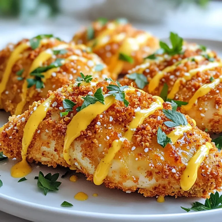 - 4 boneless, skinless chicken breasts - 1 cup pretzels, finely crushed into small pieces - 1/2 cup panko bread crumbs - 1/4 cup all-purpose flour - 1/2 teaspoon garlic powder - 1/2 teaspoon onion powder - 1/2 teaspoon smoked paprika - 1/2 teaspoon salt - 1/4 teaspoon freshly cracked black pepper - 2 large eggs The main ingredients create a tasty crunch. The chicken gives a solid base. Pretzels add crunch and a salty bite. Panko bread crumbs make it extra crispy. The seasonings give the dish its unique flavor. - 1/4 cup honey - 1/4 cup Dijon mustard - 1 tablespoon apple cider vinegar The honey mustard mixture adds a sweet and tangy flavor. Honey brings sweetness, while Dijon mustard gives a nice kick. Apple cider vinegar balances the mix, making it bright and tasty. - Fresh parsley, finely chopped Fresh parsley adds a pop of color. It gives a fresh taste to the rich chicken. Sprinkle it on top just before serving for a lovely touch. {{ingredient_image_2}} 1. Preheat your oven to 400°F (200°C). This helps cook the chicken evenly. 2. Line a large baking sheet with parchment paper to keep the chicken from sticking. 3. In a shallow dish, mix the crushed pretzels, panko bread crumbs, garlic powder, onion powder, smoked paprika, salt, and black pepper. Stir until everything blends well. 1. Take one chicken breast and dredge it in all-purpose flour. Shake off any extra flour. 2. Dip the floured chicken into the beaten eggs. Let excess egg drip back into the dish. 3. Press the chicken into the pretzel mixture, making sure it coats all sides. Place the coated chicken on the baking sheet. Repeat this for each chicken breast. 1. Drizzle half of the honey mustard sauce over each piece of chicken. Make sure it covers well. 2. Bake in the oven for 20 to 25 minutes. The chicken should turn golden brown and be cooked through. 3. In the last five minutes, drizzle the remaining honey mustard sauce over the chicken. This adds extra flavor. 4. When finished, take the chicken out of the oven. Let it rest for a few minutes before serving. To ensure even cooking of chicken, choose breasts of similar size. Thin pieces cook faster. Use a meat thermometer to check doneness. Chicken should reach 165°F (75°C). This will keep it juicy and safe to eat. Achieving a crispy texture comes from the pretzel coating. Press the chicken firmly into the pretzel mix. This helps it stick better during baking. Bake until golden brown. The last five minutes of baking, drizzle more honey mustard. This adds flavor and moisture. Customizing the honey mustard sauce is easy. You can adjust the sweetness by adding more honey or vinegar. Use spicy mustard for a kick. This will give your dish a unique twist. Adding extra spices for flavor can elevate your dish. Try cayenne for heat or smoked paprika for depth. A pinch of herbs like thyme or rosemary can also enhance the taste. These simple changes make a big impact. Serving suggestions can make your meal look gourmet. Arrange the chicken on a large platter. Drizzle extra honey mustard sauce over the top. Garnish with fresh parsley for color. Plating the chicken attractively adds to the dining experience. Use a clean plate with a colorful side, like roasted veggies. A vibrant green salad pairs well, too. This keeps the meal fresh and appealing. Pro Tips Use Fresh Ingredients: Opt for fresh chicken breasts and high-quality honey and mustard for the best flavor. Crush Pretzels Finely: Ensure your pretzel crumbs are finely crushed to create a better coating that adheres well to the chicken. Rest the Chicken: Allow the chicken to rest for a few minutes after baking. This helps the juices redistribute, making the chicken juicier. Customize the Sauce: Feel free to adjust the honey and mustard ratios in the sauce to suit your taste preferences; add more honey for sweetness or more mustard for tang. {{image_4}} You can make this dish healthier in a few simple ways. - Use whole grain pretzels for more fiber. - Try gluten-free pretzels if you need a gluten-free option. Both swaps maintain the tasty crunch and flavor you love. They also keep the meal nutritious and satisfying. Want to change the taste a bit? You can easily adjust the flavor. - Experiment with different mustard types, like honey or spicy mustard. - Add heat by mixing in cayenne pepper or chili flakes. These changes let you create a dish that fits your taste. You might even find a new favorite! This chicken pairs well with many side dishes. Here are some ideas: - Serve it with roasted seasonal vegetables for color and flavor. - A fresh green salad also makes a great side. For dips, try ranch or extra honey mustard sauce. They add a nice touch to your meal. To keep your Honey Mustard Pretzel Chicken fresh, use airtight containers. Glass or plastic containers work well. Store the chicken in the fridge for up to three days. If you want it to last longer, freezing is a great option. To freeze the chicken, let it cool first. Wrap each piece in plastic wrap or foil. Then, place them in a freezer-safe bag. Make sure to remove as much air as possible. The chicken can stay in the freezer for up to three months. To reheat, thaw it in the fridge overnight. Bake it at 350°F (175°C) until heated through. To maintain flavor, store the sauce separately. This helps keep the chicken crispy. When reheating, avoid the microwave. Instead, use the oven for a better texture. Enjoy your meal as fresh as possible! To keep the chicken juicy, follow these tips: - Use boneless, skinless chicken breasts. - Dredge the chicken in flour first. - Dip it in egg to lock in moisture. - Press it well into the pretzel coating. - Bake at 400°F for just 20 to 25 minutes. - Let it rest after baking for a few minutes. These steps help create a flavorful crust while keeping the inside tender. Yes, you can make this dish ahead of time. Here’s how: - Prepare the chicken and coat it. - Place it on your baking sheet and cover it. - Store it in the fridge for up to 24 hours. - When ready, just bake it straight from the fridge. This makes meal prep easy and saves time on busy days. There are many tasty sauces to serve with this dish: - Extra honey mustard sauce for a sweet kick. - Ranch dressing for a creamy contrast. - BBQ sauce for a smoky flavor. - A spicy aioli for a bit of heat. These sauces add fun and flavor to the meal! In this post, we explored making Honey Mustard Pretzel Chicken. You learned about key ingredients, from boneless chicken to fresh parsley. We covered step-by-step instructions for prepping, coating, and baking the chicken. I shared tips for even cooking and achieving a crispy finish. You also discovered variations and how to store leftovers. This dish is simple, tasty, and perfect for any meal. Enjoy your cooking adventure and impress your friends and family with this recipe!