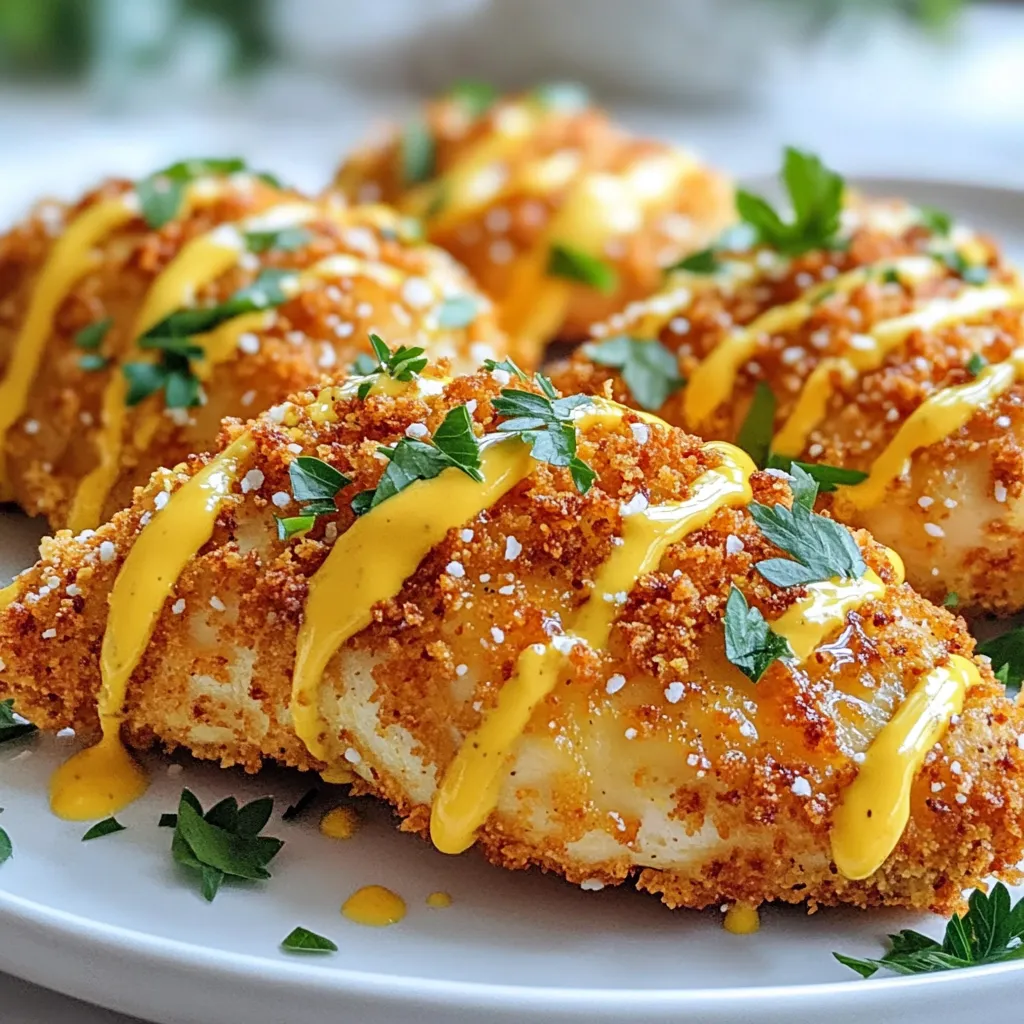 - 4 boneless, skinless chicken breasts - 1 cup pretzels, finely crushed into small pieces - 1/2 cup panko bread crumbs - 1/4 cup all-purpose flour - 1/2 teaspoon garlic powder - 1/2 teaspoon onion powder - 1/2 teaspoon smoked paprika - 1/2 teaspoon salt - 1/4 teaspoon freshly cracked black pepper - 2 large eggs The main ingredients create a tasty crunch. The chicken gives a solid base. Pretzels add crunch and a salty bite. Panko bread crumbs make it extra crispy. The seasonings give the dish its unique flavor. - 1/4 cup honey - 1/4 cup Dijon mustard - 1 tablespoon apple cider vinegar The honey mustard mixture adds a sweet and tangy flavor. Honey brings sweetness, while Dijon mustard gives a nice kick. Apple cider vinegar balances the mix, making it bright and tasty. - Fresh parsley, finely chopped Fresh parsley adds a pop of color. It gives a fresh taste to the rich chicken. Sprinkle it on top just before serving for a lovely touch. {{ingredient_image_2}} 1. Preheat your oven to 400°F (200°C). This helps cook the chicken evenly. 2. Line a large baking sheet with parchment paper to keep the chicken from sticking. 3. In a shallow dish, mix the crushed pretzels, panko bread crumbs, garlic powder, onion powder, smoked paprika, salt, and black pepper. Stir until everything blends well. 1. Take one chicken breast and dredge it in all-purpose flour. Shake off any extra flour. 2. Dip the floured chicken into the beaten eggs. Let excess egg drip back into the dish. 3. Press the chicken into the pretzel mixture, making sure it coats all sides. Place the coated chicken on the baking sheet. Repeat this for each chicken breast. 1. Drizzle half of the honey mustard sauce over each piece of chicken. Make sure it covers well. 2. Bake in the oven for 20 to 25 minutes. The chicken should turn golden brown and be cooked through. 3. In the last five minutes, drizzle the remaining honey mustard sauce over the chicken. This adds extra flavor. 4. When finished, take the chicken out of the oven. Let it rest for a few minutes before serving. To ensure even cooking of chicken, choose breasts of similar size. Thin pieces cook faster. Use a meat thermometer to check doneness. Chicken should reach 165°F (75°C). This will keep it juicy and safe to eat. Achieving a crispy texture comes from the pretzel coating. Press the chicken firmly into the pretzel mix. This helps it stick better during baking. Bake until golden brown. The last five minutes of baking, drizzle more honey mustard. This adds flavor and moisture. Customizing the honey mustard sauce is easy. You can adjust the sweetness by adding more honey or vinegar. Use spicy mustard for a kick. This will give your dish a unique twist. Adding extra spices for flavor can elevate your dish. Try cayenne for heat or smoked paprika for depth. A pinch of herbs like thyme or rosemary can also enhance the taste. These simple changes make a big impact. Serving suggestions can make your meal look gourmet. Arrange the chicken on a large platter. Drizzle extra honey mustard sauce over the top. Garnish with fresh parsley for color. Plating the chicken attractively adds to the dining experience. Use a clean plate with a colorful side, like roasted veggies. A vibrant green salad pairs well, too. This keeps the meal fresh and appealing. Pro Tips Use Fresh Ingredients: Opt for fresh chicken breasts and high-quality honey and mustard for the best flavor. Crush Pretzels Finely: Ensure your pretzel crumbs are finely crushed to create a better coating that adheres well to the chicken. Rest the Chicken: Allow the chicken to rest for a few minutes after baking. This helps the juices redistribute, making the chicken juicier. Customize the Sauce: Feel free to adjust the honey and mustard ratios in the sauce to suit your taste preferences; add more honey for sweetness or more mustard for tang. {{image_4}} You can make this dish healthier in a few simple ways. - Use whole grain pretzels for more fiber. - Try gluten-free pretzels if you need a gluten-free option. Both swaps maintain the tasty crunch and flavor you love. They also keep the meal nutritious and satisfying. Want to change the taste a bit? You can easily adjust the flavor. - Experiment with different mustard types, like honey or spicy mustard. - Add heat by mixing in cayenne pepper or chili flakes. These changes let you create a dish that fits your taste. You might even find a new favorite! This chicken pairs well with many side dishes. Here are some ideas: - Serve it with roasted seasonal vegetables for color and flavor. - A fresh green salad also makes a great side. For dips, try ranch or extra honey mustard sauce. They add a nice touch to your meal. To keep your Honey Mustard Pretzel Chicken fresh, use airtight containers. Glass or plastic containers work well. Store the chicken in the fridge for up to three days. If you want it to last longer, freezing is a great option. To freeze the chicken, let it cool first. Wrap each piece in plastic wrap or foil. Then, place them in a freezer-safe bag. Make sure to remove as much air as possible. The chicken can stay in the freezer for up to three months. To reheat, thaw it in the fridge overnight. Bake it at 350°F (175°C) until heated through. To maintain flavor, store the sauce separately. This helps keep the chicken crispy. When reheating, avoid the microwave. Instead, use the oven for a better texture. Enjoy your meal as fresh as possible! To keep the chicken juicy, follow these tips: - Use boneless, skinless chicken breasts. - Dredge the chicken in flour first. - Dip it in egg to lock in moisture. - Press it well into the pretzel coating. - Bake at 400°F for just 20 to 25 minutes. - Let it rest after baking for a few minutes. These steps help create a flavorful crust while keeping the inside tender. Yes, you can make this dish ahead of time. Here’s how: - Prepare the chicken and coat it. - Place it on your baking sheet and cover it. - Store it in the fridge for up to 24 hours. - When ready, just bake it straight from the fridge. This makes meal prep easy and saves time on busy days. There are many tasty sauces to serve with this dish: - Extra honey mustard sauce for a sweet kick. - Ranch dressing for a creamy contrast. - BBQ sauce for a smoky flavor. - A spicy aioli for a bit of heat. These sauces add fun and flavor to the meal! In this post, we explored making Honey Mustard Pretzel Chicken. You learned about key ingredients, from boneless chicken to fresh parsley. We covered step-by-step instructions for prepping, coating, and baking the chicken. I shared tips for even cooking and achieving a crispy finish. You also discovered variations and how to store leftovers. This dish is simple, tasty, and perfect for any meal. Enjoy your cooking adventure and impress your friends and family with this recipe!