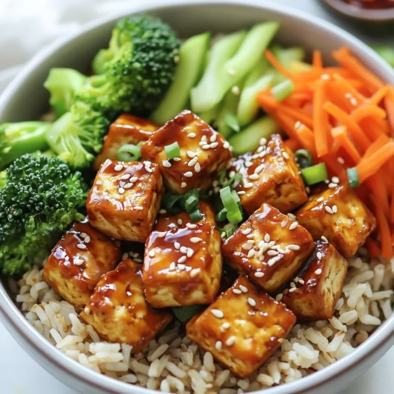 - 1 block of firm tofu, pressed and cut into bite-sized cubes - 1/4 cup low-sodium soy sauce - 2 tablespoons honey or maple syrup (for vegan option) - 1 tablespoon rice vinegar - 1 tablespoon toasted sesame oil - 1 teaspoon garlic powder - 1 teaspoon ground ginger - 1 cup cooked brown rice or quinoa - 1 cup broccoli florets, cut into small pieces - 1/2 red bell pepper, thinly sliced - 1 medium carrot, peeled and julienned - 2 green onions, sliced into rounds - Toasted sesame seeds for garnish - Salt and pepper to taste You can easily make this dish your own. Try adding different veggies like snap peas or mushrooms. You might swap brown rice for cauliflower rice for a low-carb option. Consider adding sliced avocado for creaminess. A drizzle of chili oil can spice things up too. When choosing veggies, look for bright colors and firm textures. For broccoli, choose florets that are dark green with no yellowing. The red bell pepper should feel heavy and have a shiny skin. For carrots, pick those that are smooth and straight. Fresh green onions should be crisp with vibrant green tops. Always buy what looks best to ensure great flavor in your dish. {{ingredient_image_2}} Start by making the teriyaki marinade. In a medium bowl, whisk together: - 1/4 cup low-sodium soy sauce - 2 tablespoons honey or maple syrup - 1 tablespoon rice vinegar - 1 tablespoon toasted sesame oil - 1 teaspoon garlic powder - 1 teaspoon ground ginger Mix until well combined. This marinade will give your tofu a rich flavor. Next, take your block of firm tofu. Press it to remove excess water and cut it into bite-sized cubes. Place the tofu in the bowl with the marinade. Toss gently to coat every piece. Let it marinate for at least 15 minutes. This step is key to infusing flavor. While the tofu marinates, preheat your air fryer to 375°F (190°C). Once heated, place the tofu cubes in the air fryer basket. Make sure they are in a single layer. Do not overcrowd the basket. Air fry for 12-15 minutes. Shake the basket halfway through. This helps them cook evenly and become crispy. While the tofu cooks, prepare the vegetables. Steam 1 cup of broccoli florets, 1/2 red bell pepper sliced, and 1 medium carrot julienned. Steam for 3-5 minutes. The vegetables should be tender but still bright and crisp. Now it’s time to put it all together. Start with a scoop of cooked brown rice or quinoa at the bottom of each bowl. Add the crispy teriyaki tofu on top. Arrange the steamed vegetables around the tofu. Finally, garnish with sliced green onions and toasted sesame seeds for extra flavor. Adjust with salt and pepper to taste. Enjoy your colorful and tasty meal! Tofu can be tricky, but I have some tips. First, always press your tofu. This removes extra water. Less water helps the tofu crisp up well. Cut your tofu into even cubes. This ensures even cooking. Crispy tofu is a game changer. When marinating, let your tofu sit for at least 15 minutes. This helps it soak up the flavors. Spread the tofu in a single layer in the air fryer. If you pile it up, it won’t get crisp. Shake the basket halfway through cooking. This helps all sides brown nicely. Want to kick it up a notch? Try adding more spices. A pinch of red pepper flakes adds heat. A bit of lime juice brightens the dish. You can also add fresh herbs like cilantro for freshness. Experiment and find your favorite mix! Pro Tips Choose the Right Tofu: Use firm or extra-firm tofu for the best texture and to ensure it holds its shape during cooking. Marination Time: For enhanced flavor, let the tofu marinate for at least 30 minutes or even up to a few hours if you have the time. Air Fryer Tips: Avoid overcrowding the air fryer basket; this allows the tofu to crisp up evenly without steaming. Vegetable Variety: Feel free to mix in other vegetables like snap peas or zucchini for added color and nutrition in your bowls. {{image_4}} For a vegetarian or vegan twist, use maple syrup instead of honey. This keeps the dish plant-based. You can also swap out the tofu. Tempeh works well, and it adds a nutty flavor. Another option is chickpeas. They bring a hearty texture and soak up the teriyaki sauce nicely. If you prefer another protein, try using seitan or edamame. Seitan mimics meat well and has a great chew. Edamame adds protein and a pop of color. For a lighter meal, grilled chicken or shrimp can also shine in this dish. Just adjust cooking times to ensure everything cooks properly. Feel free to mix up the veggies. Snap peas or zucchini can add a fresh crunch. Cauliflower or asparagus are great choices too. You can even add baby spinach for a nutrient boost. Just remember to steam them lightly to keep them vibrant and crisp. After enjoying your Air Fryer Teriyaki Tofu Bowls, you may have some leftovers. Store them in an airtight container. This keeps the tofu and veggies fresh. Make sure to refrigerate within two hours after cooking. Your leftovers will stay good for 3 to 4 days. When you are ready to eat your leftovers, reheat them for the best taste. You can use the air fryer, microwave, or stove. If using the air fryer, heat at 350°F (175°C) for about 5-7 minutes. This helps the tofu regain its crispiness. If using a microwave, heat in short bursts to avoid sogginess. Stir occasionally for even heating. You can freeze the tofu and vegetables if you want to save them for later. First, cool them completely. Then, place them in freezer-safe bags or containers. Make sure to remove as much air as possible. The tofu can last up to 3 months in the freezer. When ready to eat, thaw in the fridge overnight and reheat. Yes, you can use extra-firm tofu. Extra-firm tofu holds its shape well. It also gives a nice texture when cooked. Just remember to press it to remove excess moisture. This step helps the tofu absorb the teriyaki sauce better. To make this recipe gluten-free, use gluten-free soy sauce. Tamari is a great option. It works just like regular soy sauce but is gluten-free. Also, ensure your honey or maple syrup is pure and gluten-free. You can serve your teriyaki tofu bowls with various sides. Try adding edamame for protein. Pickled ginger adds a nice tang. You can also include seaweed salad for extra flavor. If you want, serve it with a light soup, like miso. Leftover teriyaki tofu lasts about three to four days in the fridge. Store it in an airtight container. The tofu may lose some crispness, but it will still taste great. Reheat it in the air fryer for a few minutes to regain some crunch. This guide covered all you need for delicious teriyaki tofu bowls. We explored key ingredients, step-by-step cooking, and helpful tips. You can customize with fresh produce or swap proteins. Remember to store leftovers properly to enjoy later. With practice, you will master crispy tofu and tasty teriyaki. Keep experimenting to find your perfect flavor. Enjoy cooking and share your bowls with friends!