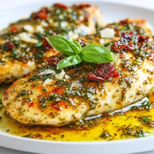 - 4 boneless, skinless chicken breasts - 1 cup sun-dried tomatoes (packed in oil), roughly chopped - 1/2 cup fresh basil leaves, tightly packed - 1/2 cup grated Parmesan cheese - 1/3 cup pine nuts, toasted to a golden brown - 2 garlic cloves, minced - 1/4 cup extra-virgin olive oil - Salt and freshly cracked black pepper, to taste - Juice of 1 fresh lemon The main ingredients create a rich and flavorful dish. The sun-dried tomatoes add a sweet and tangy taste. Fresh basil gives it a nice green touch. Grated Parmesan cheese brings in a salty, nutty flavor. Pine nuts add crunch, while garlic makes everything smell amazing. - Fresh parsley for garnish - Crushed red pepper flakes for heat - Lemon slices for serving Adding fresh parsley brightens the dish. Red pepper flakes can give a spicy kick. Lemon slices on the side add a zesty burst when squeezed on top. - Calories: 380 - Protein: 40g - Carbohydrates: 12g - Fat: 20g - Fiber: 2g This meal packs a punch of protein, making it great for dinner. The balance of healthy fats and carbs keeps it satisfying. You can enjoy a tasty dinner while staying mindful of nutrition. {{ingredient_image_2}} To make the sun-dried tomato pesto, gather your ingredients first. You will need sun-dried tomatoes, fresh basil, Parmesan cheese, pine nuts, garlic, olive oil, lemon juice, salt, and pepper. Place the sun-dried tomatoes, basil, Parmesan, pine nuts, and garlic in a food processor. Pulse until they are finely chopped, but not pureed. While pulsing, slowly drizzle in the olive oil. This helps it become smooth and creamy. Finally, add salt and pepper to taste. Next, preheat your oven to 375&deg;F (190&deg;C). Take your chicken breasts and pat them dry with paper towels. This removes extra moisture and helps them cook better. Season both sides of the chicken with salt and pepper. This step boosts flavor and makes your dish tasty. Now it&rsquo;s time to sear the chicken. Heat a splash of olive oil in a large oven-safe skillet over medium-high heat. Carefully add the chicken breasts to the skillet. Sear them for about 3 to 4 minutes on each side. You want a nice golden brown crust. This step locks in flavor and gives a great texture. Once your chicken is seared, take the skillet off the heat. Spoon the sun-dried tomato pesto over each chicken breast. Make sure they are well-coated. Then, carefully transfer the skillet to the preheated oven. Bake for 20 to 25 minutes. The chicken should reach an internal temperature of 165&deg;F (74&deg;C) to ensure it&rsquo;s fully cooked. After baking, let the chicken rest for a few minutes. This helps keep it juicy. Serve it with sides like pasta, rice, or a salad. For a beautiful plate, garnish each chicken breast with fresh basil and a sprinkle of Parmesan cheese. Roasted vegetables also make a great side. Enjoy your flavorful dinner! To get juicy chicken, start with fresh, high-quality breasts. Pat them dry with paper towels. This helps them sear better. Season both sides with salt and pepper. When you heat olive oil in your skillet, make sure it&rsquo;s hot. Sear each side for about 3-4 minutes until golden brown. This creates a nice crust that locks in moisture. Always check the internal temperature; it should reach 165&deg;F (74&deg;C) when done. You can make the sun-dried tomato pesto a day or two in advance. Just blend all the ingredients as stated in the recipe. Store it in an airtight container in the fridge. The flavors will deepen and mix together over time. When you are ready to cook, just spoon it over the chicken before baking. This saves time and still gives you fresh taste. For a little extra zing, add a pinch of red pepper flakes to the pesto. This gives a nice kick without being too spicy. Fresh lemon juice brightens the flavor, so don&rsquo;t skip it. For a creamier texture, mix in a splash of heavy cream to the pesto. If you want to experiment, try adding different herbs like thyme or oregano to the mix. Pro Tips Use Fresh Ingredients: Always opt for fresh basil and high-quality sun-dried tomatoes for the best flavor in your pesto. Perfectly Cooked Chicken: Use a meat thermometer to ensure the chicken reaches an internal temperature of 165&deg;F (74&deg;C) for optimal juiciness. Customize Your Pesto: Feel free to add other nuts like walnuts or cashews, or even a hint of spice with red pepper flakes in the pesto for a unique twist. Let It Rest: Allow the chicken to rest for a few minutes after baking to help retain its moisture before serving. {{image_4}} If you want to change things up, try using different proteins. Here are some great options: - Turkey breasts: They are lean and cook similarly to chicken. - Pork chops: They add a nice flavor that pairs well with pesto. - Firm tofu: Great for a meatless option. These proteins can soak up the sun-dried tomato pesto nicely. For a vegetarian twist, consider these substitutes: - Cauliflower steaks: Slice cauliflower thick, season, and roast. It&rsquo;s a hearty option. - Eggplant: Grilled or roasted, eggplant takes on great flavors. - Chickpeas: Toss them with pesto and roast for a crunchy texture. These options keep the dish delicious while meeting vegetarian needs. You can easily customize the pesto to fit your taste. Here are some ideas: - Different nuts: Swap pine nuts for walnuts or almonds for a new flavor. - Cheese choices: Use feta or goat cheese for a tangy twist. - Herbs: Mix in parsley or arugula for a fresh taste. Feel free to experiment with your pesto. Each change brings a new experience! After your meal, you may have some tasty chicken left. To store it, let it cool to room temperature. Then, place it in an airtight container. This helps keep the chicken fresh and safe. Store it in the fridge for up to three days. If you want to keep it longer, consider freezing it. When you're ready to eat the leftovers, reheating is easy. You can use the oven or microwave. For the oven, preheat it to 350&deg;F (175&deg;C). Place the chicken in a baking dish and cover it with foil. Heat for about 15-20 minutes until it's warm. If using a microwave, put the chicken on a plate and cover it. Heat for 2-3 minutes on high, checking often. Make sure it's heated all the way through. If you want to freeze the chicken, it's best to do so soon after cooking. Place the cooled chicken in a freezer-safe bag or container. Remove as much air as possible to prevent freezer burn. Label the bag with the date. It can stay good for up to three months. To thaw, move it to the fridge overnight before reheating. You can serve Sun-Dried Tomato Pesto Chicken with several tasty sides. Here are some ideas: - Pasta: Toss al dente pasta with olive oil and herbs. - Rice: Fluffy rice pairs well and soaks up flavors. - Salad: A mixed green salad adds freshness. - Roasted Vegetables: Colorful veggies bring vibrancy to your plate. These sides balance the rich flavors of the chicken. Yes, you can make this dish ahead of time. Prepare the chicken and pesto separately. Store the chicken in the fridge after cooking. You can also freeze it for later. When ready to eat, reheat the chicken and add fresh pesto on top. This keeps the flavors fresh. Check the internal temperature with a meat thermometer. The chicken should reach 165&deg;F (74&deg;C). If you don't have a thermometer, cut into the thickest part. The meat should be white, not pink. Juices should run clear. Yes, store-bought pesto works well for this dish. It saves time and still tastes great. Look for a high-quality brand for the best flavor. Just adjust seasoning as needed, since some store-bought options can be saltier. This recipe is already gluten-free! The ingredients do not contain gluten. Serve it with gluten-free sides like rice or gluten-free pasta. Always check labels to ensure no hidden gluten in your ingredients. You&rsquo;ve learned how to make delicious Sun-Dried Tomato Pesto Chicken. We covered key ingredients and step-by-step instructions. I shared tips to ensure perfect texture and flavor. You can explore variations using different proteins and customize the pesto. Remember to store leftovers properly for later enjoyment. This dish is versatile and allows for creativity in the kitchen. Enjoy cooking and sharing this tasty meal with others!