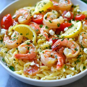 - 1 cup orzo pasta - 1 pound medium shrimp, peeled and deveined - 3 tablespoons extra virgin olive oil - 4 cloves garlic, finely minced - Zest and juice of 1 large lemon - 1 teaspoon red pepper flakes - Salt and black pepper to taste - 1/4 cup fresh parsley, chopped - 1/2 cup cherry tomatoes, halved - 1/4 cup feta cheese, crumbled The key to making Lemon Garlic Shrimp Orzo is its fresh and vibrant flavors. You need orzo pasta for the base. It cooks quickly and gives a nice texture. Medium shrimp is the star. Using fresh shrimp makes the dish great. Garlic and olive oil add a rich taste. You get a punch of flavor from lemon juice and zest. For a little heat, add red pepper flakes. Don’t forget salt and black pepper to boost the taste. For extra color and flavor, consider halved cherry tomatoes. They add sweetness and juiciness. If you enjoy creaminess, sprinkle some feta cheese on top. It pairs well with the shrimp and lemon. Each ingredient plays a role in creating a tasty dish. Make sure to gather everything before you start cooking. This step makes the process smooth and fun! {{ingredient_image_2}} - Boil salted water in a large pot. - Stir in 1 cup of orzo. - Cook for 8-10 minutes until al dente. - Drain the orzo, saving 1/2 cup of pasta water. - Heat 3 tablespoons of olive oil in a skillet over medium heat. - Mince 4 cloves of garlic and prepare 1 teaspoon of red pepper flakes. - Add garlic and red pepper flakes to the oil. - Sauté for about 1 minute, being careful not to burn the garlic. - Add 1 pound of shrimp to the skillet. - Season shrimp with salt and black pepper. - Cook for 2-3 minutes per side. - Shrimp is done when it turns pink and opaque. - Add the cooked orzo and halved cherry tomatoes to the skillet. - Pour in the lemon juice, lemon zest, and reserved pasta water. - Gently toss everything together until heated through. - Remove the skillet from heat. - Fold in 1/4 cup of chopped fresh parsley. - Taste and adjust seasoning as needed. - Optional: Add 1/4 cup of crumbled feta cheese for creaminess. - Serve the orzo in a large, shallow bowl for a nice presentation. - Garnish with extra parsley and lemon wedges on the side. - Enjoy your tasty and vibrant meal! - Importance of Timing: Timing matters when cooking shrimp. They cook fast, usually in 2-3 minutes per side. Check them often. Overcooked shrimp turn tough and rubbery. - Avoiding Overcooking: Remove shrimp from heat when they are pink and opaque. They will continue cooking a bit after you take them off the stove. - Alternatives to Red Pepper Flakes: If you want less heat, try paprika or black pepper. For a kick, use cayenne pepper or fresh chopped chili. - Additional Herbs and Spices: Fresh herbs like basil, dill, or thyme add depth. You can also experiment with spices like oregano or lemon pepper for extra flavor. - Suggested Side Dishes: Serve with a crisp green salad or garlic bread. Roasted vegetables or steamed broccoli also pair well. - Adding Protein Variations: Want more protein? Consider adding chicken or scallops. Tofu or chickpeas work great for a plant-based option. Pro Tips Fresh Shrimp is Key: For the best flavor, use fresh shrimp instead of frozen. If frozen is your only option, ensure they are fully thawed and drained before cooking. Perfectly Al Dente Orzo: To achieve the best texture, cook the orzo just until al dente. It will continue to cook slightly when mixed with the hot ingredients. Enhance with Lemon Zest: Adding lemon zest not only brightens the dish but also amplifies the lemon flavor without adding extra acidity. Don’t skip this step! Custom Spice Level: Adjust the amount of red pepper flakes to suit your taste. You can even omit them for a milder dish or add more for an extra kick! {{image_4}} You can add more color and nutrition to your dish. Incorporating spinach or peas works well. Both ingredients cook quickly and add a fresh taste. Simply toss them in during the last few minutes of cooking. Spinach wilts nicely and peas bring a sweet pop. You might also want to add bell peppers for a nice crunch. Use red, yellow, or orange peppers to brighten your dish. Chop them into small pieces and sauté them with garlic. This adds a lovely flavor and texture to your orzo. For a creamier version, try using heavy cream or Greek yogurt. Adding heavy cream creates a rich sauce that coats every bite. If you prefer a lighter option, Greek yogurt works too. Just stir it in at the end to keep it creamy without cooking it too much. Adjust your cooking techniques when using cream. You may want to lower the heat to prevent curdling. Make sure to mix well for a smooth and creamy finish. If you need a gluten-free meal, you can substitute with gluten-free orzo or rice. There are many brands available that taste great. Just follow the package directions for cooking time. Always check that all your ingredients are gluten-free. This includes your olive oil and any seasonings. With these simple swaps, you can enjoy this dish without worry. To keep your Lemon Garlic Shrimp Orzo fresh, use airtight containers. Glass or plastic containers work well. Store the leftovers in the fridge right after they cool down. Do not leave them out at room temperature for more than two hours. This helps prevent bacterial growth. When it's time to eat your leftovers, I suggest reheating in a skillet. This method keeps the orzo and shrimp from getting mushy. Heat over medium-low, stirring often. If the dish seems dry, add a splash of water or broth. This helps restore moisture. You may want to add a bit more lemon juice for flavor. If you want to save it for later, you can freeze Lemon Garlic Shrimp Orzo. First, let it cool completely. Then, scoop it into freezer-safe bags or containers. Remove as much air as possible before sealing. This prevents freezer burn. It will stay fresh for up to three months. To thaw, move the container from the freezer to the fridge overnight. This keeps the texture nice. When ready to eat, reheat the orzo in a skillet or microwave. Stir in a little extra olive oil or lemon juice to boost the flavor. Enjoy! Yes, you can use frozen shrimp. Just make sure to thaw them first. To thaw shrimp, put them in a bowl of cold water for about 15-20 minutes. You can also leave them in the fridge overnight. After thawing, pat them dry with a paper towel. This way, they cook evenly and do not release too much water. If you don’t have orzo, you can use other pasta types. Small pasta shapes like ditalini or acini di pepe work well. You can also use rice if you prefer. Just ensure to adjust the cooking time according to the pasta or rice you choose. To make this dish less spicy, reduce the amount of red pepper flakes. Start with half a teaspoon. You can also skip the flakes altogether. If you want some heat, consider using black pepper instead. It adds flavor without too much spice. Yes, this dish is great for meal prep! You can make it ahead and store it in the fridge for up to three days. Just keep the shrimp and orzo in a sealed container. When ready to eat, reheat in the microwave or on the stovetop. Add a splash of water or lemon juice to keep it moist. This blog post covered the tasty Lemon Garlic Shrimp Orzo dish. We explored essential and optional ingredients, detailed step-by-step cooking instructions, and shared tips for perfect shrimp. Variations offer fun ideas, like adding vegetables or making it creamy. Lastly, storage tips help keep your leftovers fresh. Enjoy making this dish and customizing it to your taste. With simple steps, you'll impress everyone at the table! Happy cooking!