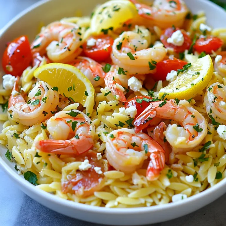 - 1 cup orzo pasta - 1 pound medium shrimp, peeled and deveined - 3 tablespoons extra virgin olive oil - 4 cloves garlic, finely minced - Zest and juice of 1 large lemon - 1 teaspoon red pepper flakes - Salt and black pepper to taste - 1/4 cup fresh parsley, chopped - 1/2 cup cherry tomatoes, halved - 1/4 cup feta cheese, crumbled The key to making Lemon Garlic Shrimp Orzo is its fresh and vibrant flavors. You need orzo pasta for the base. It cooks quickly and gives a nice texture. Medium shrimp is the star. Using fresh shrimp makes the dish great. Garlic and olive oil add a rich taste. You get a punch of flavor from lemon juice and zest. For a little heat, add red pepper flakes. Don’t forget salt and black pepper to boost the taste. For extra color and flavor, consider halved cherry tomatoes. They add sweetness and juiciness. If you enjoy creaminess, sprinkle some feta cheese on top. It pairs well with the shrimp and lemon. Each ingredient plays a role in creating a tasty dish. Make sure to gather everything before you start cooking. This step makes the process smooth and fun! {{ingredient_image_2}} - Boil salted water in a large pot. - Stir in 1 cup of orzo. - Cook for 8-10 minutes until al dente. - Drain the orzo, saving 1/2 cup of pasta water. - Heat 3 tablespoons of olive oil in a skillet over medium heat. - Mince 4 cloves of garlic and prepare 1 teaspoon of red pepper flakes. - Add garlic and red pepper flakes to the oil. - Sauté for about 1 minute, being careful not to burn the garlic. - Add 1 pound of shrimp to the skillet. - Season shrimp with salt and black pepper. - Cook for 2-3 minutes per side. - Shrimp is done when it turns pink and opaque. - Add the cooked orzo and halved cherry tomatoes to the skillet. - Pour in the lemon juice, lemon zest, and reserved pasta water. - Gently toss everything together until heated through. - Remove the skillet from heat. - Fold in 1/4 cup of chopped fresh parsley. - Taste and adjust seasoning as needed. - Optional: Add 1/4 cup of crumbled feta cheese for creaminess. - Serve the orzo in a large, shallow bowl for a nice presentation. - Garnish with extra parsley and lemon wedges on the side. - Enjoy your tasty and vibrant meal! - Importance of Timing: Timing matters when cooking shrimp. They cook fast, usually in 2-3 minutes per side. Check them often. Overcooked shrimp turn tough and rubbery. - Avoiding Overcooking: Remove shrimp from heat when they are pink and opaque. They will continue cooking a bit after you take them off the stove. - Alternatives to Red Pepper Flakes: If you want less heat, try paprika or black pepper. For a kick, use cayenne pepper or fresh chopped chili. - Additional Herbs and Spices: Fresh herbs like basil, dill, or thyme add depth. You can also experiment with spices like oregano or lemon pepper for extra flavor. - Suggested Side Dishes: Serve with a crisp green salad or garlic bread. Roasted vegetables or steamed broccoli also pair well. - Adding Protein Variations: Want more protein? Consider adding chicken or scallops. Tofu or chickpeas work great for a plant-based option. Pro Tips Fresh Shrimp is Key: For the best flavor, use fresh shrimp instead of frozen. If frozen is your only option, ensure they are fully thawed and drained before cooking. Perfectly Al Dente Orzo: To achieve the best texture, cook the orzo just until al dente. It will continue to cook slightly when mixed with the hot ingredients. Enhance with Lemon Zest: Adding lemon zest not only brightens the dish but also amplifies the lemon flavor without adding extra acidity. Don’t skip this step! Custom Spice Level: Adjust the amount of red pepper flakes to suit your taste. You can even omit them for a milder dish or add more for an extra kick! {{image_4}} You can add more color and nutrition to your dish. Incorporating spinach or peas works well. Both ingredients cook quickly and add a fresh taste. Simply toss them in during the last few minutes of cooking. Spinach wilts nicely and peas bring a sweet pop. You might also want to add bell peppers for a nice crunch. Use red, yellow, or orange peppers to brighten your dish. Chop them into small pieces and sauté them with garlic. This adds a lovely flavor and texture to your orzo. For a creamier version, try using heavy cream or Greek yogurt. Adding heavy cream creates a rich sauce that coats every bite. If you prefer a lighter option, Greek yogurt works too. Just stir it in at the end to keep it creamy without cooking it too much. Adjust your cooking techniques when using cream. You may want to lower the heat to prevent curdling. Make sure to mix well for a smooth and creamy finish. If you need a gluten-free meal, you can substitute with gluten-free orzo or rice. There are many brands available that taste great. Just follow the package directions for cooking time. Always check that all your ingredients are gluten-free. This includes your olive oil and any seasonings. With these simple swaps, you can enjoy this dish without worry. To keep your Lemon Garlic Shrimp Orzo fresh, use airtight containers. Glass or plastic containers work well. Store the leftovers in the fridge right after they cool down. Do not leave them out at room temperature for more than two hours. This helps prevent bacterial growth. When it's time to eat your leftovers, I suggest reheating in a skillet. This method keeps the orzo and shrimp from getting mushy. Heat over medium-low, stirring often. If the dish seems dry, add a splash of water or broth. This helps restore moisture. You may want to add a bit more lemon juice for flavor. If you want to save it for later, you can freeze Lemon Garlic Shrimp Orzo. First, let it cool completely. Then, scoop it into freezer-safe bags or containers. Remove as much air as possible before sealing. This prevents freezer burn. It will stay fresh for up to three months. To thaw, move the container from the freezer to the fridge overnight. This keeps the texture nice. When ready to eat, reheat the orzo in a skillet or microwave. Stir in a little extra olive oil or lemon juice to boost the flavor. Enjoy! Yes, you can use frozen shrimp. Just make sure to thaw them first. To thaw shrimp, put them in a bowl of cold water for about 15-20 minutes. You can also leave them in the fridge overnight. After thawing, pat them dry with a paper towel. This way, they cook evenly and do not release too much water. If you don’t have orzo, you can use other pasta types. Small pasta shapes like ditalini or acini di pepe work well. You can also use rice if you prefer. Just ensure to adjust the cooking time according to the pasta or rice you choose. To make this dish less spicy, reduce the amount of red pepper flakes. Start with half a teaspoon. You can also skip the flakes altogether. If you want some heat, consider using black pepper instead. It adds flavor without too much spice. Yes, this dish is great for meal prep! You can make it ahead and store it in the fridge for up to three days. Just keep the shrimp and orzo in a sealed container. When ready to eat, reheat in the microwave or on the stovetop. Add a splash of water or lemon juice to keep it moist. This blog post covered the tasty Lemon Garlic Shrimp Orzo dish. We explored essential and optional ingredients, detailed step-by-step cooking instructions, and shared tips for perfect shrimp. Variations offer fun ideas, like adding vegetables or making it creamy. Lastly, storage tips help keep your leftovers fresh. Enjoy making this dish and customizing it to your taste. With simple steps, you'll impress everyone at the table! Happy cooking!
