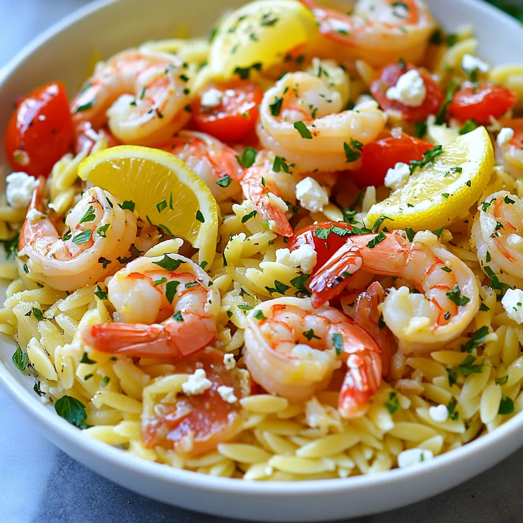 - 1 cup orzo pasta - 1 pound medium shrimp, peeled and deveined - 3 tablespoons extra virgin olive oil - 4 cloves garlic, finely minced - Zest and juice of 1 large lemon - 1 teaspoon red pepper flakes - Salt and black pepper to taste - 1/4 cup fresh parsley, chopped - 1/2 cup cherry tomatoes, halved - 1/4 cup feta cheese, crumbled The key to making Lemon Garlic Shrimp Orzo is its fresh and vibrant flavors. You need orzo pasta for the base. It cooks quickly and gives a nice texture. Medium shrimp is the star. Using fresh shrimp makes the dish great. Garlic and olive oil add a rich taste. You get a punch of flavor from lemon juice and zest. For a little heat, add red pepper flakes. Don’t forget salt and black pepper to boost the taste. For extra color and flavor, consider halved cherry tomatoes. They add sweetness and juiciness. If you enjoy creaminess, sprinkle some feta cheese on top. It pairs well with the shrimp and lemon. Each ingredient plays a role in creating a tasty dish. Make sure to gather everything before you start cooking. This step makes the process smooth and fun! {{ingredient_image_2}} - Boil salted water in a large pot. - Stir in 1 cup of orzo. - Cook for 8-10 minutes until al dente. - Drain the orzo, saving 1/2 cup of pasta water. - Heat 3 tablespoons of olive oil in a skillet over medium heat. - Mince 4 cloves of garlic and prepare 1 teaspoon of red pepper flakes. - Add garlic and red pepper flakes to the oil. - Sauté for about 1 minute, being careful not to burn the garlic. - Add 1 pound of shrimp to the skillet. - Season shrimp with salt and black pepper. - Cook for 2-3 minutes per side. - Shrimp is done when it turns pink and opaque. - Add the cooked orzo and halved cherry tomatoes to the skillet. - Pour in the lemon juice, lemon zest, and reserved pasta water. - Gently toss everything together until heated through. - Remove the skillet from heat. - Fold in 1/4 cup of chopped fresh parsley. - Taste and adjust seasoning as needed. - Optional: Add 1/4 cup of crumbled feta cheese for creaminess. - Serve the orzo in a large, shallow bowl for a nice presentation. - Garnish with extra parsley and lemon wedges on the side. - Enjoy your tasty and vibrant meal! - Importance of Timing: Timing matters when cooking shrimp. They cook fast, usually in 2-3 minutes per side. Check them often. Overcooked shrimp turn tough and rubbery. - Avoiding Overcooking: Remove shrimp from heat when they are pink and opaque. They will continue cooking a bit after you take them off the stove. - Alternatives to Red Pepper Flakes: If you want less heat, try paprika or black pepper. For a kick, use cayenne pepper or fresh chopped chili. - Additional Herbs and Spices: Fresh herbs like basil, dill, or thyme add depth. You can also experiment with spices like oregano or lemon pepper for extra flavor. - Suggested Side Dishes: Serve with a crisp green salad or garlic bread. Roasted vegetables or steamed broccoli also pair well. - Adding Protein Variations: Want more protein? Consider adding chicken or scallops. Tofu or chickpeas work great for a plant-based option. Pro Tips Fresh Shrimp is Key: For the best flavor, use fresh shrimp instead of frozen. If frozen is your only option, ensure they are fully thawed and drained before cooking. Perfectly Al Dente Orzo: To achieve the best texture, cook the orzo just until al dente. It will continue to cook slightly when mixed with the hot ingredients. Enhance with Lemon Zest: Adding lemon zest not only brightens the dish but also amplifies the lemon flavor without adding extra acidity. Don’t skip this step! Custom Spice Level: Adjust the amount of red pepper flakes to suit your taste. You can even omit them for a milder dish or add more for an extra kick! {{image_4}} You can add more color and nutrition to your dish. Incorporating spinach or peas works well. Both ingredients cook quickly and add a fresh taste. Simply toss them in during the last few minutes of cooking. Spinach wilts nicely and peas bring a sweet pop. You might also want to add bell peppers for a nice crunch. Use red, yellow, or orange peppers to brighten your dish. Chop them into small pieces and sauté them with garlic. This adds a lovely flavor and texture to your orzo. For a creamier version, try using heavy cream or Greek yogurt. Adding heavy cream creates a rich sauce that coats every bite. If you prefer a lighter option, Greek yogurt works too. Just stir it in at the end to keep it creamy without cooking it too much. Adjust your cooking techniques when using cream. You may want to lower the heat to prevent curdling. Make sure to mix well for a smooth and creamy finish. If you need a gluten-free meal, you can substitute with gluten-free orzo or rice. There are many brands available that taste great. Just follow the package directions for cooking time. Always check that all your ingredients are gluten-free. This includes your olive oil and any seasonings. With these simple swaps, you can enjoy this dish without worry. To keep your Lemon Garlic Shrimp Orzo fresh, use airtight containers. Glass or plastic containers work well. Store the leftovers in the fridge right after they cool down. Do not leave them out at room temperature for more than two hours. This helps prevent bacterial growth. When it's time to eat your leftovers, I suggest reheating in a skillet. This method keeps the orzo and shrimp from getting mushy. Heat over medium-low, stirring often. If the dish seems dry, add a splash of water or broth. This helps restore moisture. You may want to add a bit more lemon juice for flavor. If you want to save it for later, you can freeze Lemon Garlic Shrimp Orzo. First, let it cool completely. Then, scoop it into freezer-safe bags or containers. Remove as much air as possible before sealing. This prevents freezer burn. It will stay fresh for up to three months. To thaw, move the container from the freezer to the fridge overnight. This keeps the texture nice. When ready to eat, reheat the orzo in a skillet or microwave. Stir in a little extra olive oil or lemon juice to boost the flavor. Enjoy! Yes, you can use frozen shrimp. Just make sure to thaw them first. To thaw shrimp, put them in a bowl of cold water for about 15-20 minutes. You can also leave them in the fridge overnight. After thawing, pat them dry with a paper towel. This way, they cook evenly and do not release too much water. If you don’t have orzo, you can use other pasta types. Small pasta shapes like ditalini or acini di pepe work well. You can also use rice if you prefer. Just ensure to adjust the cooking time according to the pasta or rice you choose. To make this dish less spicy, reduce the amount of red pepper flakes. Start with half a teaspoon. You can also skip the flakes altogether. If you want some heat, consider using black pepper instead. It adds flavor without too much spice. Yes, this dish is great for meal prep! You can make it ahead and store it in the fridge for up to three days. Just keep the shrimp and orzo in a sealed container. When ready to eat, reheat in the microwave or on the stovetop. Add a splash of water or lemon juice to keep it moist. This blog post covered the tasty Lemon Garlic Shrimp Orzo dish. We explored essential and optional ingredients, detailed step-by-step cooking instructions, and shared tips for perfect shrimp. Variations offer fun ideas, like adding vegetables or making it creamy. Lastly, storage tips help keep your leftovers fresh. Enjoy making this dish and customizing it to your taste. With simple steps, you'll impress everyone at the table! Happy cooking!