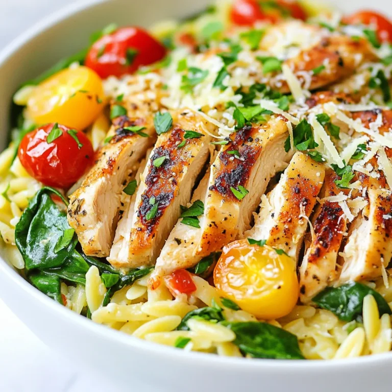For Lemon Garlic Orzo with Chicken, gather the following items: - 1 cup orzo pasta - 2 boneless, skinless chicken breasts (about 1 pound) - 3 tablespoons olive oil, divided - 4 cloves garlic, minced - Zest of 1 lemon - 1/4 cup freshly squeezed lemon juice - 2 cups chicken broth - 1 cup baby spinach, roughly chopped - 1/2 cup cherry tomatoes, halved - 1/4 cup grated Parmesan cheese - Salt and freshly ground black pepper to taste - Fresh parsley, finely chopped (for garnish) You can swap some ingredients to fit your taste or diet. Here are a few ideas: - Use whole grain orzo for a healthier option. - Swap chicken breasts for shrimp or tofu for a different protein. - Replace spinach with kale or arugula for a new flavor. - Use lemon juice from a bottle if fresh lemons aren't available. - If you don’t have Parmesan cheese, try feta or goat cheese instead. Choosing fresh ingredients makes your dish shine. Here are some tips: - For chicken, look for bright color with no smell. - Choose firm, bright tomatoes with no blemishes. - When buying spinach, pick leaves that are crisp and deep green. - Select lemons that feel heavy for their size. They have more juice. - Check oil for freshness; good olive oil should smell fruity, not rancid. {{ingredient_image_2}} Start by boiling 4 cups of salted water in a medium pot. Once it boils, add 1 cup of orzo pasta. Cook it for 8 to 10 minutes, until it is al dente. Drain the orzo and set it aside for now. While the orzo cooks, season 2 boneless chicken breasts with salt and pepper on both sides. Heat 1 tablespoon of olive oil in a large skillet over medium heat. Once the oil is hot, add the chicken breasts. Cook them for 6 to 7 minutes on each side. The chicken should turn golden brown and reach an internal temperature of 165°F. Remove the chicken from the skillet, let it rest for a few minutes, and slice it into strips. In the same skillet, add 2 more tablespoons of olive oil. Then, add 4 minced garlic cloves. Sauté the garlic for about 30 seconds until it smells nice. Next, stir in the zest of 1 lemon and 1/4 cup of lemon juice. Pour in 2 cups of chicken broth. Turn up the heat a bit and let it simmer gently. Reduce the heat after 3 to 4 minutes. Now, add the cooked orzo, 1 cup of chopped baby spinach, and 1/2 cup of halved cherry tomatoes into the skillet. Toss everything well. Let the spinach wilt for about 2 to 3 minutes. Finally, mix in 1/4 cup of grated Parmesan cheese until it melts. Taste and add salt and black pepper as needed. To serve, place the sliced chicken on top of the orzo. Garnish with fresh parsley for a splash of color. To cook perfect orzo, start with plenty of water. Use 4 cups of salted water for 1 cup of orzo. This helps the orzo cook evenly. Stir the orzo during the first few minutes. This prevents it from sticking together. Follow the package instructions closely. Aim for al dente, which gives it a nice bite. After cooking, drain the orzo and set it aside. You can drizzle a bit of olive oil to keep it from sticking. For juicy chicken, choose boneless, skinless breasts. Season them lightly with salt and pepper. Sauté the chicken in hot oil for a golden crust. Cook each side for 6-7 minutes until it reaches 165°F (75°C). Let it rest for a few minutes after cooking. This helps the juices stay inside. Slice the chicken into strips just before serving. This keeps it tender and easy to eat. To boost flavor, use fresh garlic and lemon zest. These ingredients add brightness to the dish. When making the sauce, don’t rush the garlic. Sauté it just until fragrant, around 30 seconds. This way, it stays fresh and vibrant. Toss in fresh spinach and cherry tomatoes for added color and nutrients. Finally, add grated Parmesan cheese for a creamy finish. Adjust the seasoning with salt and pepper to taste. Enjoy your dish with a sprinkle of fresh parsley for a pop of color. Pro Tips Chicken Resting: After cooking, let the chicken rest for a few minutes before slicing. This allows the juices to redistribute, making the chicken more tender and flavorful. Use Fresh Ingredients: For the best flavor, use fresh spinach and ripe cherry tomatoes. They add brightness and enhance the dish's overall taste. Adjust Lemon to Taste: If you love lemon, feel free to add a bit more lemon juice or zest. It can elevate the dish with a refreshing zing. Storage Tips: Leftovers can be stored in an airtight container in the fridge for up to three days. Reheat gently on the stove, adding a splash of chicken broth if needed to prevent drying out. {{image_4}} You can easily turn this dish into a vegetarian delight. Skip the chicken and use mushrooms instead. Sauté about 2 cups of sliced mushrooms in olive oil. They will soak up the garlic and lemon flavors well. Add them to the orzo mix for a hearty texture. You can also add chickpeas for extra protein and fiber. Feel free to explore with vegetables. Zucchini, bell peppers, or asparagus work great. Chop them up and add them during the orzo cooking time. This way, they will stay crisp and colorful. You can also add frozen peas right before serving. They add a nice pop of color and sweetness. If you want something different from chicken, try shrimp or tofu. For shrimp, cook them in the skillet until pink and tender. For tofu, cube and sauté until golden. Both options will absorb the lemon and garlic flavors well. This flexibility keeps the dish fresh and exciting each time you make it. Store Lemon Garlic Orzo with Chicken in an airtight container. Let it cool first. Keep it in the fridge if you eat it within three days. For longer storage, consider freezing it. To reheat, place the orzo in a skillet. Add a splash of chicken broth or water. Heat over medium until warm, stirring often. You can also microwave it in a microwave-safe bowl. Cover it with a damp paper towel to keep moisture. If you want to freeze this dish, do so right after it cools. Use a freezer-safe container or bag. Make sure to remove as much air as possible. This dish can last up to three months in the freezer. When ready to eat, thaw it in the fridge overnight before reheating. Yes, you can use whole grain orzo. Whole grain orzo adds more fiber and nutrients. It may take a bit longer to cook, so check the package for timing. The flavor is nutty and complements the dish well. Just remember to adjust the cooking time to ensure it's tender but not mushy. You can prepare the orzo and chicken ahead. Cook the orzo and let it cool. Store it in the fridge in an airtight container. Cook the chicken, slice it, and keep it separate. When you're ready to eat, just heat everything in a pan. Add a splash of broth to keep it moist. This dish goes well with a fresh salad. A simple green salad with vinaigrette is a great choice. You can also serve it with crusty bread for a hearty meal. Roasted vegetables add color and nutrients too. Enjoy your meal with a light white wine for a nice pairing. This blog post guides you through a simple recipe for Lemon Garlic Orzo with Chicken. We covered key ingredients, cooking steps, and tips for perfect results. Remember to choose fresh ingredients and try variations like vegetarian options. Store leftovers properly and reheating is easy. With these insights, you can create a tasty dish that fits your needs. Enjoy cooking this comforting meal that is sure to please!