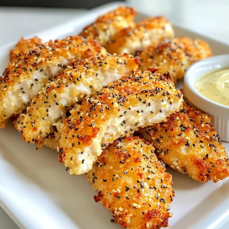 - 1 lb chicken tenders - 1 cup all-purpose flour - 2 large eggs, beaten - 1 cup panko breadcrumbs - 3 tablespoons everything bagel seasoning - 1 teaspoon salt - 1 teaspoon black pepper - 1/2 teaspoon garlic powder - 1/2 teaspoon onion powder - 1/2 cup buttermilk (or plain yogurt) - Olive oil spray (for baking) The chicken tenders make a great base for this dish. They cook quickly and stay juicy. The flour gives a nice coating. The panko breadcrumbs add crunch. Everything bagel seasoning brings a unique flavor. This mix includes sesame seeds, poppy seeds, garlic, and onion. These spices add depth to each bite. The buttermilk creates moisture, making the tenders tender and flavorful. You can swap chicken tenders with chicken breasts if you prefer. Just cut them into strips. If you need a gluten-free option, use almond flour or gluten-free breadcrumbs. Instead of buttermilk, any plain yogurt works well. You can also use ranch seasoning instead of everything bagel seasoning for a twist. {{ingredient_image_2}} Start by preheating your oven to 425°F (220°C). This step is key for crispy chicken. While the oven heats, line a baking sheet with parchment paper. This helps prevent sticking and makes cleanup easy. Create three shallow dishes for dredging. In the first dish, mix 1 cup of flour, 1 teaspoon of salt, 1 teaspoon of black pepper, 1/2 teaspoon of garlic powder, and 1/2 teaspoon of onion powder. Stir until well combined. In the second dish, beat 2 large eggs until smooth. In the third dish, combine 1 cup of panko breadcrumbs with 3 tablespoons of everything bagel seasoning. Mix well to ensure even flavor. Take each chicken tender and coat it in the seasoned flour first. Shake off any extra flour. Next, dip the tender into the beaten eggs, ensuring it's fully covered. Finally, roll it in the panko-bagel mixture. Press gently to help the crumbs stick well to the chicken. For added moisture, dip each coated chicken tender in 1/2 cup of buttermilk right before placing it on the baking sheet. This step makes the chicken tender and juicy. Arrange the tenders on the baking sheet, leaving space between each piece. Lightly spray the tops with olive oil to achieve a crispy, golden crust. Bake in the preheated oven for 15-20 minutes. The chicken should turn golden brown and reach an internal temperature of 165°F (74°C) for safe eating. To get your chicken tenders crispy, follow these tips: - Use panko breadcrumbs. They are lighter and crisp up better than regular bread crumbs. - Make sure to coat the chicken well. Each piece should have a thick layer of the panko-bagel mix. - Lightly spray the tenders with olive oil before baking. This helps them brown and crisp up. - Bake on parchment paper. It keeps the tenders from sticking and allows for even cooking. - Don't overcrowd the baking sheet. Give each tender some space for proper heat circulation. You can mix things up with these fun ideas: - Add some spice. Try mixing in cayenne pepper or paprika to the flour for heat. - Get zesty! Add lemon zest to the panko for a bright flavor. - Experiment with herbs. Fresh dill or parsley can add a nice touch to the everything bagel mix. - Try different dips. Ranch, honey mustard, or a spicy sriracha sauce can change the whole meal. Avoid these common errors for the best results: - Skipping the buttermilk step. It adds moisture and flavor, making the chicken tender. - Not preheating the oven. Always start with a hot oven for even cooking. - Dipping the chicken too quickly. Make sure each layer is thick for maximum crunch. - Forgetting to check the temperature. Use a meat thermometer to ensure they reach 165°F for safe eating. - Leaving no space on the baking sheet. Space is key for crispy tenders! Pro Tips Choose Quality Chicken: Opt for fresh or high-quality chicken tenders for the best flavor and texture. Organic or free-range chicken can enhance the taste significantly. Customize the Seasoning: Feel free to add your favorite spices or herbs to the flour mixture for extra flavor. Smoked paprika or cayenne pepper can give a nice kick! Experiment with Coatings: Try substituting the panko breadcrumbs with crushed cornflakes or potato chips for a unique crunch and different flavor profile. Make Ahead: You can prepare the chicken tenders in advance and store them in the refrigerator for up to 24 hours before baking. This allows the flavors to meld beautifully. {{image_4}} You can play with the seasoning to make these chicken tenders your own. Try using taco seasoning for a spicy twist. Lemon pepper adds a fresh taste. You can also use ranch seasoning for a creamy flavor. If you want something sweeter, go for a cinnamon-sugar mix. Just remember to keep the flavor balance right. The right sauce makes every bite better. For a classic choice, try honey mustard. It brings a nice sweetness. BBQ sauce adds a smoky flavor that pairs well too. If you like heat, sriracha mixed with mayo makes a zesty dip. You could also mix yogurt with dill and garlic for a fresh taste. Feel free to explore and find your favorite! When serving these chicken tenders, think about what sides to pair. A simple garden salad adds freshness. Sweet potato fries give a nice crunch. You can also serve them with roasted veggies for a healthy touch. For a fun twist, try them with a bagel-themed platter. Include cream cheese, pickles, and cucumbers to keep the theme going. These ideas make your meal exciting and tasty! After enjoying your Everything Bagel Chicken Tenders, store any leftovers in an airtight container. Keep them in the fridge. They stay fresh for about three to four days. Let the tenders cool down before sealing them up. This prevents moisture buildup, which can make them soggy. When you're ready to enjoy your leftovers, preheat the oven to 375°F (190°C). Line a baking sheet with parchment paper. Place the chicken tenders on the sheet and cover them loosely with foil. Bake for about 10 to 15 minutes. This keeps them crispy on the outside and warm on the inside. You can also reheat them in an air fryer for about 5 to 7 minutes for extra crunch. If you want to save some for later, you can freeze the tenders. First, let them cool completely. Then, place them in a single layer on a baking sheet and freeze for about an hour. After that, transfer them to a freezer-safe bag. They can last up to three months in the freezer. When you're ready to eat, thaw them overnight in the fridge before reheating. Yes, you can use chicken breast instead of tenders. Just cut the chicken breast into strips. This will help them cook evenly. Keep in mind, the cooking time may be slightly longer. Always check for an internal temperature of 165°F (74°C) to ensure safety. Everything bagel seasoning includes several tasty ingredients. It typically has poppy seeds, sesame seeds, garlic flakes, onion flakes, and salt. This mix gives a great flavor to your chicken tenders. You can also find some blends with added spices like black pepper. To know when the chicken tenders are done, check their color. They should be golden brown. The best way is to use a meat thermometer. Insert it into the thickest part of the chicken. If it reads 165°F (74°C), your tenders are safe to eat and ready to enjoy! This blog post covered everything you need to know about making tasty chicken tenders. We explored the key ingredients, gave step-by-step baking instructions, and shared tips for great results. Different variations and storage tips were included to keep it fresh. Remember to experiment with flavors and avoid common mistakes. Making chicken tenders can be fun and easy. Enjoy trying out these ideas in your kitchen!