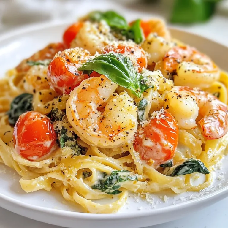 - 8 oz linguine pasta - 1 lb large shrimp, peeled and deveined - 2 tablespoons olive oil - 3 cloves garlic, minced - 1 cup cherry tomatoes, halved - 3 cups fresh spinach - 1 cup heavy cream - ½ cup grated Parmesan cheese - 1 teaspoon Italian seasoning - Salt and pepper to taste - Fresh basil leaves for garnish You can add a splash of lemon juice for a fresh zing. Consider including sun-dried tomatoes for extra flavor. You might also try adding mushrooms for added texture. For some heat, red pepper flakes work well in this dish. For a lighter version, swap heavy cream for half-and-half or coconut cream. If you are gluten-free, you can use gluten-free pasta instead of linguine. For a dairy-free option, try vegan cream cheese or cashew cream in place of heavy cream and Parmesan cheese. If you prefer a plant-based meal, replace shrimp with sautéed tofu or chickpeas. {{ingredient_image_2}} Start by boiling water in a large pot. Add salt to the water. When it boils, add 8 oz of linguine pasta. Cook the pasta until it is al dente, following the package guide. After cooking, drain the pasta. Be sure to keep ½ cup of the pasta water for later. Next, grab a large skillet. Heat 2 tablespoons of olive oil over medium heat. Once the oil is hot, add 1 lb of peeled and deveined shrimp. Season with salt and pepper. Sauté the shrimp for 2 to 3 minutes. They should turn pink and opaque. Remove the shrimp from the skillet and place them on a plate. In the same skillet, add 3 cloves of minced garlic. Sauté for about 30 seconds until you smell the garlic. Be careful not to burn it. Then, add 1 cup of halved cherry tomatoes. Cook these for 3 to 4 minutes until they soften. Next, toss in 3 cups of fresh spinach. Cook until the spinach wilts. Lower the heat to a gentle simmer. Pour in 1 cup of heavy cream. Stir well with the sautéed veggies. Add ½ cup of grated Parmesan cheese and 1 teaspoon of Italian seasoning. Stir until the cheese melts and the sauce becomes creamy. Return the cooked shrimp to the pan. Mix well to coat the shrimp in the creamy sauce. If the sauce is too thick, add the reserved pasta water a little at a time until it reaches the right creaminess. Gently toss the cooked linguine into the skillet. Make sure every strand is coated in the sauce. Taste and adjust salt and pepper if needed. Serve the pasta on plates. Garnish with fresh basil leaves and extra Parmesan cheese if you like. Enjoy your meal! To cook shrimp just right, know a few things. First, use large shrimp for a better bite. Pat them dry before cooking to avoid steaming. Heat your oil until it's hot, then add the shrimp. Cook for 2 to 3 minutes. They should turn pink and opaque. Don't overcook them; they can become tough. If you want more creaminess, add more heavy cream. For a lighter dish, use less cream. You can also mix in some of the reserved pasta water to adjust texture. This keeps the sauce silky without adding more cream. Taste as you go to find the right balance for you. Fresh herbs make a big difference here. Try adding chopped basil or parsley for brightness. You can also use a pinch of red pepper flakes for heat. A dash of lemon juice adds a nice zing. Experiment with flavors to make it your own and enjoy the taste of Italy! Pro Tips Perfectly Cooked Pasta: Always cook your pasta al dente. It will continue to cook slightly when mixed with the sauce, preventing it from becoming mushy. Fresh Ingredients: Use fresh spinach and ripe cherry tomatoes for the best flavor. Fresh ingredients make a significant difference in this dish. Adjusting Consistency: If your sauce is too thick, add the reserved pasta water gradually. This will help to create the perfect creamy texture. Garnish for Flavor: Don’t skip the fresh basil garnish! It adds a burst of flavor and a beautiful presentation to your dish. {{image_4}} You can make Creamy Tuscan Shrimp Linguine even better by adding more veggies. Consider bell peppers for crunch or zucchini for a fresh taste. Peas and asparagus also work well. Just remember to cook them until they are tender but still bright. Adding different veggies not only boosts flavor but also adds color to your dish. If you want to switch things up, try using chicken or scallops instead of shrimp. Chicken should be cooked until golden brown before adding veggies. Scallops need only a few minutes on each side until they turn opaque. Both options give a different taste while keeping the creamy sauce intact. You can easily make this dish gluten-free by using rice pasta or zucchini noodles. For a dairy-free version, swap heavy cream with coconut cream or cashew cream. Nutritional yeast can replace Parmesan for a cheesy taste without dairy. These options help everyone enjoy this tasty dish without worry. To refrigerate leftovers, let the dish cool down first. Place the creamy Tuscan shrimp linguine in an airtight container. It can stay fresh in the fridge for up to three days. Make sure to store it right away. This keeps the flavors intact and safe to eat later. When reheating, use a skillet over medium heat. Add a splash of water or cream to avoid dryness. Stir often to warm it evenly. You can also use a microwave. Cover it with a damp paper towel to keep moisture in. Heat it in short bursts, stirring in between. This way, you keep the creamy texture. Freezing is a great way to save leftovers. Place the cooled linguine in a freezer-safe bag or container. Remove as much air as possible to avoid freezer burn. It can last up to three months in the freezer. When you're ready to eat, thaw it overnight in the fridge. Reheat as mentioned above for the best results. You can use whole milk or half-and-half. These options will make a lighter sauce. If you want a vegan option, try coconut milk or cashew cream. Each choice will change the flavor slightly, but they keep it creamy. Yes, you can use frozen shrimp. Just make sure to thaw them before cooking. Place them in cold water for about 15 minutes. This way, they will cook evenly and stay juicy. To add heat, try red pepper flakes or diced jalapeños. You can also add hot sauce to the creamy sauce for an extra kick. Start with a small amount and taste as you go. Yes, this dish is great for meal prep. You can cook it ahead and store it in the fridge for up to three days. Just reheat gently on the stove, adding a bit of water if needed to bring back creaminess. You’ve learned how to make Creamy Tuscan Shrimp Linguine. I covered the ingredients, step-by-step cooking, and tips for great results. You can also explore variations and storage tips to make this dish your own. Remember, cooking is about fun and creativity. Try adding your favorite veggies or spices. Enjoy this dish, share it, and make it a go-to meal. Happy cooking!