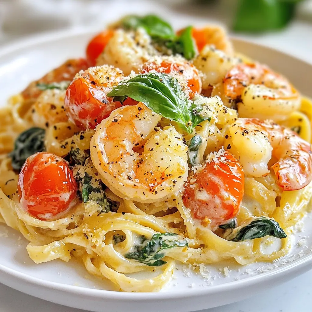 - 8 oz linguine pasta - 1 lb large shrimp, peeled and deveined - 2 tablespoons olive oil - 3 cloves garlic, minced - 1 cup cherry tomatoes, halved - 3 cups fresh spinach - 1 cup heavy cream - ½ cup grated Parmesan cheese - 1 teaspoon Italian seasoning - Salt and pepper to taste - Fresh basil leaves for garnish You can add a splash of lemon juice for a fresh zing. Consider including sun-dried tomatoes for extra flavor. You might also try adding mushrooms for added texture. For some heat, red pepper flakes work well in this dish. For a lighter version, swap heavy cream for half-and-half or coconut cream. If you are gluten-free, you can use gluten-free pasta instead of linguine. For a dairy-free option, try vegan cream cheese or cashew cream in place of heavy cream and Parmesan cheese. If you prefer a plant-based meal, replace shrimp with sautéed tofu or chickpeas. {{ingredient_image_2}} Start by boiling water in a large pot. Add salt to the water. When it boils, add 8 oz of linguine pasta. Cook the pasta until it is al dente, following the package guide. After cooking, drain the pasta. Be sure to keep ½ cup of the pasta water for later. Next, grab a large skillet. Heat 2 tablespoons of olive oil over medium heat. Once the oil is hot, add 1 lb of peeled and deveined shrimp. Season with salt and pepper. Sauté the shrimp for 2 to 3 minutes. They should turn pink and opaque. Remove the shrimp from the skillet and place them on a plate. In the same skillet, add 3 cloves of minced garlic. Sauté for about 30 seconds until you smell the garlic. Be careful not to burn it. Then, add 1 cup of halved cherry tomatoes. Cook these for 3 to 4 minutes until they soften. Next, toss in 3 cups of fresh spinach. Cook until the spinach wilts. Lower the heat to a gentle simmer. Pour in 1 cup of heavy cream. Stir well with the sautéed veggies. Add ½ cup of grated Parmesan cheese and 1 teaspoon of Italian seasoning. Stir until the cheese melts and the sauce becomes creamy. Return the cooked shrimp to the pan. Mix well to coat the shrimp in the creamy sauce. If the sauce is too thick, add the reserved pasta water a little at a time until it reaches the right creaminess. Gently toss the cooked linguine into the skillet. Make sure every strand is coated in the sauce. Taste and adjust salt and pepper if needed. Serve the pasta on plates. Garnish with fresh basil leaves and extra Parmesan cheese if you like. Enjoy your meal! To cook shrimp just right, know a few things. First, use large shrimp for a better bite. Pat them dry before cooking to avoid steaming. Heat your oil until it's hot, then add the shrimp. Cook for 2 to 3 minutes. They should turn pink and opaque. Don't overcook them; they can become tough. If you want more creaminess, add more heavy cream. For a lighter dish, use less cream. You can also mix in some of the reserved pasta water to adjust texture. This keeps the sauce silky without adding more cream. Taste as you go to find the right balance for you. Fresh herbs make a big difference here. Try adding chopped basil or parsley for brightness. You can also use a pinch of red pepper flakes for heat. A dash of lemon juice adds a nice zing. Experiment with flavors to make it your own and enjoy the taste of Italy! Pro Tips Perfectly Cooked Pasta: Always cook your pasta al dente. It will continue to cook slightly when mixed with the sauce, preventing it from becoming mushy. Fresh Ingredients: Use fresh spinach and ripe cherry tomatoes for the best flavor. Fresh ingredients make a significant difference in this dish. Adjusting Consistency: If your sauce is too thick, add the reserved pasta water gradually. This will help to create the perfect creamy texture. Garnish for Flavor: Don’t skip the fresh basil garnish! It adds a burst of flavor and a beautiful presentation to your dish. {{image_4}} You can make Creamy Tuscan Shrimp Linguine even better by adding more veggies. Consider bell peppers for crunch or zucchini for a fresh taste. Peas and asparagus also work well. Just remember to cook them until they are tender but still bright. Adding different veggies not only boosts flavor but also adds color to your dish. If you want to switch things up, try using chicken or scallops instead of shrimp. Chicken should be cooked until golden brown before adding veggies. Scallops need only a few minutes on each side until they turn opaque. Both options give a different taste while keeping the creamy sauce intact. You can easily make this dish gluten-free by using rice pasta or zucchini noodles. For a dairy-free version, swap heavy cream with coconut cream or cashew cream. Nutritional yeast can replace Parmesan for a cheesy taste without dairy. These options help everyone enjoy this tasty dish without worry. To refrigerate leftovers, let the dish cool down first. Place the creamy Tuscan shrimp linguine in an airtight container. It can stay fresh in the fridge for up to three days. Make sure to store it right away. This keeps the flavors intact and safe to eat later. When reheating, use a skillet over medium heat. Add a splash of water or cream to avoid dryness. Stir often to warm it evenly. You can also use a microwave. Cover it with a damp paper towel to keep moisture in. Heat it in short bursts, stirring in between. This way, you keep the creamy texture. Freezing is a great way to save leftovers. Place the cooled linguine in a freezer-safe bag or container. Remove as much air as possible to avoid freezer burn. It can last up to three months in the freezer. When you're ready to eat, thaw it overnight in the fridge. Reheat as mentioned above for the best results. You can use whole milk or half-and-half. These options will make a lighter sauce. If you want a vegan option, try coconut milk or cashew cream. Each choice will change the flavor slightly, but they keep it creamy. Yes, you can use frozen shrimp. Just make sure to thaw them before cooking. Place them in cold water for about 15 minutes. This way, they will cook evenly and stay juicy. To add heat, try red pepper flakes or diced jalapeños. You can also add hot sauce to the creamy sauce for an extra kick. Start with a small amount and taste as you go. Yes, this dish is great for meal prep. You can cook it ahead and store it in the fridge for up to three days. Just reheat gently on the stove, adding a bit of water if needed to bring back creaminess. You’ve learned how to make Creamy Tuscan Shrimp Linguine. I covered the ingredients, step-by-step cooking, and tips for great results. You can also explore variations and storage tips to make this dish your own. Remember, cooking is about fun and creativity. Try adding your favorite veggies or spices. Enjoy this dish, share it, and make it a go-to meal. Happy cooking!