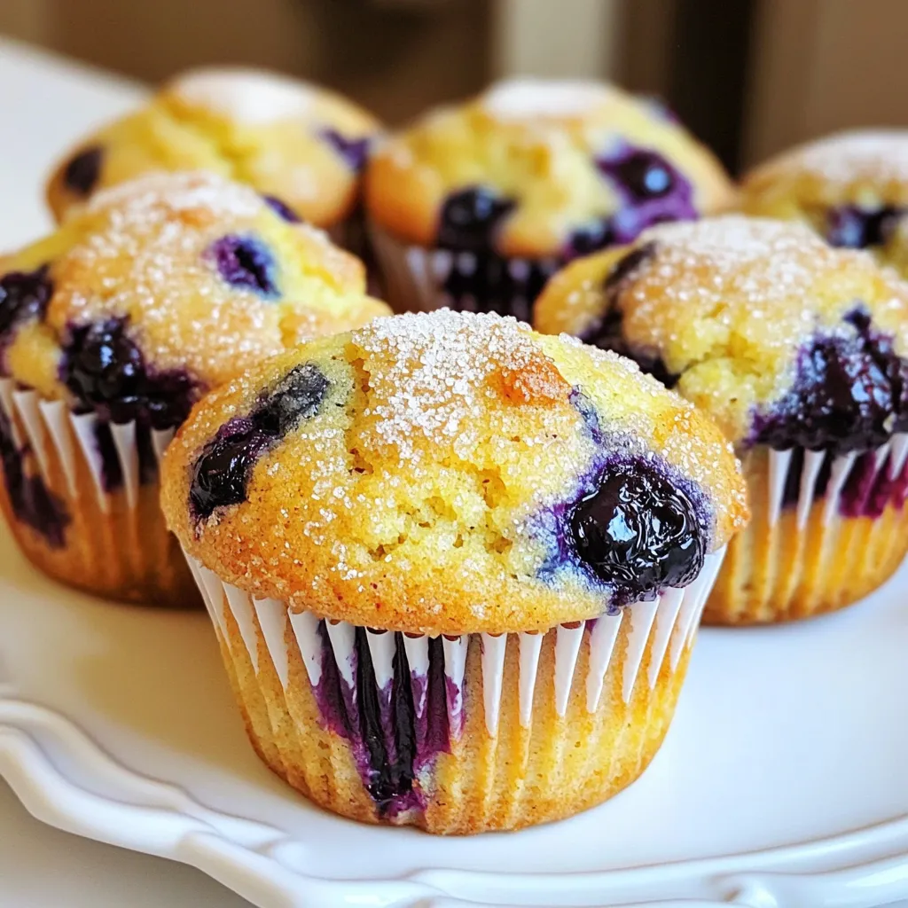 When I make Lemon Blueberry Muffins, I use simple, fresh ingredients. Each one plays a key role in creating that delightful bakery-style taste. Here’s what you’ll need: - 1 ½ cups all-purpose flour - ½ cup granulated sugar - 1 tablespoon baking powder - ¼ teaspoon salt - ¼ cup unsalted butter, melted and slightly cooled - 1 large egg, at room temperature - ½ cup buttermilk - Zest and juice of 1 lemon - 1 cup fresh blueberries - 1 teaspoon pure vanilla extract - Optional: Coarse sugar for topping These ingredients blend to form a batter that’s both fluffy and moist. The lemon zest and juice bring a bright flavor. Fresh blueberries add sweetness and a pop of color. You can use frozen blueberries, too, if fresh ones are hard to find. Just remember to fold them gently into the batter to keep them intact. Using buttermilk gives the muffins a tender crumb. If you don’t have buttermilk, you can mix yogurt with milk. The melted butter should be warm but not hot to avoid cooking the egg. This combination of flavors and textures makes every bite a treat! - Preheat the oven to 375°F (190°C). - Prepare a muffin tin with liners or grease it well. - In a large bowl, sift together: - 1 ½ cups all-purpose flour - ½ cup granulated sugar - 1 tablespoon baking powder - ¼ teaspoon salt - In another bowl, whisk together: - ¼ cup unsalted butter, melted and slightly cooled - 1 large egg - ½ cup buttermilk - Zest of 1 lemon - 2 tablespoons freshly squeezed lemon juice - 1 teaspoon pure vanilla extract - Pour the wet mixture into the dry ingredients. - Gently mix using a spatula or wooden spoon. - Do not overmix. A few lumps are okay. - Carefully fold in 1 cup fresh blueberries. Distribute them evenly without breaking. - Use a spoon or ice cream scoop to fill muffin cups about three-quarters full. - Sprinkle with coarse sugar for extra crunch if desired. - Bake for 18-20 minutes. Check doneness with a toothpick; it should come out clean. - Cool the muffins in the pan for about 5 minutes. - Transfer them to a wire rack to cool completely. - For a lovely touch, dust with powdered sugar before serving. Enjoy the delightful mix of lemon and blueberry! To make perfect bakery-style muffins, avoid overmixing. When you mix too much, the muffins become tough. Mix just until the dry and wet ingredients come together. It’s okay if there are lumps. Tempering butter is also key. Let the melted butter cool slightly. If it's too hot, it can cook the egg. A cooler butter helps create a light texture. Choosing the right blueberries matters. Fresh blueberries work best, but frozen ones are fine too. If using frozen, do not thaw them. This keeps their shape and color. To stop blueberries from sinking, toss them in flour before adding them to the batter. This simple trick helps them stay suspended in your muffins. Using buttermilk is a great choice. It adds moisture and a tender crumb. If you don’t have buttermilk, mix yogurt and milk instead. This gives you a similar creamy texture. Adding lemon zest boosts the flavor. Use zest from one lemon to make the muffins bright and fresh. The zest brings out the lemon's oil, giving your muffins a lovely aroma. {{image_4}} You can switch up the flavors in these muffins. Try lemon poppy seed muffins. Just add two tablespoons of poppy seeds to the batter. This gives a nice crunch and flavor. Another great option is blueberry lemon cream cheese muffins. Add dollops of cream cheese into the batter for a creamy surprise. The tanginess pairs well with lemon and blueberries. If you need gluten-free muffins, use almond or coconut flour. These flours work well and keep the muffins light. For vegan options, replace the egg with a flax egg. Mix one tablespoon of ground flaxseed with three tablespoons of water and let it sit. You can also use plant-based milk instead of buttermilk for a creamy texture. You can boost the texture and flavor with add-ins. Consider adding chopped nuts like walnuts or pecans. They add a nice crunch. Seeds like chia or sunflower seeds also work great. For a sweet touch, mix in chocolate chips. Dark chocolate pairs well with the tartness of the lemon and blueberries. Each option gives the muffins a unique twist to enjoy. To store leftover muffins, keep them at room temperature. Place them in a basket or on a plate. Cover them with a clean kitchen towel. This keeps them fresh for up to three days. Avoid plastic wrap, as it can make the muffins soggy. For future enjoyment, you can freeze muffins. Let them cool completely first. Wrap each muffin in plastic wrap or foil. Then, place them in a freezer bag. They can last up to three months in the freezer. When you want to enjoy one, simply take it out of the freezer. For best results, let it sit at room temperature for about 30 minutes. You can also reheat it in the microwave for about 15-20 seconds. This will bring back their soft texture. Use airtight containers or freezer bags for storage. This prevents air from drying them out. Label the bags with the date you made the muffins. This way, you can keep track of how long they have been stored. To check if your muffins are done, use a toothpick. Insert it into the center of a muffin. If it comes out clean or with a few moist crumbs, they are ready. This quick test helps you avoid overbaking. Overbaked muffins can become dry. Keep an eye on them during the last few minutes of baking. Yes, you can use frozen blueberries. When using frozen fruit, there are a few tips. First, do not thaw them before adding them to the batter. This keeps the muffins from turning purple. Second, add them straight from the freezer. This helps keep the muffins light and fluffy. Just be gentle when folding them in. To keep your muffins moist, use buttermilk or yogurt. These ingredients add rich flavor and moisture. Store muffins in an airtight container. This helps keep them fresh for days. For extra moisture, place a slice of bread in the container. The bread absorbs air and keeps muffins soft. Yes, you can make these muffins ahead of time. Bake them and let them cool completely. Store them in an airtight container for up to three days. You can also freeze them for longer storage. Just wrap each muffin in plastic wrap and foil. When ready, thaw them overnight in the fridge. Reheat in the oven or microwave for a warm treat. In this blog post, you learned how to make delicious blueberry muffins from scratch. We covered each step, from mixing ingredients to baking and cooling. I shared tips for perfect texture and flavor, plus fun variations to try. Baking is fun and can be a tasty way to spend time. Enjoy your muffins and get creative with flavors! Each bite brings joy, and sharing them makes it even better. Happy baking!