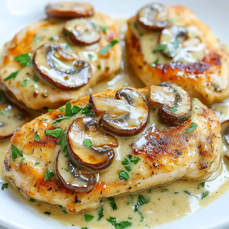 To make creamy garlic mushroom chicken, gather these key items: - 4 boneless, skinless chicken breasts - 2 cups fresh mushrooms, sliced - 4 fresh cloves of garlic, minced - 1 cup heavy cream - 1 cup rich chicken broth - 1 tablespoon extra virgin olive oil - 2 tablespoons unsalted butter - 1 teaspoon dried thyme - 1 teaspoon sweet paprika - Salt and freshly cracked black pepper to taste - Fresh parsley, finely chopped (for garnish) These ingredients create a dish full of flavor and creaminess. Each item plays a role in building the tasty sauce. You can enhance the dish with these extras: - 1 teaspoon onion powder - 1/2 cup grated Parmesan cheese - 1 tablespoon lemon juice - Fresh herbs like thyme or rosemary Adding these will give your dish more depth. The cheese adds richness, while lemon juice brings a nice brightness. For this recipe, I recommend: - Cremini mushrooms: They are earthy and rich. - Button mushrooms: They are mild and widely available. - Shiitake mushrooms: They add a unique flavor. Each type brings its own taste. I often mix different mushrooms to get a blend of flavors. Try what you like best! {{ingredient_image_2}} Begin by seasoning the chicken breasts. Use salt, freshly cracked black pepper, and sweet paprika. Make sure to coat both sides well. This step adds a tasty crust when cooked. Heat olive oil in a large skillet over medium-high heat. Once the oil shimmers, add the chicken. Cook for about 5-6 minutes on each side. Look for a golden-brown color. Once done, remove the chicken and set it aside on a plate. In the same skillet, add unsalted butter and let it melt. Once melted, toss in the sliced mushrooms. Sauté them for 4-5 minutes. Stir occasionally until they brown and soften. Next, add the minced garlic and sauté for another 1-2 minutes. The garlic should smell great but be careful not to burn it. Pour in the chicken broth. Use a wooden spoon to scrape the bottom of the pan. This step lifts those tasty browned bits. Bring the mixture to a gentle simmer. Then, reduce the heat to low. Stir in the heavy cream and dried thyme. Let it simmer for about 5 minutes. The sauce will thicken and become creamy. Return the seared chicken to the skillet. Spoon some creamy mushroom sauce over each breast. Let the chicken cook in the sauce for 2-3 minutes. This step ensures the chicken is hot throughout. Finally, garnish with freshly chopped parsley before serving. Enjoy your flavorful dinner! To keep your chicken juicy, start with fresh, high-quality breasts. Season them well with salt, pepper, and sweet paprika. This adds flavor to the meat. Sear the chicken on high heat for a golden crust. This step locks in moisture. Do not overcook the chicken; it should reach an internal temperature of 165°F. Letting it rest for a few minutes after cooking helps keep it tender. The key to a rich sauce lies in the chicken broth and heavy cream. First, sauté the mushrooms and garlic in butter. This builds a strong flavor base. Deglazing the pan with broth releases tasty bits stuck to the bottom. Slowly stir in the cream and let it simmer to thicken. If the sauce is too thick, add a splash of broth to loosen it. Taste and adjust the seasoning before serving. Pair this dish with steamed seasonal veggies or creamy mashed potatoes. The fresh parsley adds a pop of color and flavor. You can also serve it over pasta for a hearty option. For a more elegant touch, drizzle some extra sauce around the plate. This makes it visually appealing and enhances the dining experience. Pro Tips Use Fresh Ingredients: Opt for fresh mushrooms and herbs for the best flavor. Fresh ingredients elevate the dish and enhance its overall taste. Rest the Chicken: After cooking, let the chicken breasts rest for a few minutes before serving. This helps the juices redistribute, resulting in more tender and juicy chicken. Adjust the Creaminess: If you prefer a lighter sauce, you can substitute half of the heavy cream with low-fat milk or chicken broth to maintain the creaminess without the extra calories. Experiment with Flavors: Feel free to add other herbs and spices to suit your taste. Consider adding a splash of white wine for additional depth or a pinch of red pepper flakes for some heat. {{image_4}} You can swap chicken for many proteins. Try turkey for a leaner option. Pork chops work well too. If you want a meatless meal, use firm tofu or tempeh. These will soak up the sauce nicely. Adjust cooking times based on the protein you choose. For example, tofu needs less time to cook. Feel free to play with herbs and spices. Instead of thyme, use rosemary for a stronger flavor. Oregano or basil can add a nice twist too. For some heat, sprinkle in a pinch of red pepper flakes. You can also add fresh herbs like parsley or chives for freshness. Experiment until you find your favorite mix. To make the dish dairy-free, use coconut cream instead of heavy cream. It adds a nice flavor and keeps it rich. You can also use a plant-based milk, like almond or oat milk. For a lighter version, use half-and-half or low-fat yogurt. Both options still give you a creamy texture without all the calories. To store leftover Creamy Garlic Mushroom Chicken, let it cool first. Place it in an airtight container to keep it fresh. If possible, separate the chicken from the sauce. This helps avoid sogginess. When you're ready to enjoy the leftovers, scoop the chicken and sauce into a skillet. Heat it on medium-low. Stir often until it’s hot all the way through. You can also use a microwave. Place the chicken and sauce in a microwave-safe bowl. Cover it and heat for 1-2 minutes. Stir halfway to ensure even heating. You can keep the leftovers in the fridge for up to 3 days. If you want to keep them longer, freeze the chicken and sauce. In the freezer, it lasts for about 3 months. Just remember to label the container with the date. This way, you know when to use it. Yes, you can use frozen chicken breasts. Just make sure to thaw them first. Thawing helps the chicken cook evenly. You can thaw them overnight in the fridge or use the defrost setting on your microwave. This way, you ensure juicy chicken in your creamy garlic mushroom dish. Creamy Garlic Mushroom Chicken goes great with many sides. Here are some tasty options: - Steamed seasonal vegetables - Mashed potatoes - Rice or quinoa - Garlic bread - A fresh garden salad These sides balance the rich flavors of the chicken and sauce. To add some heat, try these tips: - Use hot paprika instead of sweet paprika. - Add red pepper flakes to the sauce. - Mix in diced jalapeños when sautéing the mushrooms. - Top with a drizzle of hot sauce before serving. These options will give your dish a nice kick! Yes, you can prep this dish ahead! Cook the chicken and sauce, then store them separately. Keep them in airtight containers in the fridge for up to three days. When you're ready to eat, reheat everything on low heat. This keeps the flavors fresh and the chicken tender. In this blog post, we covered the key ingredients, step-by-step instructions, and helpful tips for making creamy garlic mushroom chicken. We explored options for variations and how to store leftovers properly. Remember, juicy chicken and a perfect creamy sauce are what make this dish shine. Feel free to mix in your favorite flavors and proteins to suit your taste. Enjoy cooking this dish and make it your own!