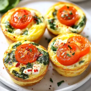 - 6 large eggs - 1 cup fresh spinach, roughly chopped - 1/2 cup feta cheese, crumbled - 1/4 cup milk (or any non-dairy alternative) - 1/4 cup cherry tomatoes, halved - 1/4 teaspoon garlic powder - 1/4 teaspoon black pepper - 1/2 teaspoon salt - 1/4 teaspoon red pepper flakes (optional, for a spicy kick) - 1 tablespoon olive oil (for greasing the muffin pan) Each muffin is packed with nutrients. Here&rsquo;s what you get per serving: - Calories: 150 - Protein: 9g - Fat: 10g - Carbohydrates: 3g - Fiber: 1g - Sugar: 1g This recipe makes six muffins, so it's great for sharing! You can switch some ingredients for taste or dietary needs: - Eggs: Try egg whites for fewer calories. - Feta Cheese: Use goat cheese or cottage cheese if you prefer. - Spinach: Kale or Swiss chard can be good swaps. - Milk: Almond milk or oat milk works well for dairy-free options. - Cherry Tomatoes: Bell peppers or zucchini also add a nice touch. Feel free to mix and match based on what you have. Enjoy your cooking! {{ingredient_image_2}} Start by preheating your oven to 350&deg;F (175&deg;C). This step gets your oven hot and ready for baking. A hot oven helps the muffins rise well. Next, take your muffin tin and grease it with olive oil. You can also use silicone muffin cups. These options help keep the muffins from sticking and make them easy to remove later. In a large bowl, whisk together six large eggs and a quarter cup of milk. Whisk until the mixture is smooth and a bit frothy. This step mixes air into the eggs, making your muffins fluffier. Now, add in the fun stuff: a cup of chopped spinach, half a cup of crumbled feta cheese, and a quarter cup of halved cherry tomatoes. Sprinkle in a quarter teaspoon each of garlic powder, black pepper, and half a teaspoon of salt. If you like a bit of heat, add a quarter teaspoon of red pepper flakes. Mix gently until all the ingredients blend well. Carefully pour the egg mixture into the greased muffin cups. Fill each cup about three-quarters full. This allows the muffins to rise without spilling over. Place the muffin tin into the preheated oven. Bake for about 20-25 minutes. The muffins should look golden and set in the center. After baking, take the muffin tin out of the oven. Let the muffins cool for about five minutes. Use a fork or spatula to lift each muffin out gently. Be careful not to break them. Enjoy your tasty Spinach Feta Egg Muffins! To get those muffins fluffy, whisk the eggs and milk well. This creates air in the mixture. Air helps the muffins rise nicely while baking. Make sure not to overmix once you add spinach, feta, and other ingredients. Gentle folding keeps the air bubbles intact. Here are some tools you should have: - Muffin tin (standard size) - Whisk for mixing - Measuring cups and spoons - Mixing bowl - Fork or spatula for lifting muffins - Oven mitts for safety These tools make the process smooth and easy. Serve these muffins warm for the best taste. You can top them with extra feta cheese and cherry tomato halves. For a complete meal, pair them with fruit or yogurt. These muffins are also great for meal prep. Store them in your fridge for easy, quick breakfasts during the week. Enjoy your delicious creation! Pro Tips Use Fresh Ingredients: Fresh spinach and high-quality feta cheese will enhance the flavor and texture of your egg muffins. Look for vibrant greens and creamy feta for the best results. Customize Your Veggies: Feel free to swap in your favorite vegetables. Bell peppers, onions, or zucchini can add more flavor and nutrition to your muffins. Perfect Storage: To maintain freshness, store the muffins in an airtight container in the refrigerator. They can last up to a week and are perfect for a quick breakfast. Freezing for Later: These egg muffins freeze well! Place them in a single layer on a baking sheet, freeze until solid, then transfer to a freezer bag for up to 3 months. {{image_4}} You can change up the veggies in your muffins. Try adding bell peppers, mushrooms, or zucchini. Each adds a new flavor and texture. For example, bell peppers bring a sweet crunch. Zucchini adds moisture, keeping muffins tender. Just chop your choice and mix them in with the spinach. Want more protein? Add diced ham or turkey. This makes your muffins heartier and more filling. Use about 1/2 cup of diced meat. Cooked turkey or ham works best. Just toss it in with the other ingredients. This simple step boosts flavor and nutrition. If you want to go dairy-free or vegan, swap the eggs and milk. Use flaxseed meal and water as an egg substitute. Mix 1 tablespoon of flaxseed meal with 2.5 tablespoons of water for each egg. For milk, almond or oat milk can work well. Substitute the feta with vegan cheese or nutritional yeast for a cheesy flavor. This way, everyone can enjoy these muffins! To keep your spinach feta egg muffins fresh, place them in an airtight container. Store them in the fridge. They will stay good for about four days. Make sure to let them cool completely before sealing. This prevents moisture from making them soggy. When you want to enjoy your muffins again, reheating is easy. You can use the microwave or the oven. For the microwave, heat for about 30 seconds. Check if they are warm. If not, heat for another 10 seconds. For the oven, preheat it to 350&deg;F (175&deg;C). Place the muffins on a baking sheet and heat for about 10 minutes. This keeps them fluffy and warm. You can freeze these muffins for longer storage. First, let them cool completely. Wrap each muffin in plastic wrap. Then, place them in a freezer bag or container. They can last up to three months in the freezer. When you&rsquo;re ready to eat, thaw them overnight in the fridge. Reheat as mentioned before, and enjoy! Spinach Feta Egg Muffins last for about five days in the fridge. Store them in an airtight container. This keeps them fresh and tasty. Yes, you can make these muffins ahead of time. Prepare them and store in the fridge. They are perfect for quick breakfasts or snacks! You can serve these muffins with fresh fruit or a light salad. A side of yogurt also pairs well. This adds more flavor and balance to your meal. Yes, you can use other cheeses like goat cheese or cheddar. Keep in mind that flavors will change a bit. Experiment with what you like best! You learned how to make delicious Spinach Feta Egg Muffins. We covered ingredients, cooking steps, and variations for every taste. Tips for fluffiness and storage made it easier to enjoy them longer. You can experiment with protein and dairy-free options too. These muffins are a tasty and simple breakfast choice. Now go ahead&mdash;try these recipes and make your mornings better!
