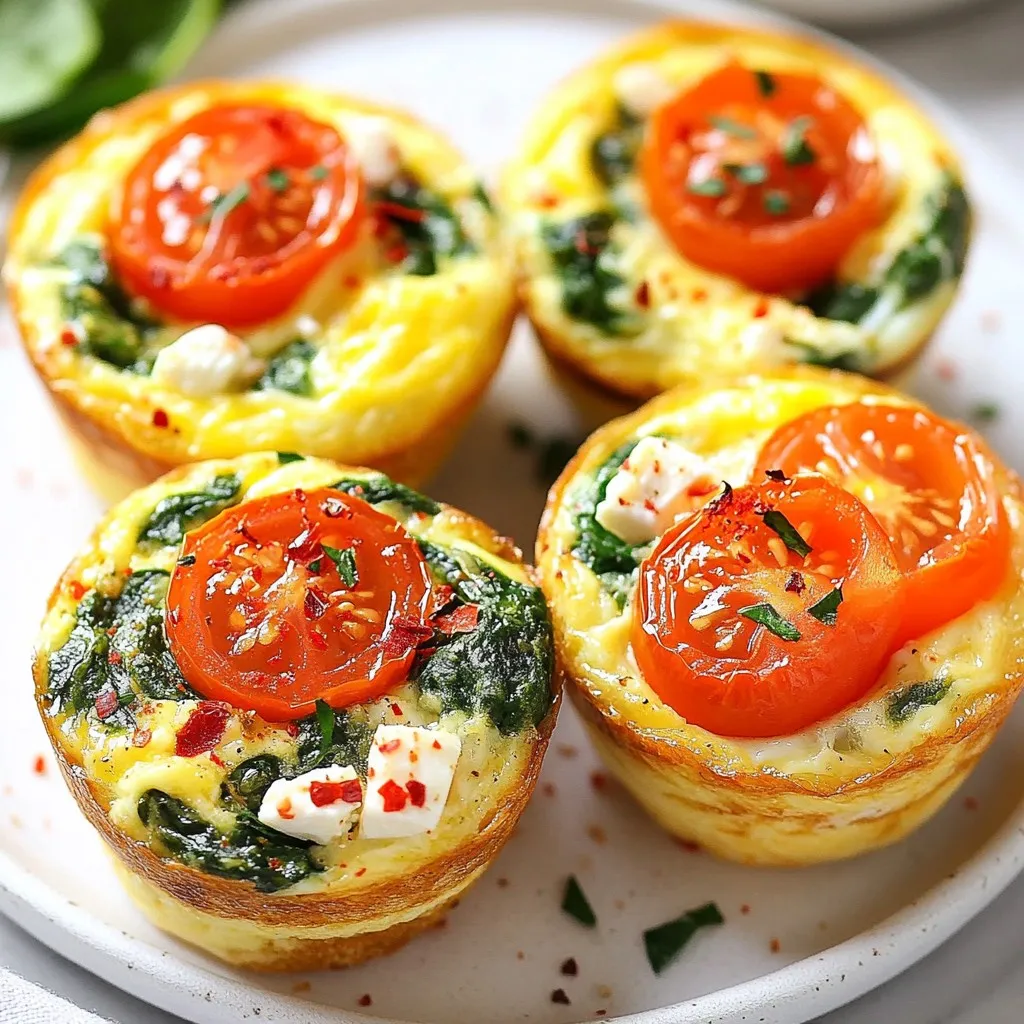 - 6 large eggs - 1 cup fresh spinach, roughly chopped - 1/2 cup feta cheese, crumbled - 1/4 cup milk (or any non-dairy alternative) - 1/4 cup cherry tomatoes, halved - 1/4 teaspoon garlic powder - 1/4 teaspoon black pepper - 1/2 teaspoon salt - 1/4 teaspoon red pepper flakes (optional, for a spicy kick) - 1 tablespoon olive oil (for greasing the muffin pan) Each muffin is packed with nutrients. Here’s what you get per serving: - Calories: 150 - Protein: 9g - Fat: 10g - Carbohydrates: 3g - Fiber: 1g - Sugar: 1g This recipe makes six muffins, so it's great for sharing! You can switch some ingredients for taste or dietary needs: - Eggs: Try egg whites for fewer calories. - Feta Cheese: Use goat cheese or cottage cheese if you prefer. - Spinach: Kale or Swiss chard can be good swaps. - Milk: Almond milk or oat milk works well for dairy-free options. - Cherry Tomatoes: Bell peppers or zucchini also add a nice touch. Feel free to mix and match based on what you have. Enjoy your cooking! {{ingredient_image_2}} Start by preheating your oven to 350°F (175°C). This step gets your oven hot and ready for baking. A hot oven helps the muffins rise well. Next, take your muffin tin and grease it with olive oil. You can also use silicone muffin cups. These options help keep the muffins from sticking and make them easy to remove later. In a large bowl, whisk together six large eggs and a quarter cup of milk. Whisk until the mixture is smooth and a bit frothy. This step mixes air into the eggs, making your muffins fluffier. Now, add in the fun stuff: a cup of chopped spinach, half a cup of crumbled feta cheese, and a quarter cup of halved cherry tomatoes. Sprinkle in a quarter teaspoon each of garlic powder, black pepper, and half a teaspoon of salt. If you like a bit of heat, add a quarter teaspoon of red pepper flakes. Mix gently until all the ingredients blend well. Carefully pour the egg mixture into the greased muffin cups. Fill each cup about three-quarters full. This allows the muffins to rise without spilling over. Place the muffin tin into the preheated oven. Bake for about 20-25 minutes. The muffins should look golden and set in the center. After baking, take the muffin tin out of the oven. Let the muffins cool for about five minutes. Use a fork or spatula to lift each muffin out gently. Be careful not to break them. Enjoy your tasty Spinach Feta Egg Muffins! To get those muffins fluffy, whisk the eggs and milk well. This creates air in the mixture. Air helps the muffins rise nicely while baking. Make sure not to overmix once you add spinach, feta, and other ingredients. Gentle folding keeps the air bubbles intact. Here are some tools you should have: - Muffin tin (standard size) - Whisk for mixing - Measuring cups and spoons - Mixing bowl - Fork or spatula for lifting muffins - Oven mitts for safety These tools make the process smooth and easy. Serve these muffins warm for the best taste. You can top them with extra feta cheese and cherry tomato halves. For a complete meal, pair them with fruit or yogurt. These muffins are also great for meal prep. Store them in your fridge for easy, quick breakfasts during the week. Enjoy your delicious creation! Pro Tips Use Fresh Ingredients: Fresh spinach and high-quality feta cheese will enhance the flavor and texture of your egg muffins. Look for vibrant greens and creamy feta for the best results. Customize Your Veggies: Feel free to swap in your favorite vegetables. Bell peppers, onions, or zucchini can add more flavor and nutrition to your muffins. Perfect Storage: To maintain freshness, store the muffins in an airtight container in the refrigerator. They can last up to a week and are perfect for a quick breakfast. Freezing for Later: These egg muffins freeze well! Place them in a single layer on a baking sheet, freeze until solid, then transfer to a freezer bag for up to 3 months. {{image_4}} You can change up the veggies in your muffins. Try adding bell peppers, mushrooms, or zucchini. Each adds a new flavor and texture. For example, bell peppers bring a sweet crunch. Zucchini adds moisture, keeping muffins tender. Just chop your choice and mix them in with the spinach. Want more protein? Add diced ham or turkey. This makes your muffins heartier and more filling. Use about 1/2 cup of diced meat. Cooked turkey or ham works best. Just toss it in with the other ingredients. This simple step boosts flavor and nutrition. If you want to go dairy-free or vegan, swap the eggs and milk. Use flaxseed meal and water as an egg substitute. Mix 1 tablespoon of flaxseed meal with 2.5 tablespoons of water for each egg. For milk, almond or oat milk can work well. Substitute the feta with vegan cheese or nutritional yeast for a cheesy flavor. This way, everyone can enjoy these muffins! To keep your spinach feta egg muffins fresh, place them in an airtight container. Store them in the fridge. They will stay good for about four days. Make sure to let them cool completely before sealing. This prevents moisture from making them soggy. When you want to enjoy your muffins again, reheating is easy. You can use the microwave or the oven. For the microwave, heat for about 30 seconds. Check if they are warm. If not, heat for another 10 seconds. For the oven, preheat it to 350°F (175°C). Place the muffins on a baking sheet and heat for about 10 minutes. This keeps them fluffy and warm. You can freeze these muffins for longer storage. First, let them cool completely. Wrap each muffin in plastic wrap. Then, place them in a freezer bag or container. They can last up to three months in the freezer. When you’re ready to eat, thaw them overnight in the fridge. Reheat as mentioned before, and enjoy! Spinach Feta Egg Muffins last for about five days in the fridge. Store them in an airtight container. This keeps them fresh and tasty. Yes, you can make these muffins ahead of time. Prepare them and store in the fridge. They are perfect for quick breakfasts or snacks! You can serve these muffins with fresh fruit or a light salad. A side of yogurt also pairs well. This adds more flavor and balance to your meal. Yes, you can use other cheeses like goat cheese or cheddar. Keep in mind that flavors will change a bit. Experiment with what you like best! You learned how to make delicious Spinach Feta Egg Muffins. We covered ingredients, cooking steps, and variations for every taste. Tips for fluffiness and storage made it easier to enjoy them longer. You can experiment with protein and dairy-free options too. These muffins are a tasty and simple breakfast choice. Now go ahead—try these recipes and make your mornings better!