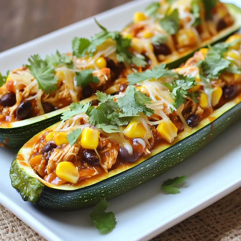 To make BBQ Chicken Stuffed Zucchini, you need: - 4 medium zucchinis - 2 cups cooked chicken, shredded - 1 cup savory BBQ sauce - 1 cup sweet corn kernels - 1 cup black beans, rinsed and drained - 1 cup shredded cheese - 1/2 teaspoon garlic powder - 1/2 teaspoon onion powder - Salt and pepper to taste - Fresh cilantro, chopped These ingredients come together for a tasty dish. The zucchinis serve as the perfect base for the filling. The chicken and BBQ sauce create a rich and tangy flavor. Corn and black beans add texture and nutrition. Finally, cheese brings a nice creaminess to every bite. You can make this dish your own! Here are some optional ingredients: - Diced bell peppers for crunch - Jalapeños for a spicy kick - Different cheese types like mozzarella or pepper jack - Avocado slices for creaminess - Sliced green onions for a fresh touch These options let you tailor the recipe to your taste. Feel free to mix and match to create your perfect stuffed zucchini! Choosing the right BBQ sauce can enhance your dish. Here are some brands I recommend: - Sweet Baby Ray's for a classic taste - Stubb's for a smoky flavor - Trader Joe's BBQ Sauce for a unique twist - Kansas City BBQ Sauce for a sweeter option Each brand offers a different flavor profile. Pick one that you enjoy, and your stuffed zucchinis will taste amazing! {{ingredient_image_2}} Start by preheating your oven to 375°F (190°C). This heat will help cook the zucchini just right. Next, take the zucchinis and slice them in half from top to bottom. Use a spoon to scoop out the seeds. Make a nice space for the filling. Place the zucchini halves cut side up on a non-stick baking sheet. In a big mixing bowl, combine the shredded chicken with your favorite BBQ sauce. Add in the sweet corn and rinsed black beans. For flavor, mix in garlic powder, onion powder, salt, and pepper. Stir well until everything is coated in that tasty BBQ sauce. This filling is where the magic happens! Now it’s time to fill the zucchini. Spoon the BBQ chicken mixture into each hollowed zucchini half. Pack it lightly for a perfect fit. Next, sprinkle the shredded cheese on top of each one. This cheese will melt and create a delicious crust. Place the baking sheet in the oven and bake for about 25-30 minutes. You’ll know they’re ready when the zucchinis are soft and the cheese is melted and bubbly. Once done, let them cool for a bit before serving. Garnish with fresh chopped cilantro for a pop of color. Enjoy your flavor-packed BBQ chicken stuffed zucchini! Choose a BBQ sauce that you love. Sweet, spicy, or tangy sauces work well. I enjoy a blend of sweet and smoky for a rich flavor. Always taste the sauce before mixing it in. Adjust the sauce with spices if you want more heat or sweetness. Mixing sauces can create a unique taste just for you. For the best cheese melt, use freshly shredded cheese. Pre-shredded cheese often has additives that prevent melting well. Cheddar is a great choice, but try mozzarella or a blend for variety. Spread the cheese evenly to cover all the filling. This helps it melt uniformly, creating a delicious, gooey top. You’ll need a few simple tools for this recipe. A sharp knife helps cut the zucchini smoothly. A spoon is perfect for scooping out the seeds. Use a large mixing bowl for combining your filling. A baking sheet lined with parchment paper makes cleanup easy. Lastly, an oven mitt will keep you safe when handling hot dishes. Pro Tips Choose the Right Zucchini: Select medium-sized zucchinis that are firm and have a vibrant green color for the best texture and flavor. Experiment with BBQ Sauces: Don’t hesitate to try different BBQ sauces, such as spicy, smoky, or even fruity variations, to elevate the flavor profile of your dish. Make Ahead: Prepare the stuffed zucchinis ahead of time and store them in the refrigerator. Bake them just before serving for a quick and easy meal. Customize Fillings: Feel free to add other ingredients like diced bell peppers or jalapeños for additional texture and heat, making the dish your own. {{image_4}} If you want a veggie twist, skip the chicken. Use a mix of sautéed mushrooms, bell peppers, and onions instead. This gives you a hearty filling while keeping it plant-based. You can also use lentils or chickpeas for added protein. Both options bring great taste and texture. You can swap chicken for other proteins. Try shredded pork or ground turkey for a new flavor. Tofu crumbles also work well if you want a vegan option. Just make sure to add your favorite BBQ sauce to keep it tasty. It’s all about finding what you love! To make your dish even better, consider adding spices. A pinch of smoked paprika gives a nice kick. You can also mix in diced jalapeños for heat or fresh herbs like basil for freshness. Don’t forget about toppings! A sprinkle of green onions or a dollop of sour cream can add extra flavor. Experiment with what you have on hand and enjoy! Store any leftover BBQ chicken stuffed zucchini in an airtight container. Keep it in the fridge. It will stay fresh for about 3 to 4 days. If you want to keep it longer, consider freezing. To reheat, preheat your oven to 350°F (175°C). Place the stuffed zucchini on a baking sheet. Cover them with foil to keep them moist. Heat for about 15-20 minutes or until warm. You can also use a microwave. Heat for 1-2 minutes, checking in between. To freeze, wrap each stuffed zucchini tightly in plastic wrap. Then, place them in a freezer bag. They can last up to 2-3 months in the freezer. When ready to eat, thaw in the fridge overnight. Reheat as mentioned above for best results. Choose zucchinis that are firm and smooth. Look for ones that are bright green. Avoid zucchinis with soft spots or blemishes. Smaller zucchinis often taste sweeter and are more tender. Aim for medium-sized zucchinis for this recipe, as they hold the filling well. Yes, rotisserie chicken works great for this dish. It saves time and adds flavor. Just shred the chicken before mixing it with the BBQ sauce. This option makes the recipe even quicker, perfect for busy days. Serve your stuffed zucchini with a fresh salad for a light meal. Cornbread pairs well too, adding a nice touch of sweetness. You could also serve roasted vegetables for added flavor and texture. Try a simple coleslaw to bring in some crunch. These sides complement the savory stuffed zucchini perfectly! This blog post covered everything you need for BBQ Chicken Stuffed Zucchini. We explored key ingredients, outlined step-by-step instructions, and shared helpful tips. You learned about variations, storage, and common questions. Enjoy making this dish, and feel free to experiment with flavors and sides. This recipe offers a tasty way to combine health and flavor, making dinner fun. Dive in and savor each bite!
