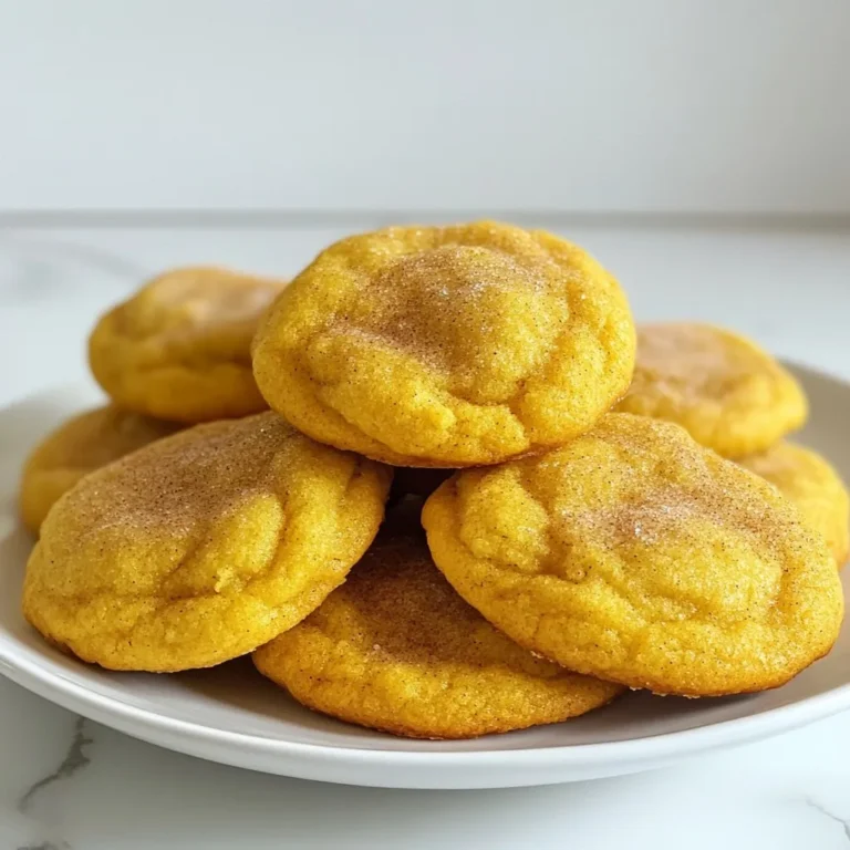 - Pumpkin Puree: This adds moisture and flavor. Use canned or homemade. - Unsalted Butter: Softened butter helps the dough mix well. It gives cookies a rich taste. - Granulated Sugar and Brown Sugar: These sugars create sweetness. Brown sugar adds a hint of caramel flavor. - Egg and Vanilla Extract: The egg binds the dough. Vanilla adds a warm, sweet note. - Dry Ingredients: - Flour: All-purpose flour gives structure. - Cream of Tartar: This keeps cookies soft and chewy. - Baking Soda: It helps the cookies rise. - Salt: A pinch balances the sweetness. - Spices: Cinnamon, nutmeg, and ginger provide that cozy fall flavor. - Coating Mixture: - Granulated Sugar: This adds sweetness on the outside. - Ground Cinnamon: It gives a warm, spicy finish. These ingredients work together to create a soft, flavorful cookie perfect for fall. Each one plays a key role in texture and taste. {{ingredient_image_2}} - Preheat your oven to 350°F (175°C). - Line a large baking sheet with parchment paper. This helps cookies not to stick. - In a large bowl, cream together the softened butter, granulated sugar, and brown sugar. - Use an electric mixer or a wooden spoon. Mix until light and fluffy, about 3-4 minutes. - Add the pumpkin puree, egg, and vanilla extract. Mix until smooth. - In another bowl, whisk together the all-purpose flour, cream of tartar, baking soda, sea salt, ground cinnamon, ground nutmeg, and ground ginger. - Make sure these ingredients are well combined for even flavor. - Gradually add the dry mixture to the wet ingredients. - Stir gently with a spatula until just combined. Avoid overmixing; this keeps cookies tender. - Use a cookie scoop or your hands to portion the dough into balls, about 1 inch wide. - Roll each ball in a cinnamon-sugar mixture. This gives them a sweet, spiced coating. - Place the coated dough balls on the prepared baking sheet, leaving 2 inches between each. - Bake for 10-12 minutes. The edges should be lightly golden, and centers may look soft. - Let the cookies cool on the baking sheet for about 5 minutes. Then, transfer them to a wire rack to cool fully. Importance of Ingredient Temperature For the best cookies, use room temperature butter. Softened butter makes it easy to cream with sugars. This step creates air pockets, giving your cookies a light texture. Use cold pumpkin puree straight from the can, as it helps balance the butter warmth. Not Overmixing the Dough Be gentle when mixing wet and dry ingredients. Overmixing makes cookies tough. Stir until just combined. You want a soft dough, not a dense one. Suggestions for Extra Flavor To boost flavor, add a pinch of cloves or allspice. These spices enhance warmth and complexity. You can also add a splash of maple syrup for sweetness. Using Fresh Spices vs. Ground Spices Fresh spices provide a stronger, brighter flavor than ground spices. If you can, use fresh ground cinnamon or nutmeg. If not, use quality pre-ground spices. They still add great flavor. Arranging Cookies For a festive display, stack cookies on a colorful plate. Sprinkle a little cinnamon on top for a cozy look. Use seasonal leaves or small pumpkins for decoration. Serving Suggestions with Beverages Pair these cookies with cold milk or warm coffee. The flavors blend well together. For a fall twist, try serving with spiced apple cider. It adds to the seasonal charm! Pro Tips Chill the Dough: For thicker cookies, chill the dough in the refrigerator for at least 30 minutes before baking. This helps prevent the cookies from spreading too much while baking. Use Fresh Spices: For the best flavor, use freshly ground spices instead of pre-ground. This will enhance the overall taste of your cookies, making them aromatic and delicious. Check for Doneness: Cookies may look slightly underbaked in the center; this is okay! They will continue to cook on the baking sheet after removing them from the oven. Aim for lightly golden edges. Storage Tips: Store cookies in an airtight container at room temperature for up to a week. For longer storage, freeze them in a single layer and transfer to a freezer bag for up to 3 months. {{image_4}} To make gluten-free snickerdoodle pumpkin cookies, swap out the all-purpose flour for a gluten-free blend. Look for a mix that includes xanthan gum, which helps provide structure. You can also use almond flour or coconut flour, but be aware that this may change the texture. Adjust the amount of flour based on the moisture content of your pumpkin puree. Always check your labels to ensure your ingredients are gluten-free. To create vegan snickerdoodle pumpkin cookies, replace the egg with a flax egg. To make a flax egg, mix one tablespoon of ground flaxseed with three tablespoons of water. Let it sit for about five minutes until it thickens. For butter, use vegan butter or coconut oil, softened. Make sure your sugars are vegan as well. These swaps keep the cookies tasty while fitting a plant-based diet. Adding chocolate chips or nuts to your cookie dough can elevate the flavor. Semi-sweet chocolate chips pair well with the spices, while nuts like pecans or walnuts add a nice crunch. For seasonal add-ins, try dried cranberries or white chocolate chips. You can also experiment with different spices, like cardamom or cloves, for a unique twist. These variations keep your cookies exciting and fresh every time you bake. To keep your snickerdoodle pumpkin cookies fresh, use airtight containers. Glass or plastic containers work well. Place parchment paper between layers to avoid sticking. Keep them at room temperature for best taste. To freeze cookies, first let them cool completely. Place them in a single layer on a baking sheet. Once frozen, transfer them to a freezer bag or container. This keeps them fresh for up to three months. To thaw, simply leave them out for a few hours or microwave them for a few seconds. Snickerdoodle pumpkin cookies stay fresh for about one week at room temperature. If stored properly, they last longer in the fridge, around two weeks. Freezing extends their life, but they are best enjoyed fresh! Yes, you can use fresh pumpkin. Fresh pumpkin adds a vibrant taste. It also has more moisture. This might change the dough's texture. - Nutritional Considerations: Fresh pumpkin is rich in vitamins. It has more fiber than canned. You might need to cook and strain it. This helps reduce moisture. Look for a golden edge and soft center. The cookies should look set but not hard. They will firm up as they cool. - Visual and Texture Cues: When you bake them, the edges will turn golden. The tops may look a bit shiny. A gentle press will feel soft but not wet. If the dough sticks to your hands, chill it. This makes it easier to handle. You can also dust your hands with flour. - Tips for Manageable Dough: Use a little flour when rolling the dough. This keeps it from sticking too much. If it’s still sticky, chill the dough for 30 minutes. Yes, you can make them ahead. Bake the cookies and store them. - Prepping and Storing Tips: Let the cookies cool completely. Place them in an airtight container. They stay fresh for about a week. You can also freeze the dough. Just scoop it into balls. Freeze them on a tray. Once solid, store in a bag. In this blog post, we explored the joy of baking Snickerdoodle Pumpkin Cookies. From gathering the right ingredients to mixing, baking, and storage, I shared clear steps to ensure success. I provided tips for perfect texture, flavor boosts, and variations for everyone. These cookies bring warmth and fun to any season. Whether you enjoy them fresh or freeze some for later, the flavors will keep you coming back. Happy baking as you try out these easy recipes!