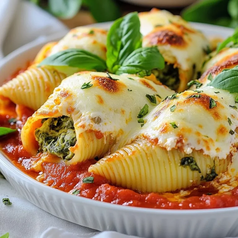 - 20 jumbo pasta shells - 2 cups fresh spinach, finely chopped - 1 cup ricotta cheese - 1 cup shredded mozzarella cheese, divided - 1/2 cup grated Parmesan cheese - 1 teaspoon garlic powder - 1/2 teaspoon onion powder - Salt and black pepper, to taste - 2 cups marinara sauce, divided - Fresh basil leaves The main ingredients create a rich and creamy filling. Jumbo pasta shells serve as a perfect vessel for this delicious mix. I love using fresh spinach for its vibrant color and flavor. Ricotta cheese adds a smooth texture, while mozzarella cheese gives it that stretchy, melty goodness. Grated Parmesan cheese provides a lovely nutty taste that brings all the flavors together. For seasoning, garlic powder and onion powder add depth without overpowering the dish. A sprinkle of salt and black pepper helps balance the flavors. Marinara sauce not only adds moisture but also a bright acidity that complements the creamy filling. Finally, garnishing with fresh basil leaves adds a burst of color and a hint of freshness. This combination makes for a simple yet tasty dish that you can enjoy any night of the week. {{ingredient_image_2}} First, preheat your oven to 375°F (190°C). Next, bring a large pot of salted water to a boil. Cook the jumbo pasta shells according to the package directions until they are al dente. This should take about 10-12 minutes. Once cooked, drain the shells well. Set them aside to cool for a few minutes. In a large mixing bowl, combine the finely chopped spinach, ricotta cheese, 1/2 cup of shredded mozzarella cheese, grated Parmesan cheese, and a beaten egg. Add garlic powder, onion powder, and a sprinkle of salt and pepper. Mix all the ingredients thoroughly until you have a creamy filling. This step is key for great flavor. Now comes the fun part: stuffing the pasta shells! Take each cooled shell and gently stuff it with the spinach and cheese mixture. Be careful not to tear the shell. In a glass or ceramic baking dish, pour 1 cup of marinara sauce evenly across the bottom. This helps prevent sticking. Arrange the stuffed shells in the dish with the openings facing up. Cover the shells with the remaining marinara sauce, making sure each shell is well coated. Sprinkle the remaining 1/2 cup of shredded mozzarella cheese evenly over the top. Cover the dish tightly with aluminum foil and place it in the preheated oven. Bake for 25 minutes. After that, carefully remove the foil and bake for an additional 10-15 minutes. This helps the cheese become bubbly and golden brown. Once done, take the dish out of the oven and let it cool for about 5 minutes. Garnish with fresh basil leaves just before serving. Enjoy! To make the filling just right, use fresh spinach. It adds great flavor. Chop it finely for an even blend. Mix it with ricotta and mozzarella for creaminess. The egg binds it all together. Seasoning is key. Start with garlic powder and onion powder. Add salt and pepper to your taste. If you like it spicy, try adding a pinch of red pepper flakes. Taste the filling as you mix. Adjust until it’s just right. Cover the dish with foil when baking. This keeps the shells moist and tender. After 25 minutes, remove the foil. This helps the cheese brown nicely. Watch the cheese closely; you want it bubbly and golden. If you want extra crispiness, broil for a minute or two at the end. Just keep an eye on it. You don’t want burnt cheese! For a beautiful presentation, serve on warm plates. Drizzle marinara sauce around the shells. Scatter fresh basil leaves on top for color. This makes the dish look fresh and inviting. Pair these stuffed shells with a simple green salad. A light vinaigrette works well. Garlic bread is also a great choice. Enjoy your meal with a side that complements the rich flavors! Pro Tips Perfect Pasta Texture: Make sure to cook the jumbo shells al dente, as they will continue to cook in the oven. This prevents them from becoming mushy. Customize Your Cheese: Feel free to experiment with different types of cheese in the filling. Adding feta or goat cheese can give a unique flavor twist. Extra Flavor Boost: For more depth of flavor, sauté the spinach in a little olive oil and minced garlic before mixing it into the cheese filling. Make Ahead: These stuffed shells can be assembled ahead of time and stored in the fridge. Just bake them when you're ready to serve for a quick meal. {{image_4}} If you want to change the cheese, try cottage cheese instead of ricotta. It gives a nice texture too. You can also use goat cheese for a tangy flavor. If you want more veggies, add chopped mushrooms or bell peppers. These add great taste and color to your dish. For a gluten-free version, choose gluten-free jumbo shells. They work just as well. If you want a vegan dish, skip the egg and use tofu instead of cheese. Blend the tofu with spices to mimic the creamy filling. You can also use nutritional yeast for a cheesy taste. To add more flavor, mix in some Italian herbs like oregano or basil. A pinch of red pepper flakes gives a nice kick. For toppings, try adding breadcrumbs for crunch or more cheese for extra gooeyness. You can also drizzle olive oil before serving for a rich finish. To keep your cheesy spinach stuffed shells fresh, store them in an airtight container. You can refrigerate them for up to three days. If you want to save them for longer, freezing is a great option. Place the cooled shells in a freezer-safe container or wrap them tightly in plastic wrap. They can last up to three months in the freezer. When you're ready to enjoy your leftovers, reheating is simple. You can use the oven or microwave. For the oven, preheat it to 350°F (175°C). Place the shells in a baking dish, cover with foil, and heat for about 20 minutes. This method keeps the flavors rich and the cheese melty. If you use a microwave, place a few shells on a plate and cover them with a damp paper towel. Heat in 30-second intervals until warm. This helps keep the shells moist. Cheesy spinach stuffed shells can stay safe to eat for up to three days in the fridge. If frozen, they are good for about three months. After that, the taste and texture may change. Always check for any signs of spoilage before eating. Yes, you can prep cheesy spinach stuffed shells ahead of time. Make the filling and stuff the shells. Place them in a baking dish with marinara sauce. Cover the dish with foil and store it in the fridge. They will stay fresh for up to two days. When you're ready to bake, add a few extra minutes to the cook time. You can also freeze the stuffed shells. Just wrap them tightly in plastic wrap and then foil. They can last for up to three months in the freezer. Thaw them in the fridge before baking. Cheesy spinach stuffed shells pair well with many side dishes. I suggest a simple green salad with a light vinaigrette. Garlic bread is another great choice, adding a crunchy texture. You could also serve steamed vegetables like broccoli or green beans. For a heartier option, a side of roasted potatoes would work well too. You can tell when the shells are fully cooked by checking the cheese. It should be bubbly and golden brown on top. The sauce should be hot and slightly bubbling around the edges. If you insert a knife into the filling, it should feel warm throughout. Make sure not to overbake them, as they can dry out. Yes, you can use frozen spinach in this recipe. Frozen spinach is convenient and saves prep time. Just be sure to thaw it and drain off excess water before using. However, fresh spinach has a brighter flavor and better texture. Frozen spinach may also become mushy in the filling. So, if you want the best taste, fresh spinach is the way to go. Cheesy spinach stuffed shells are easy and fun to make. We covered the key ingredients, like jumbo shells, spinach, and different cheeses. I shared steps to prepare, stuff, and bake your dish perfectly. Use my tips to enhance flavors or make it gluten-free or vegan. Store leftovers the right way to keep them fresh. Enjoy these shells with a side salad or a tasty sauce. I hope you feel ready to create a delicious meal!