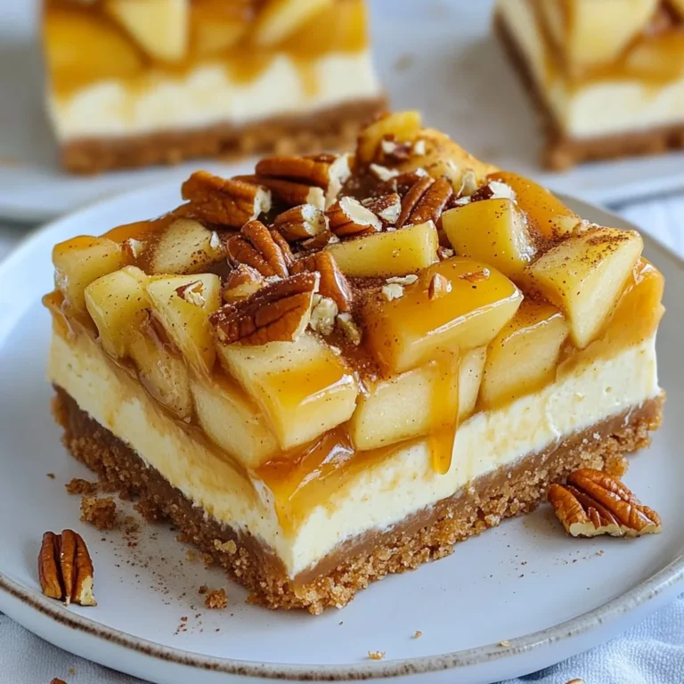 - 1 cup graham cracker crumbs - 1/2 cup unsalted butter, melted - 2 tablespoons granulated sugar - 2 (8 oz) packages cream cheese, softened - 1 cup granulated sugar - 2 large eggs - 1 teaspoon pure vanilla extract - 2 cups apples, peeled and diced - 1 teaspoon ground cinnamon - 1 cup caramel sauce - 1/2 cup chopped pecans (optional) These ingredients create a perfect blend of flavors. The graham cracker crumbs serve as a sweet, crunchy crust. The cream cheese provides a rich and creamy filling. Apples add a fresh bite, while caramel sauce brings sweetness. You can choose to add pecans for a nice crunch. Each ingredient plays a role in enhancing the taste and texture of these bars. Using fresh apples is key. I like to use tart varieties like Granny Smith. They balance the sweetness of the caramel and sugar. Make sure your cream cheese is at room temperature. This helps to create a smooth filling. Mixing in the ground cinnamon gives the bars a warm flavor. This list makes it easy to prepare a delicious dessert. Gather everything, and you are ready to start cooking! {{ingredient_image_2}} Set your oven to 350°F (175°C). This warm-up is key for baking. While it heats, prepare a 9x9 inch baking pan. You can grease it with cooking spray or line it with parchment paper. This makes it easier to remove the bars later. In a medium bowl, mix 1 cup of graham cracker crumbs with 1/2 cup of melted butter. Add 2 tablespoons of sugar to the mix. Stir until it looks crumbly. Press this mixture firmly into the bottom of your baking pan. This will form a nice, solid crust for your cheesecake. In a large bowl, beat 2 packages of softened cream cheese with 1 cup of sugar. Use an electric mixer for a smooth texture. Add 2 large eggs one by one, mixing well after each. Then stir in 1 teaspoon of pure vanilla extract. Next, prepare your apples. Peel and dice 2 medium apples. Toss these apple pieces in 1 teaspoon of ground cinnamon in a small bowl. Fold the spiced apples into the cheesecake mixture gently. Be careful not to overmix. Pour the cheesecake filling over the crust in the baking pan. To eliminate air bubbles, tap the pan lightly on your countertop. Bake in the preheated oven for 30 to 35 minutes. The edges should be set, but the center can be a bit jiggly. After baking, let the cheesecake cool to room temperature. Once cool, drizzle 1 cup of caramel sauce over the top. If you like, sprinkle 1/2 cup of chopped pecans on top for extra crunch. Refrigerate the cheesecake bars for at least 4 hours, or overnight if you can wait. This helps them set well. When ready, lift the bars out of the pan using the parchment paper. Cut them into squares for serving. Enjoy your delicious, homemade caramel apple cheesecake bars! To make your cheesecake smooth, use room temperature cream cheese. Cold cream cheese can create lumps. Let it sit out for about 30 minutes before mixing. This small step makes a big difference. When adding apples, be gentle. Overmixing can break them down too much. You want tasty apple pieces, not mush. Spice it up! You can add nutmeg or allspice for a warm touch. If you like, try flavored extracts like almond or maple. They add a nice twist. For a different sauce, swap caramel for chocolate or butterscotch. Each choice gives a unique taste to your dessert. For a pretty plate, serve these bars chilled. Drizzle extra caramel on top for sweetness. A sprinkle of cinnamon adds flair. To make it more decadent, add a dollop of whipped cream or a scoop of ice cream. These toppings turn a simple dessert into something special! Pro Tips Use Room Temperature Cream Cheese: Let your cream cheese sit out for about 30 minutes before mixing. This ensures a smoother cheesecake filling without lumps. Choose the Right Apples: Opt for tart apples like Granny Smith for a great balance with the sweetness of the caramel and cheesecake. Don’t Overbake: Keep an eye on your cheesecake bars; they should be slightly jiggly in the center when you take them out. They will firm up as they cool. Chill Overnight: For the best flavor and texture, allow the bars to chill overnight. This will help the flavors meld beautifully. {{image_4}} You can switch up the apples in your bars. Try using Granny Smith or Honeycrisp apples for a different taste. Seasonal fruits also work well. Pears or peaches can add a sweet twist. You can even mix in berries. Blueberries or raspberries can give a nice tart flavor. If you need a gluten-free crust, use almond flour or gluten-free cookies. You can also make it dairy-free. Substitute cream cheese with cashew or coconut yogurt. Use a vegan butter for the crust instead of regular butter. These swaps keep the dessert tasty for everyone. For holidays, add festive spices like nutmeg or ginger. You can also top your bars with whipped cream and a sprinkle of cinnamon. During fall, drizzle with maple syrup for a cozy feel. In winter, add crushed peppermint for a fun twist. Each season brings a chance to get creative! To keep your caramel apple cheesecake bars fresh, always refrigerate them. Place the bars in an airtight container. If you don't have one, cover them tightly with plastic wrap. This prevents drying out and keeps them tasty for longer. If you want to store them for even longer, you can freeze these bars. First, cut them into squares. Wrap each square in plastic wrap, then place them in a freezer bag. When you want to eat one, take it out and let it thaw in the fridge overnight. This helps keep their creamy texture. In the fridge, these cheesecake bars stay fresh for about five days. Always check for spoilage before eating. Signs include a sour smell or a change in color. If you see these signs, it's best to toss them out. Yes, you can make these cheesecake bars ahead of time. I often prepare them a day before serving. This way, the flavors meld and the texture firms up nicely. After baking, let them cool completely. Then, refrigerate them for at least four hours or overnight. This waiting time makes cutting easier too. Just remember to drizzle the caramel on top right before serving for that fresh touch. For this recipe, I recommend using sweet and tart apples. Varieties like Granny Smith or Honeycrisp work well. They add a nice balance of flavor and texture. You want apples that hold their shape when baked. Avoid mushy apples, as they won't give you that great bite. Serve these cheesecake bars chilled for the best flavor. I like to drizzle extra caramel sauce on top. A sprinkle of cinnamon can also enhance the look and taste. If you want to impress, add a dollop of whipped cream on the side. This adds a nice creaminess and looks fancy on the plate. Yes, you can use different crusts if you prefer. For a gluten-free option, try almond flour or gluten-free cookie crumbs. A cookie crust made from Oreos also adds a rich flavor. Just remember to adjust the butter amount as needed to hold the crust together. Absolutely! You can make some easy swaps. Use low-fat cream cheese instead of regular for less fat. You can also reduce the sugar by a third without losing taste. Consider using applesauce in place of some butter in the crust. These small changes can make a big difference while keeping the bars delicious. This blog post walks you through making delicious cheesecake bars. We covered ingredients for a tasty crust and filling. I shared steps for baking and cooling, plus tips for creamy texture and flavor variations. You can even adjust it for different diets or seasons. Follow the storage tips for freshness. Enjoy creating this treat at home—your friends and family will love it. Simple steps lead to a delightful dessert experience!