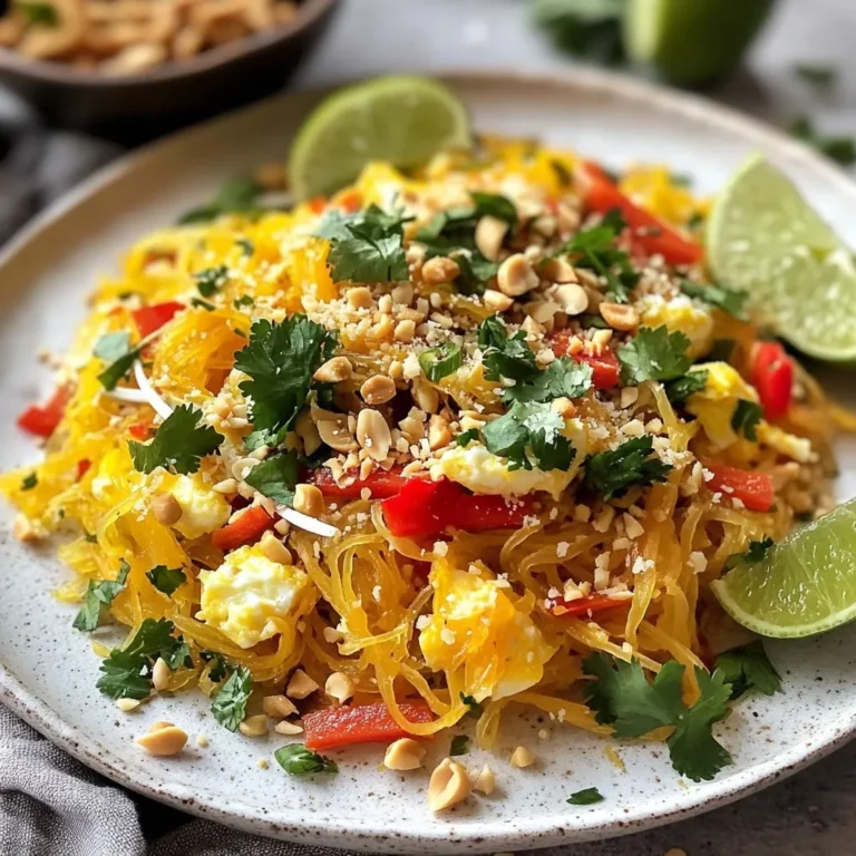 - 1 medium spaghetti squash - 2 tablespoons peanut oil - 2 cloves garlic, minced - 1 red bell pepper, thinly sliced - 1 cup fresh bean sprouts - 2 green onions, sliced (separating the white and green parts) - 2 large eggs, lightly beaten The main ingredients create the base for our dish. The spaghetti squash acts as our noodle substitute. It has a mild taste and absorbs flavors well. Fresh vegetables add crunch and color. Garlic boosts the flavor, while eggs add richness. - 3 tablespoons soy sauce - 1 tablespoon tamarind paste - 1 tablespoon brown sugar - ½ teaspoon red pepper flakes (or to taste) Seasonings bring everything together. Soy sauce adds saltiness. Tamarind paste gives a tangy flavor. Brown sugar balances the taste. Red pepper flakes add heat, making it exciting. Adjust these to suit your taste. - Fresh cilantro, for garnish - Chopped peanuts, for garnish - Lime wedges, for serving Garnishes elevate the dish visually and in flavor. Fresh cilantro adds a burst of freshness. Chopped peanuts provide crunch. Lime wedges offer a zesty kick. Squeeze lime over the top before eating for extra zest. {{ingredient_image_2}} Roasting method First, preheat your oven to 400°F (200°C). Take your medium spaghetti squash and cut it in half lengthwise. Be careful with the knife! Scoop out the seeds with a spoon. Brush the inside with olive oil and sprinkle some salt and pepper. Place the squash cut-side down on a baking sheet lined with parchment paper. Roast it for 35-40 minutes. The flesh should be tender and easy to scrape. How to scrape strands Once the squash cools slightly, grab a fork. Gently pull the flesh to create long spaghetti-like strands. This is the fun part! Set these strands aside while you cook the other ingredients. Heating oil and sautéing garlic In a large skillet or wok, heat 2 tablespoons of peanut oil over medium-high heat. Add 2 cloves of minced garlic and sauté for about 30 seconds. You want the garlic to be fragrant and just golden. Adding bell pepper and onions Next, toss in the thinly sliced red bell pepper and the white parts of the green onions. Stir-fry these for about 3-4 minutes. Keep stirring until the veggies are tender but still a bit crisp. Scrambling eggs Now, push the cooked vegetables to one side of the skillet. Pour in 2 beaten eggs in the empty space. Scramble them until fully cooked, then mix them with the veggies. Making and adding the sauce In a small bowl, whisk together 3 tablespoons of soy sauce, 1 tablespoon of tamarind paste, 1 tablespoon of brown sugar, and ½ teaspoon of red pepper flakes. Pour this sauce over the veggie and egg mix. Stir everything well to coat it evenly. Incorporating bean sprouts and squash Turn off the heat and fold in 1 cup of fresh bean sprouts. Gently toss until the sprouts are just wilted. Finally, add the spaghetti squash strands to the skillet. Fold everything together until it’s well mixed and heated through. How to choose the perfect spaghetti squash When picking a spaghetti squash, look for one that feels heavy. The skin should be firm and free of soft spots. A bright yellow color is best, as it shows ripeness. Ensuring even cooking Cut the squash in half lengthwise to help it cook evenly. Scoop out the seeds to allow the heat to penetrate. Roasting it cut-side down on parchment paper helps prevent sticking and promotes even cooking. Adjusting spice levels If you like heat, add more red pepper flakes. Start with half a teaspoon and taste as you mix. You can always add more, but it’s hard to take heat away! Additional toppings for extra flavor Consider adding fresh herbs like basil or mint for a fresh twist. Chopped peanuts add crunch, while lime juice brightens the dish. Try sesame seeds for a nutty flavor boost. Garnishing ideas To make your dish pop, sprinkle fresh cilantro and chopped peanuts on top. A wedge of lime on the side makes it look inviting. Serving suggestions Twirl the spaghetti strands into a nest on the plate. Let the colorful veggies peek out from the center. This makes for a beautiful and appetizing presentation. Pro Tips Choose the Right Squash: Opt for a medium-sized spaghetti squash that feels heavy for its size. This ensures a better yield of spaghetti-like strands. Customize Your Sauce: Feel free to adjust the soy sauce and tamarind paste according to your taste preferences. A little extra sweetness or acidity can elevate the dish. Keep It Crisp: To maintain the crunchiness of the vegetables, avoid overcooking them. They should be tender yet retain a slight bite. Garnish for Flavor: Don’t skip the garnishes! Fresh cilantro, chopped peanuts, and lime wedges add essential flavor and texture to your Pad Thai. {{image_4}} You can change the protein in this dish easily. Adding shrimp or chicken gives a tasty twist. - Shrimp: Cook shrimp in peanut oil until pink. Toss them in with the veggies. - Chicken: Use cooked chicken. Shred it and mix it in for extra flavor. - Vegetarian options: You can skip meat and add tofu. Firm tofu works best. Cube it and sauté until golden. Feel free to swap out the veggies based on what you have. - Different bell peppers: Use yellow or green bell peppers if you like. They add color and taste. - Incorporating other vegetables: Try adding carrots or snap peas. They add crunch and nutrition. Making this dish gluten-free is simple. - Ensuring gluten-free sauces: Choose gluten-free soy sauce. This keeps the flavor without the gluten. - Alternative noodles if desired: If you want noodles, try rice noodles. They work well and keep it gluten-free. To store leftover Spaghetti Squash Pad Thai, let it cool first. Place it in an airtight container. This keeps out air and moisture. Use glass or plastic containers that seal tightly. I recommend using containers that are microwave-safe for easy reheating. You can freeze Spaghetti Squash Pad Thai for later. Just make sure to cool it down before packing. Place it in freezer-safe bags or containers. Squeeze out excess air to avoid freezer burn. When you're ready to eat, thaw it overnight in the fridge. To reheat, warm it in a skillet on medium heat. Stir it regularly for even heating. In the fridge, Spaghetti Squash Pad Thai lasts about 3 to 5 days. Always check for signs of spoilage. If you see mold or an off smell, it's best to toss it. Freshness is key! The best way to cook spaghetti squash is to roast it. Here’s how: - Preheat your oven to 400°F (200°C). - Cut the squash in half lengthwise and remove the seeds. - Brush the flesh with olive oil and sprinkle with salt and pepper. - Place it cut-side down on a baking sheet lined with parchment paper. - Roast for 35-40 minutes, until tender. This method makes the squash easy to scrape into strands. You can also microwave it for a quicker option, but roasting gives it a fuller flavor. Yes, you can make Spaghetti Squash Pad Thai in advance. Here are some tips: - Roast the spaghetti squash and store it in the fridge. - Cook the sauce and veggies, then keep them separate. - Mix them together just before serving to keep it fresh. This way, you can enjoy a quick meal without sacrificing taste. Just reheat everything gently on the stove. You can easily make this Pad Thai vegetarian with a few swaps: - Replace the eggs with tofu or chickpeas for protein. - Use vegetable broth instead of any meat-based sauces. - Ensure the soy sauce is vegetarian by checking the label. These simple changes keep all the flavors while making it meat-free. Yes, Spaghetti Squash Pad Thai can be gluten-free. Consider these points: - Use gluten-free soy sauce or tamari. - Avoid any sauces that contain wheat. - Check all labels for hidden gluten. These modifications let you enjoy a tasty dish without gluten. Spaghetti Squash Pad Thai is easy and fun to make. You learn about the best ingredients, from fresh veggies to eggs. I shared tips for cooking squash and mixing flavors. You can switch up proteins and veggies to fit your taste. Remember to store leftovers right to enjoy them later. With the right methods, this dish is both tasty and healthy. This recipe supports many diets and is full of flavor. Enjoy cooking your unique version of this dish!
